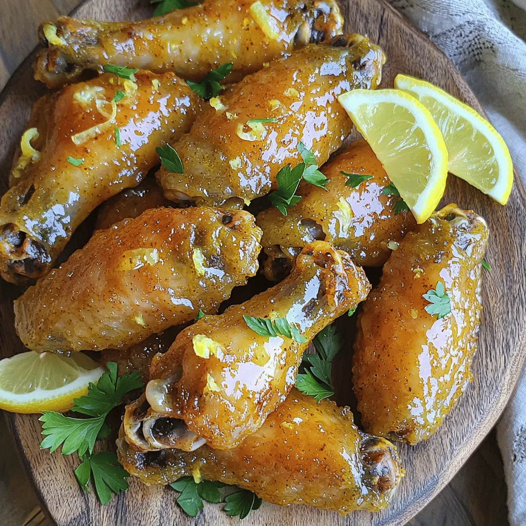 - 2 pounds chicken wings - 1 cup all-purpose flour - 1 tablespoon lemon pepper seasoning I love using fresh chicken wings for this recipe. They are juicy and tender. All-purpose flour helps create the crispy outer layer. Lemon pepper seasoning adds that bright, zesty flavor we all crave. - 1 teaspoon garlic powder - 1 teaspoon onion powder - ½ teaspoon cayenne pepper (optional, for a kick) Garlic powder gives a nice depth. Onion powder adds sweetness. If you enjoy heat, cayenne pepper can spice things up. - ½ cup melted butter - Zest of 1 lemon - Juice of 1 lemon Melted butter makes the sauce rich and smooth. Lemon zest brings out a fresh aroma. Fresh lemon juice adds a tangy kick that balances the flavors perfectly. 1. Preheat your oven to 425°F (220°C). 2. Line a large baking sheet with parchment paper. This makes cleanup easy and helps with sticking. 3. In a big bowl, mix the flour, baking powder, lemon pepper seasoning, garlic powder, onion powder, cayenne pepper, and a pinch of salt. Whisk them well until they blend. 1. Rinse each chicken wing under cold water. 2. Pat them dry with paper towels. This step is key for crispy wings. 3. Toss the dry wings in the flour mixture. Coat them fully and shake off any extra flour. 1. Arrange the wings in a single layer on the baking sheet. Make sure they have space. 2. Bake for 40-45 minutes. Flip the wings halfway through to brown them evenly. 1. While the wings bake, mix melted butter, lemon juice, and lemon zest in a small bowl. Whisk until combined. 1. Once the wings are golden, take them out of the oven. 2. Transfer the wings to a large bowl and pour the lemon butter sauce over them. 3. Toss the wings gently to coat in the sauce. 4. Serve hot, garnished with fresh parsley for color and taste. To get perfectly crispy lemon pepper wings, start by drying your wings. Dry wings allow for better crisping. After rinsing them, pat them with paper towels. This small step makes a big difference. Next, focus on the coating technique. Mix flour and baking powder with care. Toss your wings in this mixture until they are coated evenly. Shake off any extra flour. Too much flour leads to clumps and soggy wings. Want to add some heat? Sprinkle in cayenne pepper. It gives your wings a spicy kick that pairs well with lemon. Adjust the amount to fit your taste. You can also try other seasonings. Garlic powder and onion powder mix well with lemon pepper. Don’t hesitate to get creative with your favorite spices! When serving your wings, arrange them on a colorful platter. Add lemon wedges around the platter. This not only looks nice but adds fresh flavor too. For an extra touch, garnish with chopped parsley. It adds a pop of color and freshness to your dish. Presenting your wings well makes them even more appetizing. {{image_4}} To make spicy lemon pepper wings, add more heat. You can adjust the cayenne pepper in the flour mix. Start with 1 teaspoon for a good kick. If you want it hotter, try using chili powder too. You can also toss the wings in hot sauce after baking. This gives them a bold flavor. You can use different methods to cook your wings. The air fryer is one of my favorites. Preheat your air fryer to 400°F (200°C). Cook the wings for 25-30 minutes, shaking the basket halfway through. This method gives you that crispy texture with less oil. Grilling is another great option. Heat your grill to medium-high. Place the wings on the grill and cook for about 15-20 minutes. Flip them often to avoid burning. You can even add lemon slices on the grill for extra flavor. If you want to change the sauce, there are many options. You can try using honey mustard for a sweet twist. Barbecue sauce also pairs well with lemon pepper. For a tangy flavor, use ranch dressing or a spicy buffalo sauce. Mix and match to find your favorite combination! To keep your crispy lemon pepper wings fresh, use proper storage containers. I recommend airtight containers or resealable bags. Make sure the wings cool completely before sealing them. Place a paper towel inside to absorb extra moisture. This helps keep the wings crispy. When you want to enjoy your leftover wings, reheating is key. The best way to retain crispiness is by using an oven or an air fryer. Preheat the oven to 375°F (190°C). Place the wings on a baking sheet and heat for about 10-15 minutes. If using an air fryer, set it to 375°F (190°C) for 5-7 minutes. Both methods will help keep your wings crunchy. If you want to freeze your wings, it’s easy! First, let them cool completely. Then, place them in a single layer on a baking sheet. Freeze for about an hour. Once they are firm, transfer them to airtight bags. Be sure to remove any air to prevent freezer burn. To thaw, place the wings in the fridge overnight. Then, reheat them as noted above for the best results. Bake your wings for 40 to 45 minutes. This time gives them a nice, golden color. Halfway through, flip them to ensure they cook evenly. This will help them get extra crispy. Yes, you can use frozen wings. Just remember to thaw them first. Thawing helps the wings cook evenly. Pat them dry before coating them. If you skip this step, they may not get crispy. Serve your wings with tasty sides. Here are some great ideas: - Celery sticks - Carrot sticks - Blue cheese dressing - Ranch dressing - Fresh lemon wedges These sides add crunch and flavor to your meal. Enjoy your crispy lemon pepper wings with your favorite dips! This article covered how to make crispy lemon pepper wings. We discussed key ingredients, from chicken wings to our zesty lemon butter sauce. I shared simple steps to prepare, coat, and bake your wings for the best results. You learned effective tips for crispiness and flavor enhancement. Plus, I provided variations and storage advice. Enjoying these wings can be a fun experience. With some practice, you'll master this dish and impress everyone at your next gathering. Enjoy your cooking journey!