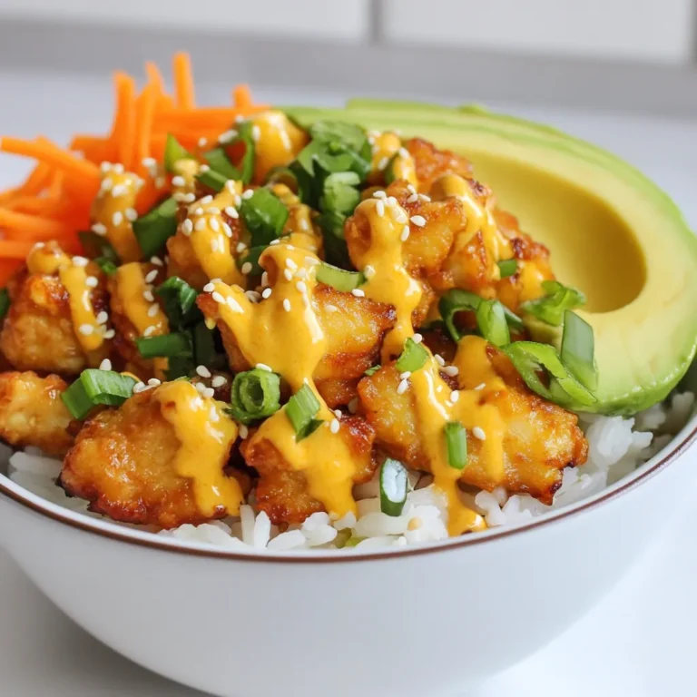 - 2 cups cooked jasmine rice - 1 pound chicken breast, diced into bite-sized pieces - 1/2 cup cornstarch - 1/2 cup all-purpose flour - 1 tablespoon garlic powder - 1 tablespoon onion powder - 1 teaspoon cayenne pepper (adjust to your desired spice level) - Salt and pepper, to taste - 1/4 cup vegetable oil (for frying) - 1/2 cup mayonnaise - 1/4 cup sweet chili sauce - 1 tablespoon sriracha (adjust based on heat preference) - 1 cup green onions, finely chopped - 1 cup shredded carrots - 1 avocado, sliced - Sesame seeds, to garnish You can swap jasmine rice for brown rice or quinoa. These options add more fiber. For the chicken, try tofu for a vegetarian twist. Cornstarch can be replaced with potato starch if needed. Use gluten-free flour for a gluten-free option. If you dislike mayonnaise, Greek yogurt works well in the sauce. You can also adjust spice levels by using milder sauces or skipping the cayenne. Each serving of the Bang Bang Chicken Bowl contains about: - Calories: 600 - Protein: 30g - Carbohydrates: 70g - Fat: 25g - Fiber: 5g This bowl packs a punch of flavor and nutrition. The crispy chicken and fresh veggies give you a tasty meal. Enjoy the crunch from the sesame seeds and the creaminess of avocado. This dish is fun to make and eat! {{ingredient_image_2}} Start with a medium bowl. Add 1/2 cup mayonnaise. Pour in 1/4 cup sweet chili sauce. Then, add 1 tablespoon sriracha. Whisk together until smooth. Set it aside for now. This sauce gives the bowl its rich flavor. In another bowl, mix 1/2 cup cornstarch, 1/2 cup flour, 1 tablespoon garlic powder, and 1 tablespoon onion powder. Add 1 teaspoon cayenne pepper and a pinch of salt and pepper. Stir well to combine. This mix coats the chicken and makes it crispy. Heat 1/4 cup vegetable oil in a large skillet over medium-high heat. When the oil shimmers, it's ready. Take the diced chicken and dredge it in the flour mix. Make sure each piece is well coated. Carefully place the chicken in the hot oil. Fry for 5-7 minutes, until golden brown. Use a slotted spoon to take the chicken out. Let it drain on paper towels. Grab your bowls and start with 2 cups of cooked jasmine rice. Place a scoop of rice in each bowl. Next, add the crispy fried chicken on top. Drizzle the prepared Bang Bang sauce over the chicken. This adds creamy and spicy goodness. Now, add 1 cup of shredded carrots and 1 cup of chopped green onions for color and crunch. Finally, slice an avocado and place it on top. Sprinkle sesame seeds over everything. This adds a nice crunch and makes it look pretty. Enjoy your flavorful Bang Bang Chicken Bowl! To get that perfect crunch, use a good coating. I mix cornstarch with flour. This blend gives the chicken a light, crispy crust. Make sure to coat each piece well. Shake off the extra flour to avoid clumping. Heat the oil until it shimmers before frying. This helps the chicken cook fast and stays crispy. Fry in small batches. This keeps the oil hot and avoids soggy chicken. Want more heat? Add more cayenne pepper or sriracha. Start with a little, and taste as you go. If you want less spice, cut back on these ingredients. The sweet chili sauce adds sweetness, balancing the heat. You can also use a milder sauce if you prefer. Always adjust based on your taste buds. Serve your Bang Bang Chicken Bowl with fresh toppings. I love adding shredded carrots and chopped green onions. They add color and crunch. Slices of avocado give a creamy texture that pairs well. Don’t forget the sesame seeds! They add a nice finish. Enjoy with a side of extra Bang Bang sauce for dipping. Pro Tips Choose the Right Oil: Use oil with a high smoke point like vegetable or peanut oil for frying to achieve a perfect crispy texture. Double-Dip for Extra Crunch: For an even crunchier chicken, dip the coated pieces back into the seasoned flour mixture a second time before frying. Customize Your Heat Level: Adjust the amount of cayenne pepper and sriracha in the Bang Bang sauce to suit your personal spice preference. Let the Chicken Rest: Allow the fried chicken to rest on paper towels for a few minutes after frying to ensure it stays crispy and drains excess oil. {{image_4}} You can enjoy a Bang Bang Chicken Bowl without meat. Swap chicken for crispy tofu or tempeh. Both options soak up flavor well. Use the same seasoning mix for a tasty crunch. For the sauce, keep the mayonnaise or try a vegan mayo. This way, you keep the creamy texture and flavor. You can also add more veggies like bell peppers or zucchini for extra taste. While jasmine rice is classic, you can choose other grains. Quinoa adds a nutty flavor and boosts protein. Brown rice offers more fiber, making it heartier. For a low-carb option, try cauliflower rice. Each grain base brings its own unique flavor and texture. You can even mix grains for added variety! You can play with flavors to suit your taste. For a spicy kick, add more sriracha or chili oil. You can even mix in some diced jalapeños. If you prefer sweet, increase the sweet chili sauce. Adding pineapple chunks can also bring a fresh sweetness. Each twist allows you to explore and enjoy new taste sensations! To keep your Bang Bang Chicken Bowl fresh, store leftovers in an airtight container. Make sure to let the bowl cool down before sealing it. This helps keep the rice fluffy and the chicken crispy. You can store it in the fridge for up to three days. If you have any extra sauce, store it separately to maintain its flavor. When you’re ready to enjoy your leftovers, reheat the rice and chicken in a microwave-safe dish. Cover it with a damp paper towel to keep moisture in. Heat in short bursts of one minute, stirring in between. This keeps the chicken juicy and prevents it from drying out. If you want that crispy texture back, consider using an oven. Preheat it to 350°F (175°C) and place the chicken on a baking sheet for about 10 minutes. If you want to store your Bang Bang Chicken Bowl for longer, freezing is a great option. Place the chicken and rice in separate freezer-safe bags or containers. Make sure to remove as much air as possible. Your meal can last in the freezer for up to three months. When you are ready to eat, thaw in the fridge overnight. Then, reheat as mentioned above. This keeps all the flavors intact. The Bang Bang Chicken Bowl is a tasty dish full of flavors. It has fried chicken pieces, jasmine rice, and a special sauce. The chicken gets crispy from being coated in flour and cornstarch. The sauce is creamy and sweet with a spicy kick from sriracha. You’ll love the crunch of fresh carrots and green onions, plus creamy avocado slices. This bowl is a feast for your eyes and taste buds. Yes, you can easily make this recipe gluten-free. Swap the all-purpose flour for gluten-free flour. You can also use gluten-free cornstarch, which is already a gluten-free option. Make sure the sweet chili sauce and mayonnaise are also gluten-free. This way, you can enjoy a delicious Bang Bang Chicken Bowl without gluten. Many Asian restaurants and trendy eateries serve Bang Bang Chicken Bowls. Look for places that offer Asian fusion dishes. You may find it on the menu under bowls or rice dishes. Some places might even have their own unique twist on this classic bowl. A quick search online can help you find local spots that serve it. You’ve learned about making the Bang Bang Chicken Bowl from start to finish. We covered ingredients, cooking steps, and tips to nail that perfect crunch. I shared various options, catering to different diets, and how to store leftovers. This dish is fun, tasty, and easy to adapt. Whether you want it spicy or sweet, you can make it your own. Now, it’s time to enjoy your delicious creation with friends and family!