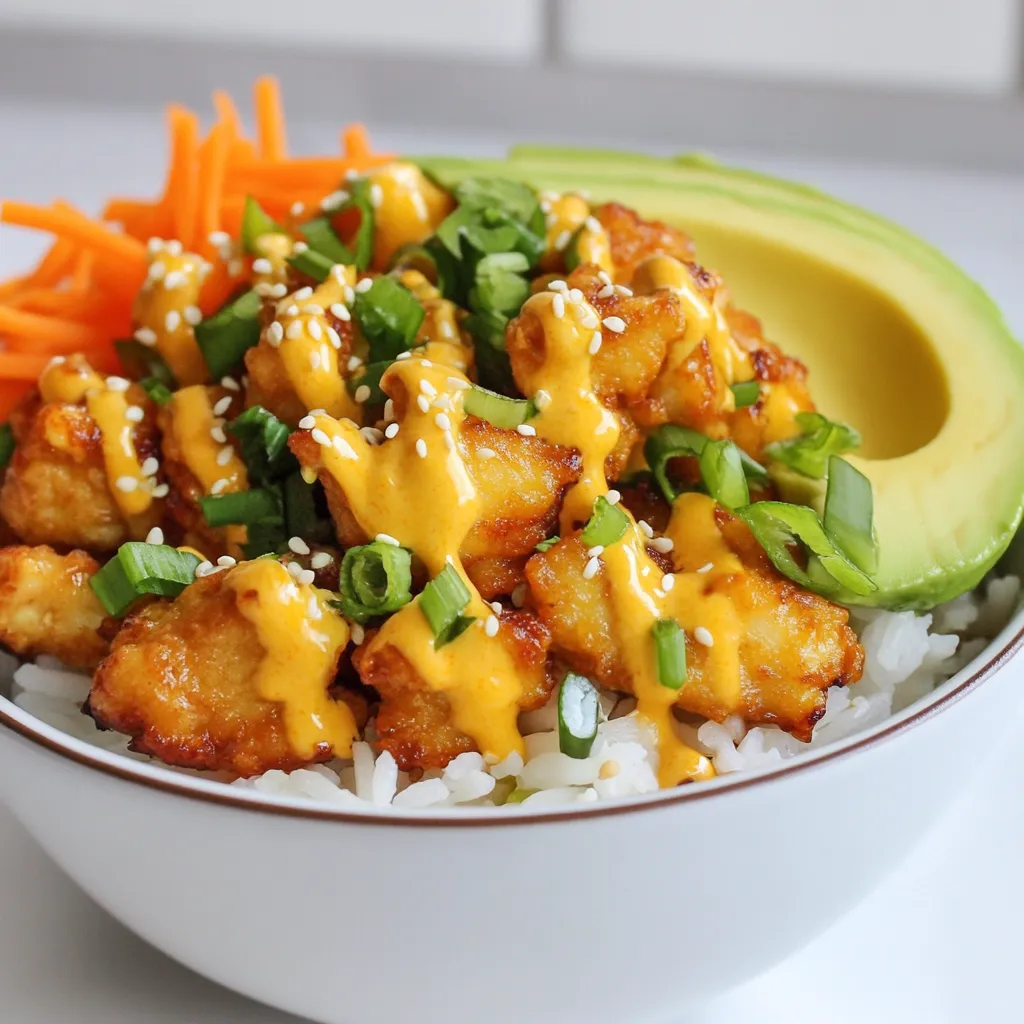 - 2 cups cooked jasmine rice - 1 pound chicken breast, diced into bite-sized pieces - 1/2 cup cornstarch - 1/2 cup all-purpose flour - 1 tablespoon garlic powder - 1 tablespoon onion powder - 1 teaspoon cayenne pepper (adjust to your desired spice level) - Salt and pepper, to taste - 1/4 cup vegetable oil (for frying) - 1/2 cup mayonnaise - 1/4 cup sweet chili sauce - 1 tablespoon sriracha (adjust based on heat preference) - 1 cup green onions, finely chopped - 1 cup shredded carrots - 1 avocado, sliced - Sesame seeds, to garnish You can swap jasmine rice for brown rice or quinoa. These options add more fiber. For the chicken, try tofu for a vegetarian twist. Cornstarch can be replaced with potato starch if needed. Use gluten-free flour for a gluten-free option. If you dislike mayonnaise, Greek yogurt works well in the sauce. You can also adjust spice levels by using milder sauces or skipping the cayenne. Each serving of the Bang Bang Chicken Bowl contains about: - Calories: 600 - Protein: 30g - Carbohydrates: 70g - Fat: 25g - Fiber: 5g This bowl packs a punch of flavor and nutrition. The crispy chicken and fresh veggies give you a tasty meal. Enjoy the crunch from the sesame seeds and the creaminess of avocado. This dish is fun to make and eat! {{ingredient_image_2}} Start with a medium bowl. Add 1/2 cup mayonnaise. Pour in 1/4 cup sweet chili sauce. Then, add 1 tablespoon sriracha. Whisk together until smooth. Set it aside for now. This sauce gives the bowl its rich flavor. In another bowl, mix 1/2 cup cornstarch, 1/2 cup flour, 1 tablespoon garlic powder, and 1 tablespoon onion powder. Add 1 teaspoon cayenne pepper and a pinch of salt and pepper. Stir well to combine. This mix coats the chicken and makes it crispy. Heat 1/4 cup vegetable oil in a large skillet over medium-high heat. When the oil shimmers, it's ready. Take the diced chicken and dredge it in the flour mix. Make sure each piece is well coated. Carefully place the chicken in the hot oil. Fry for 5-7 minutes, until golden brown. Use a slotted spoon to take the chicken out. Let it drain on paper towels. Grab your bowls and start with 2 cups of cooked jasmine rice. Place a scoop of rice in each bowl. Next, add the crispy fried chicken on top. Drizzle the prepared Bang Bang sauce over the chicken. This adds creamy and spicy goodness. Now, add 1 cup of shredded carrots and 1 cup of chopped green onions for color and crunch. Finally, slice an avocado and place it on top. Sprinkle sesame seeds over everything. This adds a nice crunch and makes it look pretty. Enjoy your flavorful Bang Bang Chicken Bowl! To get that perfect crunch, use a good coating. I mix cornstarch with flour. This blend gives the chicken a light, crispy crust. Make sure to coat each piece well. Shake off the extra flour to avoid clumping. Heat the oil until it shimmers before frying. This helps the chicken cook fast and stays crispy. Fry in small batches. This keeps the oil hot and avoids soggy chicken. Want more heat? Add more cayenne pepper or sriracha. Start with a little, and taste as you go. If you want less spice, cut back on these ingredients. The sweet chili sauce adds sweetness, balancing the heat. You can also use a milder sauce if you prefer. Always adjust based on your taste buds. Serve your Bang Bang Chicken Bowl with fresh toppings. I love adding shredded carrots and chopped green onions. They add color and crunch. Slices of avocado give a creamy texture that pairs well. Don’t forget the sesame seeds! They add a nice finish. Enjoy with a side of extra Bang Bang sauce for dipping. Pro Tips Choose the Right Oil: Use oil with a high smoke point like vegetable or peanut oil for frying to achieve a perfect crispy texture. Double-Dip for Extra Crunch: For an even crunchier chicken, dip the coated pieces back into the seasoned flour mixture a second time before frying. Customize Your Heat Level: Adjust the amount of cayenne pepper and sriracha in the Bang Bang sauce to suit your personal spice preference. Let the Chicken Rest: Allow the fried chicken to rest on paper towels for a few minutes after frying to ensure it stays crispy and drains excess oil. {{image_4}} You can enjoy a Bang Bang Chicken Bowl without meat. Swap chicken for crispy tofu or tempeh. Both options soak up flavor well. Use the same seasoning mix for a tasty crunch. For the sauce, keep the mayonnaise or try a vegan mayo. This way, you keep the creamy texture and flavor. You can also add more veggies like bell peppers or zucchini for extra taste. While jasmine rice is classic, you can choose other grains. Quinoa adds a nutty flavor and boosts protein. Brown rice offers more fiber, making it heartier. For a low-carb option, try cauliflower rice. Each grain base brings its own unique flavor and texture. You can even mix grains for added variety! You can play with flavors to suit your taste. For a spicy kick, add more sriracha or chili oil. You can even mix in some diced jalapeños. If you prefer sweet, increase the sweet chili sauce. Adding pineapple chunks can also bring a fresh sweetness. Each twist allows you to explore and enjoy new taste sensations! To keep your Bang Bang Chicken Bowl fresh, store leftovers in an airtight container. Make sure to let the bowl cool down before sealing it. This helps keep the rice fluffy and the chicken crispy. You can store it in the fridge for up to three days. If you have any extra sauce, store it separately to maintain its flavor. When you’re ready to enjoy your leftovers, reheat the rice and chicken in a microwave-safe dish. Cover it with a damp paper towel to keep moisture in. Heat in short bursts of one minute, stirring in between. This keeps the chicken juicy and prevents it from drying out. If you want that crispy texture back, consider using an oven. Preheat it to 350°F (175°C) and place the chicken on a baking sheet for about 10 minutes. If you want to store your Bang Bang Chicken Bowl for longer, freezing is a great option. Place the chicken and rice in separate freezer-safe bags or containers. Make sure to remove as much air as possible. Your meal can last in the freezer for up to three months. When you are ready to eat, thaw in the fridge overnight. Then, reheat as mentioned above. This keeps all the flavors intact. The Bang Bang Chicken Bowl is a tasty dish full of flavors. It has fried chicken pieces, jasmine rice, and a special sauce. The chicken gets crispy from being coated in flour and cornstarch. The sauce is creamy and sweet with a spicy kick from sriracha. You’ll love the crunch of fresh carrots and green onions, plus creamy avocado slices. This bowl is a feast for your eyes and taste buds. Yes, you can easily make this recipe gluten-free. Swap the all-purpose flour for gluten-free flour. You can also use gluten-free cornstarch, which is already a gluten-free option. Make sure the sweet chili sauce and mayonnaise are also gluten-free. This way, you can enjoy a delicious Bang Bang Chicken Bowl without gluten. Many Asian restaurants and trendy eateries serve Bang Bang Chicken Bowls. Look for places that offer Asian fusion dishes. You may find it on the menu under bowls or rice dishes. Some places might even have their own unique twist on this classic bowl. A quick search online can help you find local spots that serve it. You’ve learned about making the Bang Bang Chicken Bowl from start to finish. We covered ingredients, cooking steps, and tips to nail that perfect crunch. I shared various options, catering to different diets, and how to store leftovers. This dish is fun, tasty, and easy to adapt. Whether you want it spicy or sweet, you can make it your own. Now, it’s time to enjoy your delicious creation with friends and family!