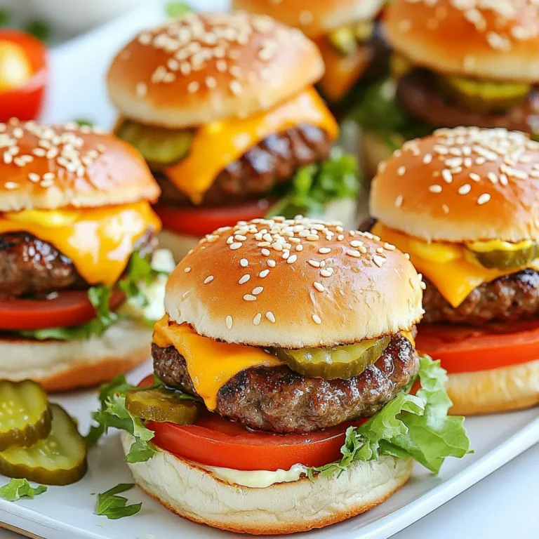 To make Big Mac sliders, gather these fresh and tasty ingredients: - Ground beef, seasonings, and condiments - 1 pound ground beef - 1 teaspoon garlic powder - 1 teaspoon onion powder - 1 teaspoon smoked paprika - Salt and pepper to taste - ¼ cup mayonnaise - 2 tablespoons ketchup - 1 tablespoon yellow mustard - Slider buns and cheese details - 8 slider buns - 4 slices of cheddar cheese, each halved - Fresh toppings and garnish options - 1 cup shredded lettuce - ½ cup diced pickles - ½ cup diced tomatoes - Sesame seeds (for garnish) These ingredients come together to create sliders that are full of flavor. The beef mixture is seasoned perfectly, while the toppings add crunch and freshness. Use fresh ingredients for the best taste. Enjoy these sliders as a fun snack or a meal any day! {{ingredient_image_2}} 1. Preheat the Oven: Start by setting your oven to 350°F (175°C). This helps the sliders cook evenly. Line a baking dish with parchment paper. This keeps the sliders from sticking. 2. Mixing the Ground Beef: In a large bowl, combine 1 pound of ground beef with 1 teaspoon each of garlic powder, onion powder, and smoked paprika. Add salt and pepper to taste. Mix gently with your hands or a spoon. Make sure not to overmix. This keeps the patties tender and juicy. 3. Forming and Cooking the Slider Patties: Divide the beef mixture into 8 equal parts. Shape each part into small patties. Make them a bit bigger than the buns. They will shrink while cooking. Heat a skillet over medium-high heat. Cook the patties for 3-4 minutes on each side. They should be nicely browned and cooked through. In the last minute of cooking, place a half slice of cheddar cheese on each patty. This will melt perfectly. 1. Slicing the Buns: Take 8 slider buns and slice them in half horizontally. Spread a layer of mayonnaise on the bottom half of each bun. This adds creaminess and flavor. 2. Adding Patties and Toppings: On each bun bottom, place a hot cheeseburger patty. Drizzle with ketchup and yellow mustard. Top with shredded lettuce, diced pickles, and diced tomatoes. These fresh toppings give a nice crunch. 1. Baking Time and Temperature: Place the assembled sliders in the preheated oven. Bake for about 10 minutes. The buns should be golden and warm. Be careful not to dry them out. 2. Serving Suggestions and Presentation Tips: Once baked, remove the sliders from the oven. Let them cool for a minute. Serve warm on a large platter. You can garnish with extra cucumber slices and cherry tomatoes. This makes the dish look inviting. Consider serving with small cups of extra sauces for dipping. - Ensuring perfectly cooked patties: Cook the patties for 3-4 minutes on each side over medium-high heat. Use a meat thermometer to check for doneness. Aim for 160°F (71°C) to ensure they are safe to eat. - Cheese melting techniques: Add cheese during the last minute of cooking. Cover the skillet with a lid to trap heat, helping the cheese melt evenly. - Best accompaniments for sliders: Pair your sliders with crispy fries or onion rings. A side salad adds freshness too. - Creative presentation ideas: Arrange sliders on a large platter. Garnish with cucumber slices and cherry tomatoes. Use small cups for dipping sauces to make it fun. - Overmixing the beef: Mix the beef just until combined. Overmixing makes the patties tough. - Cooking patties unevenly: Make sure your skillet is hot before adding the patties. This helps them cook evenly and develop a nice crust. Pro Tips Don’t Overmix the Beef: Mix the ground beef just until the spices are incorporated to keep your patties tender and juicy. Cheese Melting Hack: Cover the skillet with a lid for the last minute of cooking to help the cheese melt evenly over the patties. Customize Your Toppings: Feel free to add other toppings like crispy bacon, onions, or jalapeños for an extra kick or flavor. Keep Buns Fresh: To prevent the slider buns from getting soggy, toast them lightly before assembling the sliders. {{image_4}} If you want a lighter slider, try lean beef. Ground turkey or chicken works well too. These alternatives cut down on fat while keeping the flavor. For a plant-based option, use black beans or chickpeas. You can mash and season them just like beef. This makes a tasty vegan slider that everyone can enjoy. To make your sliders pop, add spices to the beef mix. A dash of cayenne gives a nice kick. You can also create a secret sauce by mixing mayo, ketchup, and spices. This adds creaminess and flavor. Don't forget toppings! Try avocado, jalapeños, or crispy onions. Each adds a unique twist to your sliders. You can cook sliders in different ways. Grilling gives a smoky flavor, perfect for summer. Just keep an eye on the heat to avoid burning. If you prefer, skillet cooking is quick and easy. Simply brown the patties in a non-stick pan. You can also bake them in the oven. This method is great for cooking many sliders at once. Just watch for the buns to turn golden. To keep your Big Mac sliders fresh, store them in the fridge. Place them in an airtight container. This method helps keep the flavors intact. You can also wrap them tightly in plastic wrap. For best taste, eat them within three days. For reheating, you have a few options. You can use the microwave, but this may make the buns chewy. A better choice is the oven. Preheat it to 350°F (175°C) and warm the sliders for about 10 minutes. This keeps the buns soft and the cheese melty. If you want to keep your sliders longer, freezing is a great option. To freeze, wrap each slider in plastic wrap. Then place them in a freezer-safe bag. This helps prevent freezer burn. You can freeze them for up to three months. When you’re ready to eat, thaw them overnight in the fridge. After thawing, you can reheat them in the oven. This keeps the texture and flavor nice. Avoid using the microwave to thaw, as it can make them soggy. In the fridge, your Big Mac sliders last about three days. In the freezer, they can last up to three months. Always check for signs of spoilage before eating. Look for mold or an off smell. If you notice any, it’s best to throw them away to stay safe. What can I substitute for ground beef? You can use ground turkey or chicken instead of ground beef. These meats are leaner but still tasty. For a vegetarian option, try black beans or lentils. They pack flavor and protein. You can also use plant-based meat alternatives that mimic beef. Can I make sliders ahead of time? Yes, you can! Prepare the patties and buns in advance. Store the patties in the fridge for up to 24 hours. You can also assemble the sliders and cover them tightly. Just bake them right before serving. How do I ensure sliders are juicy? To keep sliders juicy, do not overmix the beef. Mix just until combined. Form the patties gently, making them slightly larger than the buns. Cook them on medium heat to avoid drying out. Add cheese near the end of cooking for extra creaminess. What is the nutritional value of these sliders? Each slider has about 200 calories, depending on toppings. They include protein from beef and cheese. The veggies add vitamins and fiber. Check the labels of condiments for added sugars and calories. Where can I buy ingredients? Most ingredients are at your local grocery store. Check the meat section for ground beef. You can find slider buns in the bread aisle. Fresh toppings like lettuce and tomatoes are usually near the produce section. Typical pricing for slider ingredients and variations Ground beef costs around $5-$7 per pound. Slider buns are about $3 for a pack of 8. Cheese slices can be $2-$4. Fresh veggies are usually $1-$3 each. Prices may vary based on your location and store. We covered how to make delicious sliders step by step. You learned about the key ingredients, preparation methods, and cooking tips. I also shared variations to suit different diets. Remember, the right toppings and cooking techniques make your sliders shine. Enjoy making these tasty treats at home. With practice, you’ll perfect your slider skills and impress your friends and family. Happy cooking!