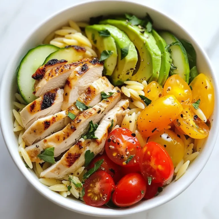 - 1 cup orzo pasta - 2 cups chicken broth - 2 boneless, skinless chicken breasts - 1 cup cherry tomatoes, halved - 1 ripe avocado, sliced - 1 cup fresh baby spinach - 1/2 cucumber, diced - 1/2 small red onion, finely chopped - 1 tablespoon olive oil - 1 tablespoon freshly squeezed lemon juice The main ingredients in this dish create a mix of flavors and textures. Orzo pasta serves as a hearty base, while the chicken provides protein. Fresh vegetables add crunch and brightness, making every bite exciting. - Salt and freshly ground pepper - Fresh herbs, such as parsley or basil, for garnish Seasonings elevate the dish. Salt and pepper enhance all the flavors. Fresh herbs add a pop of color and a fragrant finish. Chicken Orzo Power Bowl is not just tasty; it's also nutritious. - Caloric breakdown per serving: This bowl contains about 450 calories per serving. - Macronutrient content: Each serving has around 30g of protein, 15g of fat, and 50g of carbs. This meal provides a balanced mix of nutrients that keep you full and energized. You can enjoy it for lunch or dinner, knowing you're fueling your body well. {{ingredient_image_2}} Start by bringing 2 cups of chicken broth to a boil in a medium saucepan. This step ensures that the orzo cooks evenly. Once the broth is bubbling, add 1 cup of orzo pasta. Reduce the heat to medium and let it cook for about 8-10 minutes. You want the orzo to be al dente, which means it should still have a slight bite. After cooking, strain the orzo in a colander and set it aside. While the orzo cooks, season both sides of 2 boneless, skinless chicken breasts with salt and freshly ground pepper. Heat 1 tablespoon of olive oil in a skillet over medium heat. Add the seasoned chicken breasts when the oil shimmers. Cook for about 6-7 minutes on each side. The chicken should turn golden brown and reach an internal temperature of 165°F. After cooking, let the chicken rest for 5 minutes before slicing it into strips. In a large mixing bowl, combine 1 cup of halved cherry tomatoes, 1/2 diced cucumber, and 1/2 small finely chopped red onion. This mix adds freshness and crunch. Drizzle the veggies with 1 tablespoon of freshly squeezed lemon juice. Season with a pinch of salt and pepper. Gently toss everything together to blend the flavors. To create your power bowls, start with a portion of cooked orzo at the bottom of each bowl. Layer in fresh baby spinach next. Add the sliced chicken on top, followed by the vibrant tomato-cucumber mixture. Finally, artfully arrange slices of 1 ripe avocado on top. This layering makes the bowl look colorful and inviting. Finish your power bowls by garnishing with fresh herbs, like parsley or basil. This adds a burst of flavor and a pop of color. For extra richness, drizzle a little olive oil on top before serving. You can enjoy this dish warm or at room temperature, making it a great choice for any meal. - Pre-cooking orzo and chicken: You can cook the orzo and chicken ahead of time. Cook the orzo in chicken broth for extra flavor. Store both in separate containers. This saves time on busy nights. - Storing chopped vegetables in advance: Chop your vegetables like cucumbers and tomatoes early in the week. Store them in the fridge in airtight containers. This keeps them fresh and ready to use. - Ensuring chicken is cooked safely: Cook the chicken until it reaches 165°F (75°C). Use a meat thermometer to check the temperature. This ensures it’s safe to eat. - Making the orzo al dente: Cook the orzo for 8-10 minutes. It should be firm when bitten. Drain it promptly to stop cooking. - Adding extra spices or ingredients: Feel free to add spices like garlic powder or paprika. You can also toss in some roasted red peppers or olives for more flavor. - Suggestions for vinaigrettes or dressings: A simple lemon vinaigrette works wonders. Mix olive oil, lemon juice, salt, and pepper. You can also try a balsamic dressing for a sweet touch. Pro Tips Rest the Chicken: Allowing the chicken to rest for a few minutes after cooking helps retain its juices, ensuring each bite is tender and flavorful. Flavorful Broth: For even more depth of flavor, consider using homemade chicken broth or adding herbs like thyme or rosemary to the broth while cooking the orzo. Customizable Veggies: Feel free to add or substitute with other vegetables like bell peppers or zucchini based on your preference or seasonal availability. Perfect Avocado: Choose an avocado that is slightly soft to the touch but not overly mushy for the best texture and flavor in your power bowl. {{image_4}} You can swap out chicken for turkey or tofu. Turkey gives a leaner taste. Tofu provides a great plant-based choice. For seafood lovers, grilled shrimp makes a tasty substitute. Shrimp cooks quickly and adds a fresh flavor. Feel free to use seasonal vegetables. Zucchini, bell peppers, or asparagus work well. You can also add or replace leafy greens. Kale or Swiss chard can boost nutrition and flavor. If you need gluten-free options, look for gluten-free orzo. Many brands offer this choice now. For vegan adaptations, replace chicken with extra firm tofu. You can also skip the chicken broth and use vegetable broth instead. This keeps it plant-based while still flavorful. After enjoying your Chicken Orzo Power Bowl, store any leftovers in an airtight container. This keeps the meal fresh and tasty. Place it in the fridge within two hours of cooking. You can store the leftovers for up to three days. Make sure to keep the avocado separate to avoid browning. To reheat, I recommend using the microwave for convenience. Place the bowl in a microwave-safe dish. Cover it with a damp paper towel to keep moisture in. Heat for about one to two minutes, stirring halfway. This helps maintain the texture of the orzo and chicken. You can also reheat on the stove. Simply add a splash of chicken broth to a skillet and heat over medium. Stir until warmed through. If you want to store the Chicken Orzo Power Bowl for longer, freezing is a great option. I suggest freezing individual servings. Use freezer-safe containers or bags. Press out any air to prevent freezer burn. You can freeze it for up to three months. To defrost, place it in the fridge overnight. For quicker defrosting, use the microwave on the defrost setting. This keeps the flavors and texture intact, ready for a quick meal. It takes about 40 minutes to make Chicken Orzo Power Bowl. You’ll spend around 20 minutes prepping the ingredients. Cooking the orzo and chicken takes about 20 minutes. This quick time makes it perfect for a weeknight meal. Yes, you can use other pasta types. Try whole wheat pasta for a healthier option. You can also use quinoa or rice for a gluten-free choice. Just adjust the cooking time according to the pasta type you choose. To make this bowl vegetarian, replace chicken with chickpeas or tofu. Use vegetable broth instead of chicken broth. Add more veggies like bell peppers or zucchini for extra flavor. This keeps it hearty and satisfying. This bowl pairs well with a light salad or roasted veggies. You can also serve it with crusty bread or a fruit salad. These sides add variety and balance to your meal. Yes, you can prepare this bowl in advance. Cook the orzo and chicken ahead of time. Store them separately in the fridge. Chop the veggies and keep them ready. Just mix everything when you’re ready to eat! This blog post covered all the key parts of making a Chicken Orzo Power Bowl. We looked at main ingredients like orzo, chicken, and fresh veggies. You learned step-by-step instructions to prepare and assemble your dish. I shared tips for meal prep and flavor tweaks. We also explored variations to suit any diet. In the end, this dish is simple and flexible. You can enjoy it fresh or saved for later. Get creative, and make it your own. Happy cooking!