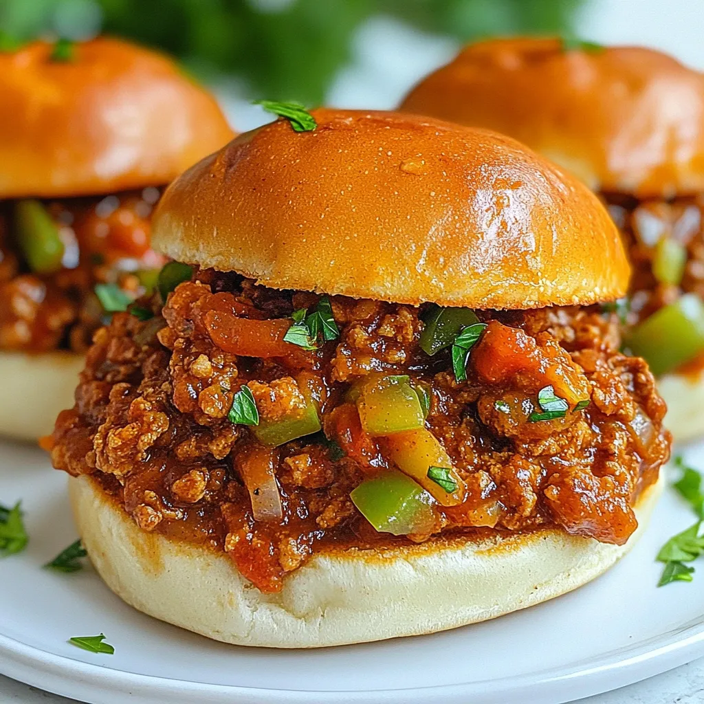 To make Cajun Chicken Sloppy Joes, gather these key ingredients: - 1 lb ground chicken - 1 medium onion, finely chopped - 1 green bell pepper, diced - 2 cloves garlic, minced - 1 tablespoon Cajun seasoning - 1 teaspoon smoked paprika - 1 can (15 oz) crushed tomatoes - 2 tablespoons tomato paste - 1 tablespoon Worcestershire sauce (non-alcoholic) - 1 tablespoon olive oil - Salt and pepper to taste - 4 hamburger buns - Chopped parsley for garnish You can add a few extra ingredients to boost the taste: - Hot sauce for a spicy kick - Sliced jalapeños for crunch - Shredded cheese for creaminess - Chopped green onions for freshness If you’re missing an ingredient, here are some easy swaps: - Use ground turkey instead of chicken for a lighter option. - Replace green bell pepper with red or yellow for a sweeter taste. - Swap crushed tomatoes with diced tomatoes if you prefer chunks. - Use BBQ sauce instead of Worcestershire sauce for a different flavor. These ingredients create a base for a dish that is both tasty and easy to make. The optional ingredients will help personalize your meal. Don't hesitate to experiment! {{ingredient_image_2}} 1. Gather your ingredients. You need ground chicken, onion, green bell pepper, garlic, Cajun seasoning, smoked paprika, crushed tomatoes, tomato paste, Worcestershire sauce, olive oil, salt, and pepper. 2. Chop the onion and bell pepper. Use a sharp knife to finely chop the onion and dice the green bell pepper. 3. Mince the garlic. Take two cloves and chop them finely. This will add great flavor. 4. Get your tools ready. You’ll need a large skillet, a wooden spoon, and a cutting board. 1. Heat olive oil. Pour the oil into a large skillet over medium heat until it shimmers. 2. Sauté the veggies. Add the chopped onion and bell pepper. Cook for about 5 minutes until they soften. 3. Add garlic. Stir in the minced garlic and cook for one more minute. Enjoy the aroma! 4. Cook the chicken. Add ground chicken to the skillet. Break it apart with the wooden spoon as it cooks for 6-8 minutes. Ensure it's browned and fully cooked. 5. Season the chicken. Sprinkle Cajun seasoning and smoked paprika. Stir well to coat the chicken evenly. 6. Mix in tomatoes and sauce. Pour in crushed tomatoes, tomato paste, and Worcestershire sauce. Stir everything to combine. 7. Simmer the mixture. Lower the heat and let it cook for 10-15 minutes. This helps the flavors mix well. Taste and season with salt and pepper as needed. 8. Toast the buns. While the filling cooks, toast hamburger buns until they are golden. You can use a skillet or toaster. 9. Assemble your sandwiches. Spoon the Cajun chicken mix onto the bottom half of each toasted bun. Top them with the other half of the bun. - Presentation is key. Serve your Cajun Chicken Sloppy Joes on a rustic platter. - Garnish with parsley. Sprinkle chopped parsley on top for a fresh look. - Pair with sides. Enjoy with crispy sweet potato fries or a fresh garden salad for a complete meal. To make the best Cajun Chicken Sloppy Joes, focus on the spices. The Cajun seasoning gives a bold taste. Use fresh ingredients for the best flavor. I recommend using fresh garlic and a ripe onion. Sauté the veggies until soft. This step adds sweetness and depth. Also, let the mixture simmer. This allows the flavors to blend well. Don't forget to taste and adjust the salt and pepper. This makes a big difference! One common mistake is not browning the chicken well. If the chicken stays pale, it lacks flavor. Another mistake is rushing the cooking time. Give your dish at least 10-15 minutes to simmer. Avoid using stale buns. Fresh, toasted buns are key for texture. Lastly, don’t skip the Worcestershire sauce. It adds a unique umami flavor that is hard to replace. To save time, you can prep the veggies ahead. Chop the onion and bell pepper the night before. Store them in an airtight container. You can also cook the chicken mixture in advance. Just reheat it on the stove when you are ready to serve. If you want to make this dish in bulk, double the recipe. Cajun Chicken Sloppy Joes freeze well. Just make sure to cool the mixture before freezing it. Pro Tips Use Fresh Ingredients: Fresh vegetables and herbs can significantly enhance the flavor of your Cajun Chicken Sloppy Joes. Opt for locally sourced produce when possible. Adjust Spice Level: If you prefer a milder taste, reduce the Cajun seasoning or add a bit of sugar to balance the heat. Conversely, add extra seasoning for a spicier kick. Experiment with Toppings: Consider adding sliced jalapeños, pickles, or a drizzle of hot sauce on top of your Sloppy Joes for added texture and flavor. Make it Ahead: This dish can be made in advance and stored in the refrigerator for up to three days. Reheat it on the stove for a quick and satisfying meal. {{image_4}} To spice up your Cajun Chicken Sloppy Joes, you can add more heat. Use extra Cajun seasoning or add chopped jalapeños. You can also mix in some hot sauce while cooking. This will give your dish a nice kick. For a fiery twist, try using spicy sausage instead of ground chicken. The flavor will be bold and exciting! You can create a vegetarian version of this dish easily. Substitute the ground chicken with lentils or black beans. Cook the lentils until tender, or use canned beans for convenience. Add the same onions, peppers, and spices for flavor. You can also include mushrooms for a meaty texture. This option makes a hearty and tasty meal without meat. Cajun Chicken Sloppy Joes are versatile. Try serving the mixture over rice or with tortilla chips. You can also use it as a filling for tacos or burritos. For a lighter option, serve it in lettuce wraps. Each option gives a new twist to the classic recipe. Don't forget to garnish with fresh parsley for color and flavor! Store your leftover Cajun chicken sloppy joes in an airtight container. Make sure to let them cool down first. Place the mixture in the fridge. It will stay fresh for up to three days. Keep the buns separate to avoid sogginess. This way, they remain crispy and tasty. To reheat, warm the chicken mixture on the stove over low heat. Stir it often to ensure even heating. You can also microwave it for about one to two minutes. If you use a microwave, cover it to keep moisture in. Once hot, serve it on toasted buns for the best taste. If you want to freeze the chicken mixture, place it in a freezer-safe container. Seal it tightly to prevent freezer burn. It can last for up to three months. When ready to eat, thaw it in the fridge overnight. Reheat it as mentioned before for a quick meal. You can serve these tasty sandwiches with many sides. Here are some great options: - Crispy sweet potato fries - Fresh garden salad - Coleslaw for crunch - Potato chips for a fun snack - Pickles for a tangy bite These sides will make your meal more fun and filling. Yes, you can! This recipe is flexible. You can use: - Ground turkey for a leaner option - Ground beef for a richer taste - Pulled pork for a unique twist Just adjust cooking times as needed to ensure your meat is cooked well. Cajun Chicken Sloppy Joes last about three to four days in the fridge. Store the filling in a separate container from the buns. This keeps the buns fresh and prevents them from getting soggy. When you're ready to eat, just reheat the filling and assemble your sandwich. Enjoy! Cajun Chicken Sloppy Joes are a fun and tasty meal. We discussed the key ingredients, including options for extra flavor. I shared simple steps for prep and cooking, plus tips to make them perfect. You learned about delicious variations, how to store leftovers, and answers to common questions. In closing, enjoy experimenting with this recipe and make it your own. The right mix of ingredients can truly enhance your meal. Enjoy every bite!