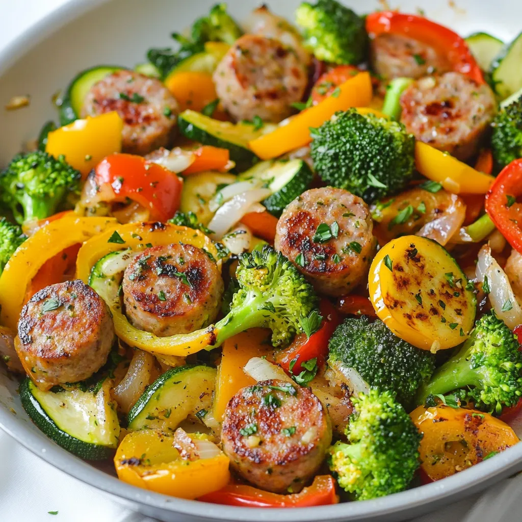 - 2 lean turkey or chicken sausages, sliced into bite-sized pieces - 1 red bell pepper, chopped - 1 yellow bell pepper, chopped - 1 zucchini, sliced into half-moons - 1 cup broccoli florets - 1 small red onion, thinly sliced - 2 cloves garlic, minced - 1 tablespoon olive oil - 1 teaspoon Italian seasoning blend - ½ teaspoon smoked paprika - Salt and freshly ground black pepper to taste - Fresh parsley, finely chopped (for garnish) Gathering the right ingredients is key for a great dish. Choose lean turkey or chicken sausages for a healthier protein. Fresh vegetables add color and nutrients. Bell peppers, zucchini, and broccoli bring a nice mix of flavors and textures. Don’t forget the garlic and onion for depth. The olive oil helps cook everything just right. Italian seasoning and smoked paprika add warmth and zest. Finally, salt and pepper enhance flavors. Fresh parsley not only looks good but also adds freshness. With this list, you're ready to create a fantastic, healthy dinner! {{ingredient_image_2}} - Washing and Chopping Vegetables Start by washing all your vegetables under cool water. This step is key for keeping them clean. Chop the red and yellow bell peppers into small pieces. Slice the zucchini into half-moons. Cut the broccoli into small florets. This makes them easier to cook and eat. - Slicing Sausages Take your turkey or chicken sausages and slice them into bite-sized pieces. This helps them cook faster and blend well with the veggies. - Heating the Pan Grab a large skillet or sauté pan. Pour in 1 tablespoon of olive oil. Heat it over medium heat until it shimmers. This means it's ready for cooking. - Cooking the Sausage Add the sliced sausages to the hot pan. Cook them for about 4-5 minutes. Stir them occasionally until they turn golden brown. This step adds a nice flavor. - Adding Aromatics and Vegetables Once the sausages are cooked, add 2 cloves of minced garlic and the sliced red onion. Sauté these for about 2 minutes. You want the onion to become soft and fragrant. - Completing the Dish Now, stir in the chopped red and yellow bell peppers, zucchini, and broccoli. Sprinkle in 1 teaspoon of Italian seasoning and ½ teaspoon of smoked paprika. Season with salt and pepper. Cook everything together for 8-10 minutes. Stir often until the veggies are tender-crisp and the sausage is fully cooked. After this, your Healthy Sausage and Veggies is ready to serve! Achieving Tender-Crisp Vegetables To get tender-crisp veggies, don't overcook them. Stir-fry the vegetables for about 8-10 minutes. This keeps them vibrant and slightly crunchy. Start with the harder veggies, like broccoli. Add the softer ones, like bell peppers, later. This helps all the vegetables cook evenly. Ensuring Sausage is Fully Cooked Cook the sausage until it is golden brown and heated through. This usually takes about 4-5 minutes. Stir often to cook evenly. Always check that the sausage reaches an internal temperature of 165°F. This ensures safety and great flavor in your dish. Garnishing Ideas A sprinkle of fresh parsley adds color and flavor. You can also use some grated Parmesan cheese for a savory touch. If you like heat, add a pinch of red pepper flakes. These simple garnishes can elevate your meal. Plating Tips Serve the stir-fry in shallow bowls. This allows you to show off the bright colors of the veggies. For a fun twist, layer the ingredients in the bowl. Start with a bed of veggies and top with sausage. This makes each bite a delight! Pro Tips Choose Your Sausage Wisely: Opt for lean turkey or chicken sausages that are seasoned well for maximum flavor without excess fat. Cut Vegetables Evenly: Ensure all vegetables are cut to a similar size to promote even cooking and achieve that perfect tender-crisp texture. Mind the Heat: Cooking over medium heat allows the sausage to brown nicely while preventing the vegetables from overcooking. Garnish for Freshness: A sprinkle of fresh parsley not only adds color but also enhances the overall flavor profile of the dish. {{image_4}} - Alternative Sausages for Healthier Options You can swap turkey sausage for chicken sausage. Chicken sausage has less fat. For a plant-based choice, try vegan sausages. They add flavor without meat. Look for options that are low in sodium and sugar. - Other Vegetable Combinations Feel free to mix in your favorite veggies. Carrots, green beans, or snap peas work well. You can also add spinach or kale for more greens. Just remember to adjust cooking time for softer vegetables. - Gluten-Free Options This dish is naturally gluten-free if you use gluten-free sausages. Always check the labels. Use gluten-free soy sauce or tamari for added flavor if desired. - Vegetarian Alternatives To make this dish vegetarian, skip the sausage. Use tempeh or tofu instead. Slice them into bite-sized pieces and sauté until golden. This keeps the dish hearty and filling without meat. - Refrigeration Guidelines: - Let the dish cool down to room temperature. - Transfer leftovers to an airtight container. - Store in the fridge for up to 3 days. - Freezing Instructions: - Cool the dish completely before freezing. - Use freezer-safe containers or bags. - Label with the date. - Store for up to 3 months. - Best Methods for Reheating: - For stovetop, heat in a skillet over medium heat. - For microwave, use a microwave-safe dish and cover. - Tips to Maintain Texture: - Add a splash of water or broth while reheating. - Stir occasionally to heat evenly. - Avoid overheating to keep the veggies crisp. This dish has about 300 calories per serving. A lot of this comes from the turkey sausage and veggies. Turkey sausage is leaner than pork sausage. It gives you protein without too many calories. The veggies add fiber and vitamins but are low in calories. This meal is a great choice if you watch your calories. Yes, you can make this recipe ahead. Cook the sausage and veggies, then cool them down. Store them in the fridge for up to three days. When you are ready to eat, simply reheat in a pan. It will save you time on busy nights. You can use many types of veggies in this stir-fry. Here are some ideas: - Carrots, sliced thin - Snap peas, whole - Cauliflower, cut into florets - Spinach, added last To spice up your dish, try adding ginger or chili flakes. These can bring a new taste to your stir-fry. You can also switch the Italian seasoning for a curry blend for a different flavor. If you like it mild, skip the chili flakes. For more heat, add a pinch more. You can also serve with hot sauce on the side. This way, everyone can adjust to their liking. This blog post covered how to make a tasty dish with turkey or chicken sausages and fresh veggies. You learned about the key ingredients, cooking steps, and helpful tips for great texture. We explored variations for dietary needs and how to store leftovers safely. With these easy instructions, you can create a delicious meal that suits your taste. Try out the ideas and make it your own. Enjoy cooking and sharing this dish with others!