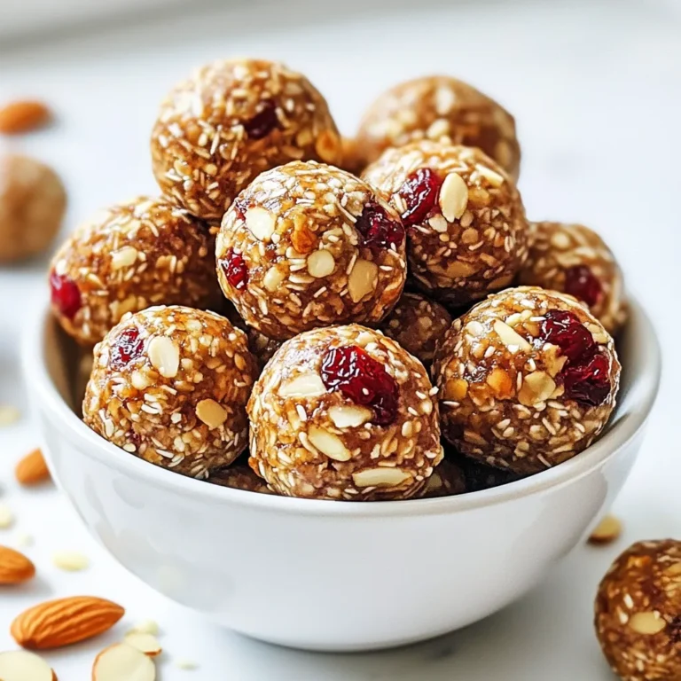 - 1 cup rolled oats - 1/2 cup creamy almond butter - 1/4 cup honey or maple syrup - 1/2 cup dried cranberries, finely chopped - 1/4 cup almond slices - 1/2 teaspoon vanilla extract - 1/4 teaspoon ground cinnamon - Pinch of sea salt The ingredients in these cranberry almond energy balls are simple and wholesome. Each one plays a role in creating a tasty and healthy snack. - Rolled oats provide fiber and help keep you full. - Creamy almond butter adds healthy fats and a rich flavor. - Honey or maple syrup gives natural sweetness. You can choose based on your taste. - Dried cranberries give a burst of tartness and sweetness. - Almond slices add crunch and extra nutrients. - Vanilla extract enhances the flavor. - Ground cinnamon brings warmth and depth. - A pinch of sea salt balances the sweetness. These energy balls are packed with nutrition. They are: - High in fiber: This helps digestion and keeps you feeling satisfied. - Rich in healthy fats: Almond butter and almond slices provide good fats for energy. - Natural sweeteners: Honey or maple syrup gives a sweet taste without refined sugars. Making these energy balls is not just fun; it's smart. You get a snack that is tasty and good for you! {{ingredient_image_2}} - Mixing the base ingredients In a large mixing bowl, combine 1 cup of rolled oats, 1/2 cup of creamy almond butter, and 1/4 cup of honey or maple syrup. Use a spatula or wooden spoon to mix well. You want a thick and sticky blend. - Incorporating additional ingredients Now, add 1/2 cup of finely chopped dried cranberries, 1/4 cup of almond slices, 1/2 teaspoon of vanilla extract, 1/4 teaspoon of ground cinnamon, and a pinch of sea salt. Mix again until everything is evenly combined. - Rolling technique tips With clean hands, grab about a tablespoon of the mixture. Roll it between your palms to create a ball. Keep the balls about the size of a golf ball. Make sure they are smooth and round. - Spacing on the tray Place the balls on a parchment-lined baking sheet. Leave some space between each ball. This helps when you handle them later. - Importance of chilling Put the baking sheet in the fridge and chill for at least 30 minutes. Chilling helps the energy balls firm up. This makes them easier to eat and keeps their shape. - Storing in an airtight container Once firm, transfer the energy balls to an airtight container. They can last in the fridge for up to one week. You can also freeze them for longer storage. Enjoy! To get the best texture for your energy balls, mix your ingredients well. I like to use a spatula to blend the oats and almond butter first. This helps create a sticky base. Next, add the cranberries and almonds, mixing until every piece is coated. If your mixture feels too dry, add a bit more almond butter or honey. Customization is key to making these energy balls your own. You can swap dried cranberries for other dried fruits like apricots or raisins. You can also change almond slices to walnuts or pecans. Adding a scoop of protein powder can give them an extra boost. When serving your energy balls, think about how to make them look great. I like to arrange them in a small bowl. You can sprinkle extra almond slices around for a nice touch. This makes them look inviting and fun to eat. Pair these bites with a cold glass of almond milk or a warm cup of tea. They make a perfect snack for any time of the day. You can even pack them for a picnic or road trip. They are easy to grab and tasty on the go! Pro Tips Use Fresh Ingredients: Always opt for fresh, high-quality dried cranberries and almonds to enhance the flavor and nutritional value of your energy bites. Customize Sweetness: Adjust the sweetness according to your preference by varying the amount of honey or maple syrup. You can also experiment with different sweeteners like agave or coconut nectar. Chill for Firmness: Don’t skip the chilling step! Allowing the energy bites to firm up in the refrigerator helps them hold their shape better, making them easier to handle. Experiment with Add-ins: Feel free to get creative by adding other mix-ins like chia seeds, flaxseeds, or even chocolate chips for a different flavor profile. {{image_4}} You can make your energy balls even more fun! Adding chocolate chips gives a sweet touch. Choose dark chocolate for a richer flavor. You can also add seeds like chia or flax. These seeds boost nutrition and add crunch. If you want a change in sweetness, try agave nectar. It has a mild flavor and is easy to mix in. Date paste is another great option. It adds a rich taste and natural sweetness. Want to make these energy balls gluten-free? Just use gluten-free oats. This keeps the same great taste without gluten. For a vegan version, swap honey for maple syrup or agave. This way, everyone can enjoy these tasty bites! You can keep your cranberry almond energy balls in the fridge for up to one week. Store them in an airtight container to keep them fresh. If you notice any unusual smell or mold, it's time to toss them out. Always check for a change in texture. If they feel too dry or hard, they may not be good to eat. To freeze your energy balls, first, arrange them on a baking sheet in a single layer. Place the sheet in the freezer for about two hours until they are firm. Then, transfer the frozen energy balls to a freezer-safe bag or container. This helps prevent them from sticking together. For thawing, simply take out a few balls and let them sit at room temperature for about 10-15 minutes. Enjoy them fresh and tasty! Cranberry almond energy balls last up to one week in the fridge. Store them in an airtight container. They can also freeze for longer storage. When frozen, they keep well for about three months. Yes, you can use different nuts or seeds! Almonds are great, but walnuts, pecans, or sunflower seeds work well too. Just chop them finely. This lets you customize flavors and textures to your liking. Absolutely! These energy balls are perfect for kids. They are fun to eat and packed with energy. The sweetness from honey or maple syrup makes them a tasty treat that kids love. Yes, making these in bulk is easy! You can double or triple the recipe. Just store extras in the fridge or freezer. This way, you always have a healthy snack ready to go. You now have a clear guide to making tasty cranberry almond energy balls. We explored the key ingredients and their health benefits, plus step-by-step instructions to make the process easy. I shared helpful tips to perfect your energy balls, variations to try, and storage advice to keep them fresh. These energy balls are nutritious and fun. Enjoy creating and sharing them with friends and family. You’ll have a healthy snack ready anytime!