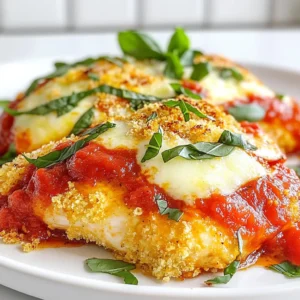To make Baked Chicken Parmesan, you will need the following ingredients: - 4 boneless, skinless chicken breasts - 1 cup Italian-seasoned breadcrumbs - 1/2 cup grated Parmesan cheese - 1 teaspoon garlic powder - 1 teaspoon dried oregano - 1 teaspoon dried basil - 2 large eggs, beaten - 2 cups marinara sauce - 1 cup shredded mozzarella cheese - Fresh basil leaves for garnish - Salt and pepper to taste - Olive oil spray or 1 tablespoon olive oil Using fresh ingredients makes a big difference in flavor. Fresh chicken gives a juicy bite. Fresh herbs like basil and oregano add vibrant taste. When you use good quality marinara sauce, it boosts the dish. Always check the dates on your products. Fresh ingredients lead to a better meal. They enhance the texture and aroma, making your dish more enjoyable. You can switch out some ingredients if you need to. For chicken, you can use turkey breasts as a leaner option. Instead of Italian-seasoned breadcrumbs, plain breadcrumbs work too. You can mix in some Italian herbs for flavor. If you do not have Parmesan cheese, try Pecorino Romano instead. For a non-dairy option, use vegan cheese instead of mozzarella. These swaps can still make your Baked Chicken Parmesan tasty and enjoyable. {{ingredient_image_2}} First, preheat your oven to 375&deg;F (190&deg;C). This step is key for even cooking. A hot oven helps the chicken get crispy. Make sure to use a reliable oven thermometer for accuracy. In a shallow bowl, mix the breadcrumbs, Parmesan cheese, garlic powder, oregano, basil, salt, and pepper. This blend gives the chicken flavor. In another bowl, beat the eggs until they are smooth. Dip each chicken breast in the eggs, then coat it in the breadcrumb mix. Press the crumbs onto the chicken to help them stick well. Place the coated chicken on a baking sheet lined with parchment paper. For extra crispiness, lightly spray the tops with olive oil or brush them with a bit of oil. Bake the chicken in the preheated oven for 20 to 25 minutes. The chicken should reach an internal temperature of 165&deg;F (75&deg;C). Look for golden brown breadcrumbs. Once done, take the chicken out and pour marinara sauce over each piece. Make sure to cover them evenly. Next, sprinkle shredded mozzarella cheese on top. Return the chicken to the oven for another 10 minutes. Wait for the cheese to melt and bubble. After baking, let the chicken rest for a few minutes. Finally, garnish with fresh basil leaves for added flavor before you serve. To cook your chicken evenly, follow a few simple steps. Start by preheating your oven to 375&deg;F (190&deg;C). Make sure your chicken breasts are of similar size. This helps them cook at the same rate. Use a meat thermometer to check the internal temperature. Chicken is done when it reaches 165&deg;F (75&deg;C). Letting the chicken rest for a few minutes helps keep it juicy. For that perfect crispy texture, coating is key. Use Italian-seasoned breadcrumbs mixed with grated Parmesan cheese, garlic powder, oregano, and basil. After dipping each chicken breast in beaten eggs, coat them well in the breadcrumb mix. Press down gently to ensure the crumbs stick. Lightly spray the tops with olive oil before baking. This adds extra crunch. Baking the chicken on parchment paper also prevents sticking while allowing air to circulate. If you prefer different cooking methods, you have options. You can use an air fryer for a healthier version. Set the air fryer to 375&deg;F (190&deg;C) and cook for 15-20 minutes. Flip the chicken halfway for even cooking. You can also grill the chicken. Marinate it first for extra flavor. Cook on medium heat until done. Each method gives a unique twist to your baked chicken Parmesan. Pro Tips Use Fresh Ingredients: Opt for fresh herbs and high-quality marinara sauce to enhance the overall flavor of the dish. Perfectly Crispy Chicken: For an extra crispy coating, consider double-dipping the chicken in the egg and breadcrumbs. Let It Rest: Allow the baked chicken to rest for a few minutes after baking for juicier meat and better flavor absorption. Cheese Variations: Experiment with different types of cheese like provolone or fontina for a unique twist on the classic mozzarella topping. {{image_4}} To make a healthier Baked Chicken Parmesan, swap regular breadcrumbs for whole wheat ones. Whole wheat breadcrumbs offer more fiber and nutrients. They still give a great crunch and flavor. Just use the same amount as the recipe calls for. This small change makes a big difference in nutrition without losing taste. If you want a vegetarian version, replace chicken with eggplant or zucchini. Slice the vegetables into thick rounds. Follow the same steps of coating and baking. They will soak up the marinara sauce and cheese just like chicken. This option gives you a tasty and hearty meal that&rsquo;s meat-free. Feel free to experiment with different cheeses. Swap mozzarella for provolone or gouda to change the taste. You can also mix in some feta cheese for a tangy kick. Using a blend of cheeses adds depth and richness to the dish. Try different combinations to find your favorite mix. To store your baked chicken Parmesan, let it cool first. Place leftover chicken in an airtight container. It stays fresh in the fridge for up to three days. Make sure to separate the sauce if you want the chicken to stay crispy. When you're ready to enjoy leftovers, preheat your oven to 350&deg;F (175&deg;C). Place the chicken on a baking sheet. Cover it with foil to keep it moist. Heat for about 15-20 minutes. You can also microwave it for quick reheating, but the oven keeps it crispy. If you want to freeze baked chicken Parmesan, wrap each piece in plastic wrap. Then place them in a freezer-safe bag. This way, you can enjoy it later. It stays good for up to three months. When you're ready to eat, thaw it in the fridge before reheating. The best way to know if chicken is cooked is by checking its internal temperature. Use a meat thermometer. The chicken should reach 165&deg;F (75&deg;C). This ensures it is safe to eat. You can also check the color. The meat should be white, not pink. Juices should run clear when you cut it. Both methods help you avoid undercooking or overcooking your chicken. Yes, you can use frozen chicken breasts, but you need to thaw them first. Thaw the chicken in the fridge overnight for best results. If you need to cook them right away, you can also use the microwave. After thawing, follow the main recipe steps. Make sure to check the internal temperature to ensure they cook fully. Cooking from frozen may lead to uneven cooking, so thawing is best. To make this recipe gluten-free, you can substitute the breadcrumbs. Use gluten-free breadcrumbs or crushed gluten-free crackers. These options give you that crunchy texture. You should also check the marinara sauce. Ensure it is gluten-free, as some brands may add gluten. With these simple swaps, you can enjoy Baked Chicken Parmesan without gluten. This guide covers key points for making delicious chicken. We explored fresh ingredients and tasty swaps for your meals. I shared step-by-step directions for preparing, coating, and baking the chicken to perfection. You learned tips for even cooking and how to make it crispy. I also provided options for healthier, vegetarian, and flavorful variations. Finally, we discussed storage tips to keep leftovers fresh. Enjoy cooking and feel confident with these methods for great results!