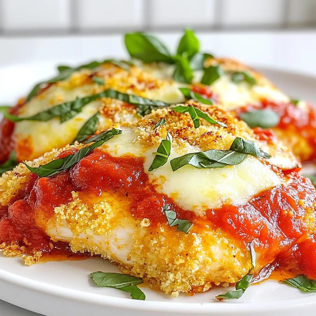 To make Baked Chicken Parmesan, you will need the following ingredients: - 4 boneless, skinless chicken breasts - 1 cup Italian-seasoned breadcrumbs - 1/2 cup grated Parmesan cheese - 1 teaspoon garlic powder - 1 teaspoon dried oregano - 1 teaspoon dried basil - 2 large eggs, beaten - 2 cups marinara sauce - 1 cup shredded mozzarella cheese - Fresh basil leaves for garnish - Salt and pepper to taste - Olive oil spray or 1 tablespoon olive oil Using fresh ingredients makes a big difference in flavor. Fresh chicken gives a juicy bite. Fresh herbs like basil and oregano add vibrant taste. When you use good quality marinara sauce, it boosts the dish. Always check the dates on your products. Fresh ingredients lead to a better meal. They enhance the texture and aroma, making your dish more enjoyable. You can switch out some ingredients if you need to. For chicken, you can use turkey breasts as a leaner option. Instead of Italian-seasoned breadcrumbs, plain breadcrumbs work too. You can mix in some Italian herbs for flavor. If you do not have Parmesan cheese, try Pecorino Romano instead. For a non-dairy option, use vegan cheese instead of mozzarella. These swaps can still make your Baked Chicken Parmesan tasty and enjoyable. {{ingredient_image_2}} First, preheat your oven to 375°F (190°C). This step is key for even cooking. A hot oven helps the chicken get crispy. Make sure to use a reliable oven thermometer for accuracy. In a shallow bowl, mix the breadcrumbs, Parmesan cheese, garlic powder, oregano, basil, salt, and pepper. This blend gives the chicken flavor. In another bowl, beat the eggs until they are smooth. Dip each chicken breast in the eggs, then coat it in the breadcrumb mix. Press the crumbs onto the chicken to help them stick well. Place the coated chicken on a baking sheet lined with parchment paper. For extra crispiness, lightly spray the tops with olive oil or brush them with a bit of oil. Bake the chicken in the preheated oven for 20 to 25 minutes. The chicken should reach an internal temperature of 165°F (75°C). Look for golden brown breadcrumbs. Once done, take the chicken out and pour marinara sauce over each piece. Make sure to cover them evenly. Next, sprinkle shredded mozzarella cheese on top. Return the chicken to the oven for another 10 minutes. Wait for the cheese to melt and bubble. After baking, let the chicken rest for a few minutes. Finally, garnish with fresh basil leaves for added flavor before you serve. To cook your chicken evenly, follow a few simple steps. Start by preheating your oven to 375°F (190°C). Make sure your chicken breasts are of similar size. This helps them cook at the same rate. Use a meat thermometer to check the internal temperature. Chicken is done when it reaches 165°F (75°C). Letting the chicken rest for a few minutes helps keep it juicy. For that perfect crispy texture, coating is key. Use Italian-seasoned breadcrumbs mixed with grated Parmesan cheese, garlic powder, oregano, and basil. After dipping each chicken breast in beaten eggs, coat them well in the breadcrumb mix. Press down gently to ensure the crumbs stick. Lightly spray the tops with olive oil before baking. This adds extra crunch. Baking the chicken on parchment paper also prevents sticking while allowing air to circulate. If you prefer different cooking methods, you have options. You can use an air fryer for a healthier version. Set the air fryer to 375°F (190°C) and cook for 15-20 minutes. Flip the chicken halfway for even cooking. You can also grill the chicken. Marinate it first for extra flavor. Cook on medium heat until done. Each method gives a unique twist to your baked chicken Parmesan. Pro Tips Use Fresh Ingredients: Opt for fresh herbs and high-quality marinara sauce to enhance the overall flavor of the dish. Perfectly Crispy Chicken: For an extra crispy coating, consider double-dipping the chicken in the egg and breadcrumbs. Let It Rest: Allow the baked chicken to rest for a few minutes after baking for juicier meat and better flavor absorption. Cheese Variations: Experiment with different types of cheese like provolone or fontina for a unique twist on the classic mozzarella topping. {{image_4}} To make a healthier Baked Chicken Parmesan, swap regular breadcrumbs for whole wheat ones. Whole wheat breadcrumbs offer more fiber and nutrients. They still give a great crunch and flavor. Just use the same amount as the recipe calls for. This small change makes a big difference in nutrition without losing taste. If you want a vegetarian version, replace chicken with eggplant or zucchini. Slice the vegetables into thick rounds. Follow the same steps of coating and baking. They will soak up the marinara sauce and cheese just like chicken. This option gives you a tasty and hearty meal that’s meat-free. Feel free to experiment with different cheeses. Swap mozzarella for provolone or gouda to change the taste. You can also mix in some feta cheese for a tangy kick. Using a blend of cheeses adds depth and richness to the dish. Try different combinations to find your favorite mix. To store your baked chicken Parmesan, let it cool first. Place leftover chicken in an airtight container. It stays fresh in the fridge for up to three days. Make sure to separate the sauce if you want the chicken to stay crispy. When you're ready to enjoy leftovers, preheat your oven to 350°F (175°C). Place the chicken on a baking sheet. Cover it with foil to keep it moist. Heat for about 15-20 minutes. You can also microwave it for quick reheating, but the oven keeps it crispy. If you want to freeze baked chicken Parmesan, wrap each piece in plastic wrap. Then place them in a freezer-safe bag. This way, you can enjoy it later. It stays good for up to three months. When you're ready to eat, thaw it in the fridge before reheating. The best way to know if chicken is cooked is by checking its internal temperature. Use a meat thermometer. The chicken should reach 165°F (75°C). This ensures it is safe to eat. You can also check the color. The meat should be white, not pink. Juices should run clear when you cut it. Both methods help you avoid undercooking or overcooking your chicken. Yes, you can use frozen chicken breasts, but you need to thaw them first. Thaw the chicken in the fridge overnight for best results. If you need to cook them right away, you can also use the microwave. After thawing, follow the main recipe steps. Make sure to check the internal temperature to ensure they cook fully. Cooking from frozen may lead to uneven cooking, so thawing is best. To make this recipe gluten-free, you can substitute the breadcrumbs. Use gluten-free breadcrumbs or crushed gluten-free crackers. These options give you that crunchy texture. You should also check the marinara sauce. Ensure it is gluten-free, as some brands may add gluten. With these simple swaps, you can enjoy Baked Chicken Parmesan without gluten. This guide covers key points for making delicious chicken. We explored fresh ingredients and tasty swaps for your meals. I shared step-by-step directions for preparing, coating, and baking the chicken to perfection. You learned tips for even cooking and how to make it crispy. I also provided options for healthier, vegetarian, and flavorful variations. Finally, we discussed storage tips to keep leftovers fresh. Enjoy cooking and feel confident with these methods for great results!