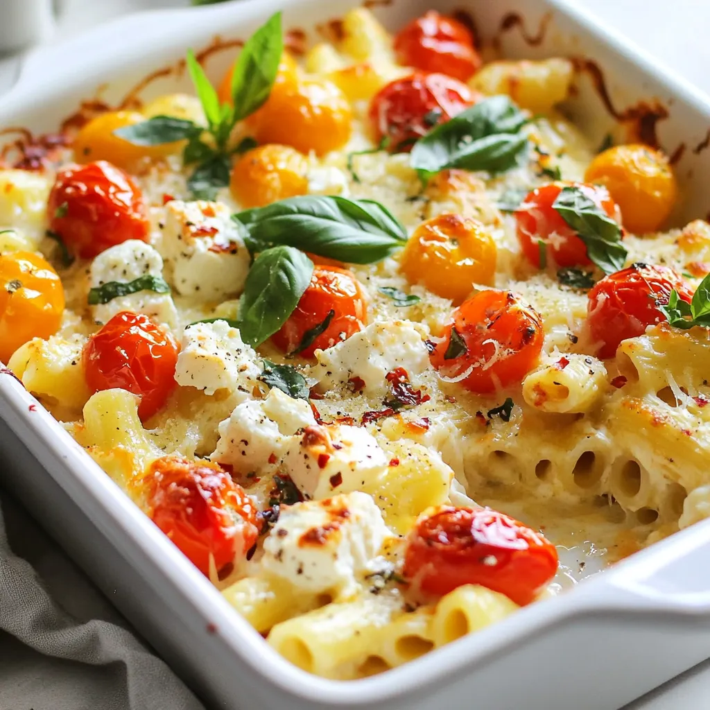 For this dish, I use simple, fresh ingredients. Here’s what you need: - 200g pasta (penne or fusilli works best) - 200g block of feta cheese - 2 cups cherry tomatoes, halved - 4 cloves garlic, minced These ingredients come together to create a rich and creamy sauce that coats the pasta perfectly. Seasoning is key to bringing out the flavors. Here’s what I add: - 1/4 cup extra-virgin olive oil - 1/2 teaspoon red pepper flakes (optional) - Salt and freshly ground black pepper, to taste The olive oil helps the tomatoes cook down beautifully, while the red pepper flakes add a nice kick if you like heat. Garnishes make a dish look and taste even better. I like to use: - Fresh basil leaves - Grated Parmesan cheese Adding these at the end gives the dish a fresh, vibrant touch and enhances the flavor. They also make for a beautiful presentation! {{ingredient_image_2}} - Preheat your oven to 400°F (200°C). - In a large baking dish, mix together: - 2 cups cherry tomatoes, halved - 4 cloves garlic, minced - 1/2 teaspoon red pepper flakes (optional) - 1/4 cup extra-virgin olive oil - Salt and freshly ground black pepper, to taste Toss the mixture well. Make sure every tomato and garlic piece gets coated in olive oil. - Make a small space in the center of your tomato mixture. - Place a 200g block of feta cheese in that space. - Drizzle a bit more olive oil on top of the feta. - Season it lightly with salt and pepper. - Bake for about 30 minutes. The tomatoes should burst and caramelize. The feta will get soft and golden. - Bring a large pot of salted water to a boil. - Add 200g pasta, like penne or fusilli. - Cook according to package instructions until al dente. - Before draining, reserve about 1/2 cup of the pasta cooking water, then drain the pasta. - Once the feta and tomatoes are baked, use a fork to mash the feta into the tomatoes. - This creates a creamy, flavorful sauce. - Add the drained pasta to the baking dish with the sauce. - Toss everything together until the pasta is coated well. If it’s too thick, add some reserved pasta water until you like the sauce’s consistency. - Taste the pasta and adjust the seasoning with more salt and pepper if needed. - Serve warm, garnished with fresh basil leaves and a sprinkle of grated Parmesan cheese. To get the best texture from your baked feta, you need to know your oven. Baking times can vary. Most ovens will take about 30 minutes at 400°F (200°C). If your oven runs hot, check it a few minutes early. The tomatoes should burst and get a nice caramel color. To make sure the tomatoes caramelize, spread them evenly in the dish. They need space for heat to circulate. If they are too crowded, they will steam instead of caramelize. Sometimes, the sauce can be too thick after mixing. If that happens, add some reserved pasta water. Just a little at a time until you get the right consistency. Want more flavor? Add extra herbs like oregano or thyme. Fresh herbs can boost the taste and make it even better. For sides, crusty bread is a great choice. It helps scoop up the creamy sauce. You can also serve a light salad with it. Pair it with a crisp white wine to enhance the meal. Presentation matters too! Serve the pasta in shallow bowls. A drizzle of olive oil and a sprinkle of basil will impress your guests. Pro Tips Choose the Right Pasta: Opt for pasta shapes that can hold onto the creamy sauce well, such as fusilli or penne, for the best texture. Adjust the Heat: If you prefer a milder dish, skip the red pepper flakes. For extra spice, add more to taste or even a dash of hot sauce before serving. Experiment with Veggies: Feel free to add other vegetables like bell peppers or spinach to the mix before baking for added nutrition and flavor. Make it Extra Creamy: For an even creamier sauce, stir in a splash of heavy cream or a dollop of cream cheese after mashing the feta. {{image_4}} If you want to add protein, chicken or shrimp works great. Just cook them first. After baking the feta and tomatoes, mix in cooked chicken or shrimp. This adds flavor and makes the dish heartier. For a vegetarian twist, try adding chickpeas. They are packed with protein and add a nice texture. Just toss them in with the pasta for a boost. You can swap feta for goat cheese or ricotta. Goat cheese gives a tangy flavor, while ricotta adds creaminess. These cheeses melt well, making a rich sauce. Try mixing different cheeses for unique flavors. Each cheese will change the taste and texture of your dish. Experiment to find your perfect combo! Feel free to add other veggies to your dish. Zucchini and spinach are both great choices. They cook well with the tomatoes. You can also use seasonal veggies like asparagus in spring or squash in fall. This way, your baked feta pasta stays fresh and exciting. Adding more vegetables boosts nutrition too! After you enjoy your Baked Feta Pasta, you might have some leftovers. To store them, let the pasta cool at room temperature first. Then, place it in an airtight container. This helps keep the flavors fresh. You can keep the pasta in the fridge for up to three days. Make sure it's sealed tight to avoid any strong odors from other foods. When you're ready to enjoy your leftovers, you can use either an oven or a stove. If you choose the oven, preheat it to 350°F (175°C). Place the pasta in an oven-safe dish, cover it with foil, and heat for about 15-20 minutes. This keeps the pasta moist. If you prefer using the stove, add a splash of water or olive oil to the pan. Heat it over medium heat, stirring often. This way, you maintain the creamy texture. You can freeze Baked Feta Pasta if you want to save it for later. Just make sure it has cooled completely. Transfer it to a freezer-safe container. It can last in the freezer for up to two months. To thaw, place it in the fridge overnight. When you're ready to eat, reheat it using the above methods. This keeps the flavors intact. I recommend using penne or fusilli for Baked Feta Pasta. These shapes hold the sauce well. Penne’s tubular shape lets the sauce fill each piece. Fusilli’s spirals catch the sauce and bits of feta. Both options give you a tasty bite every time. Yes, you can prep this dish ahead of time. Cook the pasta and store it separately. Combine the baked feta and tomatoes in a dish, cover it, and store. On the day you want to serve it, reheat the mixture and toss with the pasta. You can easily make this dish gluten-free. Use gluten-free pasta like brown rice or quinoa pasta. These options work well and keep the flavor intact. Always check the package for cooking times, as they may vary. If you want heat, add red pepper flakes or diced jalapeños. You can mix them into the tomato mixture before baking. For an extra kick, try adding a dash of hot sauce while serving. This gives the dish a nice spicy twist. Yes, you can make this dish dairy-free. Instead of feta, use a plant-based cheese. Nutritional yeast also adds a cheesy flavor without dairy. You can also try a creamy cashew sauce to keep the dish rich and tasty. This blog post covered how to make Baked Feta Pasta step by step. We explored the main ingredients, like feta, pasta, and tomatoes. I shared tips for baking and seasoning, plus ideas for customizing your dish. In the end, this recipe is simple and fun to make. You can easily adapt it to fit your taste. Enjoy your cooking and the delightful meal that follows!