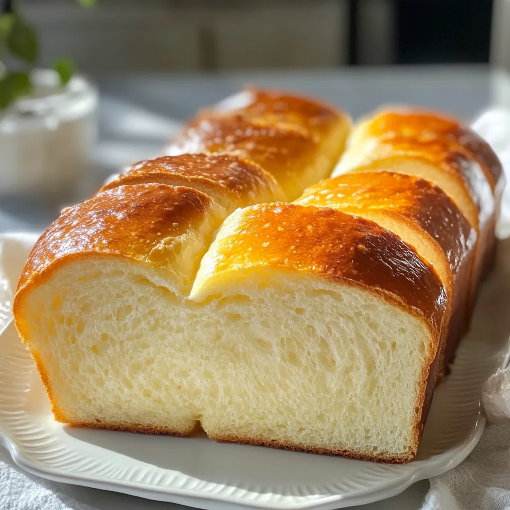 To make Extra Fluffy Milk Bread, gather these simple ingredients: - 4 cups all-purpose flour - 1 cup warm milk (about 110°F) - 1/4 cup granulated sugar - 1/4 cup unsalted butter, softened - 1 large egg - 2 1/4 teaspoons active dry yeast (1 packet) - 1 teaspoon fine sea salt - 1/4 cup heavy cream (for brushing) If you need substitutions, here are some ideas: - You can use almond milk instead of regular milk for a dairy-free option. - Coconut oil works well in place of unsalted butter. - If you don’t have active dry yeast, use instant yeast. Just skip the proofing step. - For gluten-free bread, try a gluten-free flour blend, but the texture may change. Using quality ingredients matters. Fresh yeast helps the dough rise well, making it airy. Good flour provides structure and helps the bread hold its shape. High-quality butter enhances flavor and texture. When you use fresh milk, it adds moisture and softness. Always choose the best you can find. The better the ingredients, the better your bread will taste. This is key to achieving that extra fluffiness we love in milk bread. {{ingredient_image_2}} Start by warming 1 cup of milk to about 110°F. This warm milk wakes up the yeast. Add 1/4 cup of sugar and stir until it dissolves. Then, sprinkle 2 1/4 teaspoons of active dry yeast over the milk. Let this sit for about 5 minutes. You will see bubbles form on top. This means your yeast is ready to work. In a large bowl, pour in 4 cups of all-purpose flour and add 1 teaspoon of fine sea salt. Mix these two together well. This step helps spread the salt evenly. Next, create a well in the center of the flour mix. This well is where you will add the wet ingredients. Pour the yeast mixture into the well you made. Add 1/4 cup of softened butter and 1 large egg. Use a wooden spoon to mix until a rough dough forms. If you prefer, you can use a stand mixer with a dough hook. Knead the dough for about 10 minutes by hand or 5 to 7 minutes with a mixer. You want the dough to be smooth and elastic. After kneading, place the dough in a greased bowl. Cover it with a towel and let it rise in a warm place for 1 to 2 hours. The dough should double in size. Once it has risen, gently punch down the dough to release air. Shape it into a rectangle, fold the edges, and roll it into a log. Place this log in a greased loaf pan. Cover it with a towel again and let it rise for 30 to 45 minutes. Preheat your oven to 350°F. Before baking, brush the top with 1/4 cup of heavy cream. Bake for 30 to 35 minutes, until golden brown. Enjoy the smell as it bakes! To get that fluffy rise, warmth is key. Yeast loves warm spots. Make sure your dough rises in a cozy area, away from drafts. If your kitchen is cool, try putting the bowl in the oven with just the light on. This keeps the dough warm. Also, don’t rush the rising time. Let it double in size; this may take 1 to 2 hours. The longer the dough rises, the fluffier your bread will be. If your bread does not rise, check your yeast. Old yeast may not work well. Always use fresh yeast. If your dough is too sticky, sprinkle in a bit of extra flour when kneading. If it is too dry, add a little water, one teaspoon at a time, until it feels just right. These small changes can make a big difference. For a nice golden crust, brush the top with heavy cream before baking. This adds color and a rich flavor. Also, bake your bread in a preheated oven at 350°F (175°C). Check the bread around 30 minutes. It is done when it is golden brown and sounds hollow when tapped. If the top gets too dark, cover it with foil during baking. This will help it cook evenly without burning. Pro Tips Use Fresh Yeast: Always check the expiration date on your yeast. Fresh yeast will ensure a better rise and fluffier texture in your bread. Knead Thoroughly: Proper kneading develops gluten, which is essential for a chewy texture. Aim for a smooth, elastic dough before the first rise. Warm Environment for Rising: Make sure your dough rises in a warm, draft-free area. You can create this by placing it in an oven that’s turned off but has the light on. Cool Before Slicing: Let the bread cool completely before slicing. This allows the steam to escape, resulting in a better texture and prevents sogginess. {{image_4}} You can boost the taste of your milk bread with simple flavor additions. Try mixing in herbs like rosemary or thyme for a savory twist. Ground cinnamon or nutmeg can add warmth, perfect for breakfast. You could also fold in chocolate chips or dried fruit for a sweet treat. These flavors make the bread special and fun! The topping can change the game for your milk bread. Instead of cream, brush the top with melted butter before baking. You can sprinkle seeds like sesame or poppy for crunch. Cheese lovers can add shredded cheese for a savory crust. These toppings can give each loaf a unique touch. If you need a gluten-free option, don’t worry! Use a gluten-free all-purpose flour blend. Make sure it contains xanthan gum for the best texture. The liquid ratios may need tweaking, so watch the dough closely. This bread can still be fluffy and delicious, even without gluten! To keep your extra fluffy milk bread fresh, wrap it tightly in plastic wrap. You can also place it in a zip-top bag. This will help keep it soft and moist. Store the bread at room temperature for up to three days. If you want to keep it longer, freezing is a great option. To freeze your milk bread, first slice it if you want easy portions. Then, wrap each slice in plastic wrap or aluminum foil. Place the wrapped slices in a freezer-safe bag. This way, you can take out only what you need. Milk bread can stay good in the freezer for up to three months. Just remember to label the bag with the date. When you are ready to enjoy your stored bread, reheating is key. For the best results, you can use an oven. Preheat your oven to 350°F. Place the bread directly on the rack or on a baking sheet for about 10 to 15 minutes. This warms it up and revives its fluffy texture. If you are in a hurry, you can use the microwave. Heat a slice for about 10 to 15 seconds. Be careful not to overheat, or it will get chewy. Enjoy your bread warm for the best taste! Milk bread is extra fluffy due to its unique blend of milk, sugar, and yeast. Warm milk helps activate the yeast, creating bubbles that add air. The sugar feeds the yeast, making it work harder. This process gives the bread its light and airy texture. The kneading also plays a big role. It develops the gluten in the flour, which supports the bread's structure. The longer you knead, the fluffier your bread will be. Plus, letting it rise twice traps even more air, making it soft and fluffy. Yes, you can use whole wheat flour, but the texture will change. Whole wheat flour has more fiber and absorbs more liquid compared to all-purpose flour. This can make your bread denser. If you decide to use it, mix it with all-purpose flour. A good ratio is half whole wheat and half all-purpose. This keeps some fluffiness while adding more nutrients. You may need to add a bit more liquid to get the right dough texture. Experimenting is key to finding your perfect mix! To know if your bread is done, tap the bottom of the loaf. If it sounds hollow, it's ready. You can also check the color. It should be a rich golden brown. A food thermometer can help too. Insert it into the center; it should read around 190°F. If you see a nice golden crust and hear that hollow sound, your bread is perfect. Trust your instincts and enjoy the warm, fluffy goodness! This guide covers making delicious milk bread from key ingredients to baking tips. Quality matters, especially for an airy texture. I shared helpful tricks to fix issues and achieve a beautiful crust. You can even try fun flavors or toppings to make it your own. Storing and reheating your bread can keep it fresh longer. Use these tips to bake your best loaf yet! Enjoy the process, and happy baking!