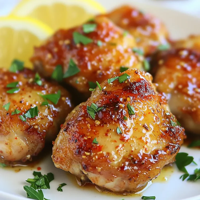 - 1 lb boneless, skinless chicken thighs, cut into bite-sized pieces - 3 tablespoons extra virgin olive oil - 4 cloves garlic, finely minced - 1 teaspoon smoked paprika - 1 teaspoon dried oregano - 1/2 teaspoon sea salt - 1/4 teaspoon freshly cracked black pepper - 1/4 teaspoon red pepper flakes - 2 tablespoons fresh parsley, chopped - Lemon wedges In this recipe, I focus on simple yet bold flavors. The chicken thighs offer a juicy base. They hold up well to the garlic and spices. You can cut them into bite-sized pieces to ensure quick cooking. Next, I use extra virgin olive oil. This oil adds richness and helps the spices stick. Garlic is another star here; its aroma fills your kitchen as you cook. For spices, I choose smoked paprika and dried oregano. Smoked paprika provides a deep, earthy taste. Oregano brings a touch of Mediterranean flair. Don't forget sea salt and black pepper to balance the flavors. If you like heat, add red pepper flakes. They give a nice kick without overpowering the dish. Fresh parsley serves as a garnish, adding color and freshness. Finally, serve with lemon wedges. A squeeze of lemon brightens each bite. Enjoy the balance of flavors in every piece! {{ingredient_image_2}} - In a medium bowl, combine: - 3 tablespoons extra virgin olive oil - 4 cloves garlic, finely minced - 1 teaspoon smoked paprika - 1 teaspoon dried oregano - 1/2 teaspoon sea salt - 1/4 teaspoon black pepper - 1/4 teaspoon red pepper flakes (optional) - Whisk these ingredients together until smooth. This marinade adds great flavor. - Take 1 pound of boneless, skinless chicken thighs, cut into bite-sized pieces. - Coat each piece thoroughly with the marinade. Use your hands or a spatula. - Cover the bowl with plastic wrap. - Refrigerate for at least 30 minutes. This helps the flavors blend well. - Heat a large skillet over medium-high heat until hot. - Carefully add the marinated chicken bites in a single layer. Cook in batches if needed. - Sauté the chicken for about 5-7 minutes. Turn them occasionally. Look for a golden brown color. - To check doneness, use a meat thermometer. The chicken should reach 165°F (74°C). - Once done, remove the skillet from heat. Follow these steps, and you will have tasty Keto Garlic Chicken Bites ready to serve! - I recommend marinating for at least 30 minutes. - This time allows the spices to soak in well. - To enhance flavor depth, add lemon zest to the marinade. - You can also try fresh herbs like thyme or rosemary. - Avoid overcrowding the skillet when cooking. - If the pieces touch, they won't brown well. - For quicker cooking, use smaller pieces of chicken. - You can also cook in batches for best results. - Serve the chicken on a rustic wooden platter. - This gives a warm, inviting look to the dish. - Garnish with fresh parsley and lemon slices. - These add color and freshness to your plate. Pro Tips Marinate Longer: For even more flavor, consider marinating the chicken for 1 to 2 hours or overnight in the refrigerator. This allows the spices and garlic to penetrate deeper into the meat. Use a Cast Iron Skillet: A cast iron skillet retains heat well and provides a great sear on the chicken bites, enhancing their flavor and texture. Adjust Spice Levels: Feel free to adjust the amount of red pepper flakes based on your heat preference. You can also add other spices like cayenne or chili powder for different flavor profiles. Serve with Dipping Sauce: Consider serving these garlic chicken bites with a keto-friendly dipping sauce, such as a creamy avocado dip or a garlic aioli, for added flavor and variety. {{image_4}} To change the taste of your Keto Garlic Chicken Bites, try adding herbs. Fresh thyme or rosemary adds a nice touch. You can also use different sauces or marinades. A tangy lemon sauce gives a fresh burst. A spicy buffalo sauce can add heat for those who love a kick. If you want low-carb sides, think about cauliflower rice or zoodles. These options go well with the chicken. For gluten-free choices, use gluten-free soy sauce or coconut aminos in your marinades. These keep your meal safe and tasty for anyone avoiding gluten. Air frying is a healthier cooking method for this dish. It makes the chicken crispy without extra oil. Set your air fryer to 375°F and cook for about 10-12 minutes. For oven-baking, preheat to 400°F. Arrange the chicken on a baking sheet and bake for 20-25 minutes. Either method works well to create delicious bites. To store leftover Keto Garlic Chicken Bites, place them in an airtight container. Make sure to let them cool first. This keeps them fresh longer. They will last up to three days in the fridge. When reheating, avoid drying out the chicken. Use a skillet over low heat for best results. You can also use a microwave with a damp paper towel on top. Heat to 165°F (74°C) for safe eating. For freezing, let the chicken bites cool completely. Place them in a freezer-safe bag. Squeeze out as much air as possible. They can last up to three months in the freezer. To thaw, move them to the fridge overnight. You can also use the microwave on the defrost setting. This keeps the chicken moist and tasty. To add spice, try using more red pepper flakes. You can also add cayenne pepper for more heat. If you enjoy smoky flavors, consider adding chipotle powder. Adjust the spice to match your taste. Yes, you can use chicken breast. Chicken thighs are juicier and more flavorful. Breasts can dry out more easily. If using breasts, cook them carefully and check for doneness sooner. For a well-rounded meal, serve these chicken bites with a fresh salad. Steamed broccoli or green beans are great sides too. Cauliflower rice pairs well for a keto-friendly option. You can also add a dipping sauce for extra flavor. This post covered how to make Keto Garlic Chicken Bites from start to finish. You learned about the main ingredients and how spices enhance flavor. I shared tips for marinating and cooking, plus ideas for variations. Storing and reheating tips ensure you enjoy leftovers too. Embrace your creativity and try different flavors. Cooking should be fun and rewarding. Enjoy your delicious chicken bites!