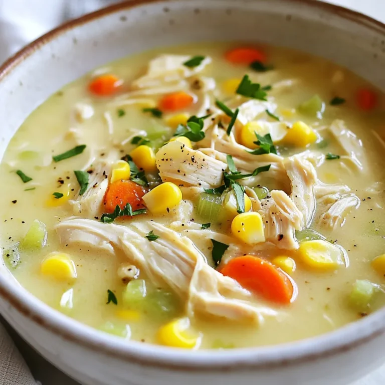 - 2 boneless, skinless chicken breasts - 6 cups chicken broth - 1 medium onion, finely diced - 2 cloves of garlic, minced - 2 medium carrots, peeled and diced - 2 stalks of celery, diced - 1 cup corn kernels, fresh or frozen - 1 teaspoon dried thyme - 1 teaspoon dried oregano - 1/2 teaspoon red pepper flakes - Salt and freshly ground black pepper, to taste - 1 cup heavy cream - Fresh parsley, chopped, for garnish When choosing fresh ingredients, look for bright colors and firm textures. - For chicken, pick breasts with no discoloration. - Choose onions that feel heavy and have smooth skins. - Carrots should be firm and not wrinkled. - Fresh herbs should smell strong and look vibrant. - Corn can be fresh or frozen; just ensure it is high quality. You can easily swap some ingredients based on what you have. - For chicken, use rotisserie chicken for a quicker option. - If you don’t have chicken broth, vegetable broth works well. - Use shallots instead of onion for a milder taste. - Replace heavy cream with coconut milk for a lighter soup. - You can add other veggies, like bell peppers or zucchini, for more flavor. {{ingredient_image_2}} Making Marry Me Chicken Soup is simple and quick. First, you cook the veggies and chicken together. Then, you shred the chicken and mix in cream and corn. Finally, you serve it hot with fresh parsley. 1. Start by heating 1 tablespoon of olive oil in a large pot over medium heat. 2. Add the finely diced onion and sauté for 3-4 minutes until it looks clear and smells good. 3. Next, stir in the minced garlic and cook for 1 minute, so it releases its nice aroma. 4. Add the diced carrots and celery, cooking for 5-6 minutes. This softens the veggies and builds flavor. 5. Sprinkle in the dried thyme, oregano, red pepper flakes, salt, and black pepper. Mix well. 6. Place the chicken breasts into the pot and pour in the chicken broth. Bring it to a gentle boil. 7. Lower the heat to simmer and cover the pot. Let it cook for 15-20 minutes until the chicken is cooked through. 8. Take out the chicken and shred it using two forks. Return the shredded chicken back into the soup. 9. Stir in the corn and heavy cream. Let it simmer for another 5 minutes, adjusting seasoning to taste. 10. Ladle the soup into warm bowls and garnish with chopped parsley. To shred chicken quickly, let it cool for a few minutes after cooking. Use two forks to pull apart the meat. If you want, you can also use a stand mixer with a paddle attachment. This method works great and saves time. To make your Marry Me Chicken Soup shine, I have a few tasty tips. First, use fresh herbs whenever you can. Fresh thyme and oregano add a vibrant touch. You can also add a splash of lemon juice for brightness. This small addition can lift the flavors and make the soup pop. Another great way to enhance flavor is to brown the chicken before adding it to the pot. This step adds depth, making the soup richer. Try sautéing the garlic until golden, too. This brings out its sweet notes. Avoid overcooking the chicken. It can turn dry and tough. Cook it just until it’s no longer pink. Also, don’t skip seasoning until the end. Season as you go. This builds layers of flavor that make every bite amazing. Be careful with the cream. If added too early, it can curdle. Stir it in right before serving for a smooth finish. Lastly, don’t forget to taste! Adjust salt and spice as needed. This ensures the best taste for your soup. If you want a thicker soup, there are some easy tricks. A simple way is to mash some of the cooked vegetables. Just take a few from the pot and mash them with a fork, then stir them back in. You can also add a slurry of cornstarch and water. Mix one tablespoon of cornstarch with two tablespoons of water, then stir it into the soup. Let it simmer for a few minutes to thicken. Another option is to let the soup simmer longer. This reduces the liquid and thickens the soup naturally. Just keep an eye on it to avoid burning. Pro Tips Use Fresh Ingredients: Whenever possible, opt for fresh vegetables and herbs to enhance the flavor and nutritional value of your soup. Customize the Spice Level: Adjust the amount of red pepper flakes to suit your taste; you can even omit them for a milder soup. Make it Ahead: This soup can be made in advance and stored in the refrigerator for up to 3 days, allowing flavors to meld beautifully. Garnish for Appeal: A sprinkle of fresh parsley not only adds color but also a burst of freshness that complements the creamy soup. {{image_4}} To make your Marry Me Chicken Soup dairy-free, swap the heavy cream. Use coconut milk or almond milk instead. These options add a nice creaminess without dairy. Both options will change the flavor slightly, but they still taste great. Just remember to check for added sugars in the milk you choose! Boost the nutrition of your soup by adding more veggies. Consider adding: - Spinach - Kale - Zucchini - Bell peppers These vegetables bring color, flavor, and extra vitamins. You can add them in step 3 with the carrots and celery. They’ll cook down nicely and blend well with the soup. If you enjoy a bit of heat, spice up your soup! Start by increasing the red pepper flakes. You can also add fresh jalapeños or crushed chili peppers. Another great choice is hot sauce. Just a few drops can take your soup to the next level. Adjust the spice to your taste and enjoy the warmth! To keep your Marry Me Chicken Soup fresh, let it cool down first. This helps prevent condensation in the storage container. Use airtight containers for the best protection. Store the soup in the fridge for up to three days. If you plan to eat it later, it's best to freeze it. For long-term storage, freeze the soup in portions. Use freezer-safe bags or containers. Make sure to leave some space for the soup to expand as it freezes. This soup can last for up to three months in the freezer. Always label the bags with the date to track freshness. When you’re ready to enjoy the soup again, thaw it overnight in the fridge. Reheat it on the stove over low heat. Stir often to keep it from sticking. If it looks too thick, add a splash of chicken broth or water. This will help restore its creamy texture and flavor. Enjoy! Marry Me Chicken Soup is a rich, creamy soup made with chicken and veggies. It gets its name from the idea that anyone who tastes it will fall in love. The soup includes chicken breasts, onion, garlic, carrots, celery, corn, and seasonings. It is hearty and packed with flavor. The heavy cream adds a smooth texture, making it feel like a warm hug in a bowl. Yes, you can make Marry Me Chicken Soup in a slow cooker. Start by sautéing the onion and garlic in a pan. Then, add all the ingredients to the slow cooker. Include the sautéed onion and garlic, chicken, broth, veggies, and seasonings. Cook on low for 6-8 hours or on high for 3-4 hours. Shred the chicken before adding the cream in the last 30 minutes of cooking. To make Marry Me Chicken Soup gluten-free, use gluten-free chicken broth. Most chicken broths are gluten-free, but always check the label. Use fresh veggies and the other ingredients listed. This soup is naturally gluten-free without any flour or gluten-containing items. Always double-check your seasonings for hidden gluten. Enjoy a bowl of comfort without worry! In this post, we explored all aspects of Marry Me Chicken Soup. We discussed key ingredients, tips for freshness, and easy substitutions. The step-by-step guide made cooking simple and stress-free. I also shared ways to improve flavor and avoid mistakes. Variations, like dairy-free or spicy options, add fun to the recipe. Finally, we covered storage tips to keep leftovers tasty. Enjoy your cooking and make this soup a go-to dish!