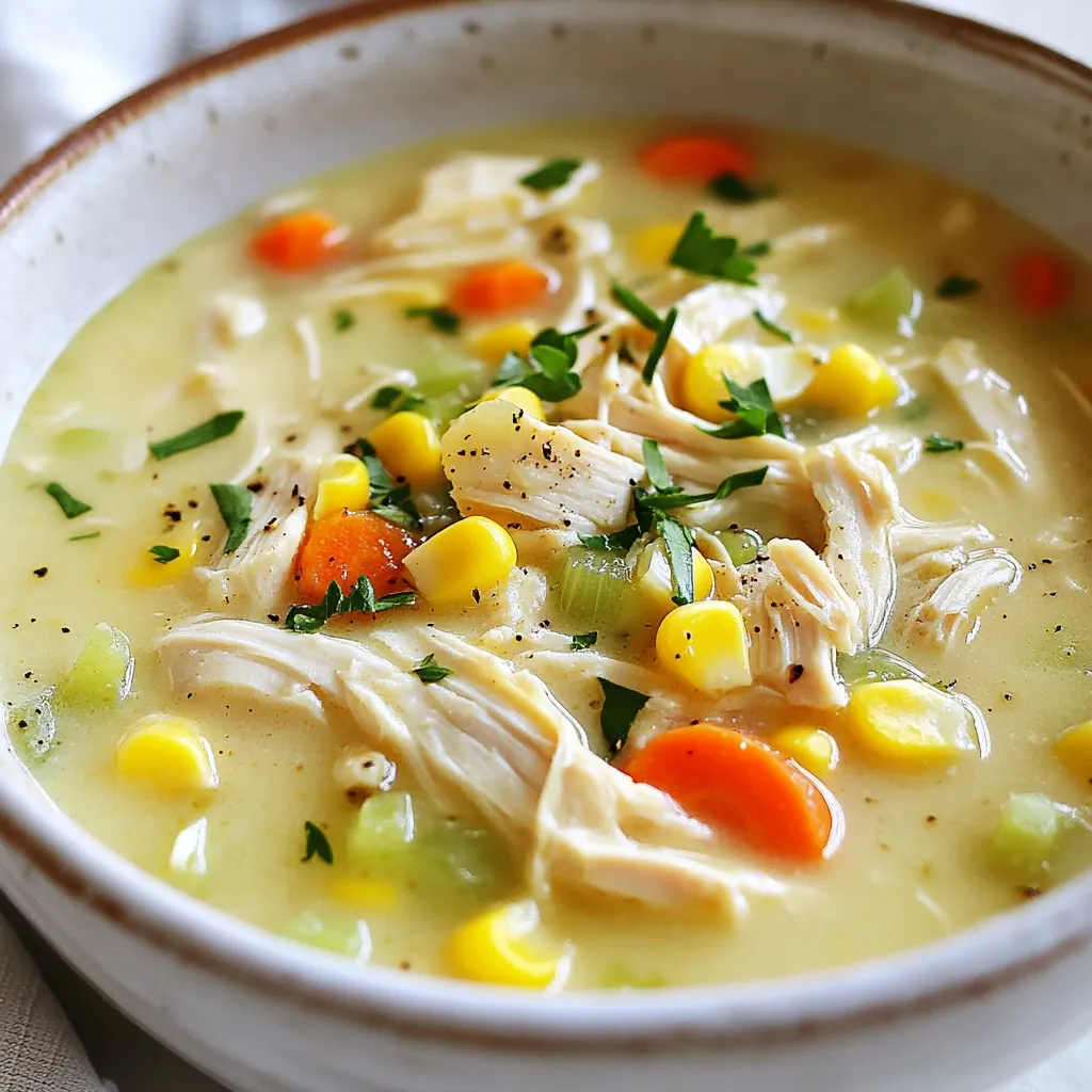 - 2 boneless, skinless chicken breasts - 6 cups chicken broth - 1 medium onion, finely diced - 2 cloves of garlic, minced - 2 medium carrots, peeled and diced - 2 stalks of celery, diced - 1 cup corn kernels, fresh or frozen - 1 teaspoon dried thyme - 1 teaspoon dried oregano - 1/2 teaspoon red pepper flakes - Salt and freshly ground black pepper, to taste - 1 cup heavy cream - Fresh parsley, chopped, for garnish When choosing fresh ingredients, look for bright colors and firm textures. - For chicken, pick breasts with no discoloration. - Choose onions that feel heavy and have smooth skins. - Carrots should be firm and not wrinkled. - Fresh herbs should smell strong and look vibrant. - Corn can be fresh or frozen; just ensure it is high quality. You can easily swap some ingredients based on what you have. - For chicken, use rotisserie chicken for a quicker option. - If you don’t have chicken broth, vegetable broth works well. - Use shallots instead of onion for a milder taste. - Replace heavy cream with coconut milk for a lighter soup. - You can add other veggies, like bell peppers or zucchini, for more flavor. {{ingredient_image_2}} Making Marry Me Chicken Soup is simple and quick. First, you cook the veggies and chicken together. Then, you shred the chicken and mix in cream and corn. Finally, you serve it hot with fresh parsley. 1. Start by heating 1 tablespoon of olive oil in a large pot over medium heat. 2. Add the finely diced onion and sauté for 3-4 minutes until it looks clear and smells good. 3. Next, stir in the minced garlic and cook for 1 minute, so it releases its nice aroma. 4. Add the diced carrots and celery, cooking for 5-6 minutes. This softens the veggies and builds flavor. 5. Sprinkle in the dried thyme, oregano, red pepper flakes, salt, and black pepper. Mix well. 6. Place the chicken breasts into the pot and pour in the chicken broth. Bring it to a gentle boil. 7. Lower the heat to simmer and cover the pot. Let it cook for 15-20 minutes until the chicken is cooked through. 8. Take out the chicken and shred it using two forks. Return the shredded chicken back into the soup. 9. Stir in the corn and heavy cream. Let it simmer for another 5 minutes, adjusting seasoning to taste. 10. Ladle the soup into warm bowls and garnish with chopped parsley. To shred chicken quickly, let it cool for a few minutes after cooking. Use two forks to pull apart the meat. If you want, you can also use a stand mixer with a paddle attachment. This method works great and saves time. To make your Marry Me Chicken Soup shine, I have a few tasty tips. First, use fresh herbs whenever you can. Fresh thyme and oregano add a vibrant touch. You can also add a splash of lemon juice for brightness. This small addition can lift the flavors and make the soup pop. Another great way to enhance flavor is to brown the chicken before adding it to the pot. This step adds depth, making the soup richer. Try sautéing the garlic until golden, too. This brings out its sweet notes. Avoid overcooking the chicken. It can turn dry and tough. Cook it just until it’s no longer pink. Also, don’t skip seasoning until the end. Season as you go. This builds layers of flavor that make every bite amazing. Be careful with the cream. If added too early, it can curdle. Stir it in right before serving for a smooth finish. Lastly, don’t forget to taste! Adjust salt and spice as needed. This ensures the best taste for your soup. If you want a thicker soup, there are some easy tricks. A simple way is to mash some of the cooked vegetables. Just take a few from the pot and mash them with a fork, then stir them back in. You can also add a slurry of cornstarch and water. Mix one tablespoon of cornstarch with two tablespoons of water, then stir it into the soup. Let it simmer for a few minutes to thicken. Another option is to let the soup simmer longer. This reduces the liquid and thickens the soup naturally. Just keep an eye on it to avoid burning. Pro Tips Use Fresh Ingredients: Whenever possible, opt for fresh vegetables and herbs to enhance the flavor and nutritional value of your soup. Customize the Spice Level: Adjust the amount of red pepper flakes to suit your taste; you can even omit them for a milder soup. Make it Ahead: This soup can be made in advance and stored in the refrigerator for up to 3 days, allowing flavors to meld beautifully. Garnish for Appeal: A sprinkle of fresh parsley not only adds color but also a burst of freshness that complements the creamy soup. {{image_4}} To make your Marry Me Chicken Soup dairy-free, swap the heavy cream. Use coconut milk or almond milk instead. These options add a nice creaminess without dairy. Both options will change the flavor slightly, but they still taste great. Just remember to check for added sugars in the milk you choose! Boost the nutrition of your soup by adding more veggies. Consider adding: - Spinach - Kale - Zucchini - Bell peppers These vegetables bring color, flavor, and extra vitamins. You can add them in step 3 with the carrots and celery. They’ll cook down nicely and blend well with the soup. If you enjoy a bit of heat, spice up your soup! Start by increasing the red pepper flakes. You can also add fresh jalapeños or crushed chili peppers. Another great choice is hot sauce. Just a few drops can take your soup to the next level. Adjust the spice to your taste and enjoy the warmth! To keep your Marry Me Chicken Soup fresh, let it cool down first. This helps prevent condensation in the storage container. Use airtight containers for the best protection. Store the soup in the fridge for up to three days. If you plan to eat it later, it's best to freeze it. For long-term storage, freeze the soup in portions. Use freezer-safe bags or containers. Make sure to leave some space for the soup to expand as it freezes. This soup can last for up to three months in the freezer. Always label the bags with the date to track freshness. When you’re ready to enjoy the soup again, thaw it overnight in the fridge. Reheat it on the stove over low heat. Stir often to keep it from sticking. If it looks too thick, add a splash of chicken broth or water. This will help restore its creamy texture and flavor. Enjoy! Marry Me Chicken Soup is a rich, creamy soup made with chicken and veggies. It gets its name from the idea that anyone who tastes it will fall in love. The soup includes chicken breasts, onion, garlic, carrots, celery, corn, and seasonings. It is hearty and packed with flavor. The heavy cream adds a smooth texture, making it feel like a warm hug in a bowl. Yes, you can make Marry Me Chicken Soup in a slow cooker. Start by sautéing the onion and garlic in a pan. Then, add all the ingredients to the slow cooker. Include the sautéed onion and garlic, chicken, broth, veggies, and seasonings. Cook on low for 6-8 hours or on high for 3-4 hours. Shred the chicken before adding the cream in the last 30 minutes of cooking. To make Marry Me Chicken Soup gluten-free, use gluten-free chicken broth. Most chicken broths are gluten-free, but always check the label. Use fresh veggies and the other ingredients listed. This soup is naturally gluten-free without any flour or gluten-containing items. Always double-check your seasonings for hidden gluten. Enjoy a bowl of comfort without worry! In this post, we explored all aspects of Marry Me Chicken Soup. We discussed key ingredients, tips for freshness, and easy substitutions. The step-by-step guide made cooking simple and stress-free. I also shared ways to improve flavor and avoid mistakes. Variations, like dairy-free or spicy options, add fun to the recipe. Finally, we covered storage tips to keep leftovers tasty. Enjoy your cooking and make this soup a go-to dish!