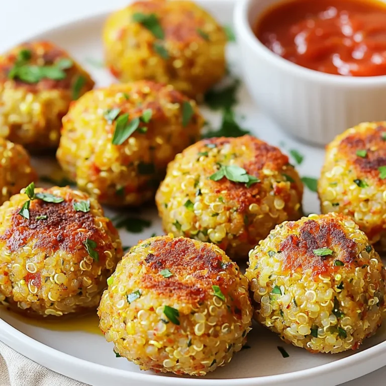 To make these veggie meatballs, you will need: - 1 cup cooked quinoa - 1 cup grated zucchini (squeeze out excess moisture) - 1 cup cooked green or brown lentils - 1/2 cup breadcrumbs (gluten-free option available) - 1/4 cup grated Parmesan cheese (or vegan alternative) - 1/2 teaspoon garlic powder - 1/2 teaspoon dried oregano - 1/2 teaspoon smoked paprika - Salt and pepper to taste - 1 large egg (or flax egg: 1 tablespoon ground flaxseed + 2.5 tablespoons water) - 2 tablespoons fresh parsley, finely chopped - Olive oil for brushing You can easily swap some ingredients based on your needs: - Use any cooked grain like rice or barley instead of quinoa. - For a nut-free option, skip the cheese or use nutritional yeast. - If you need a vegan recipe, replace the egg with a flax egg. - You can use chickpeas or black beans instead of lentils for a different flavor. - For gluten-free meatballs, choose gluten-free breadcrumbs or oat flour. These veggie meatballs are packed with nutrients: - Calories: About 180 per serving - Protein: 10 grams, thanks to quinoa and lentils - Fiber: 6 grams, which is great for digestion - Fat: 5 grams, mainly from olive oil and cheese - Vitamins: Rich in vitamins A and C from zucchini and parsley - Minerals: Good source of iron and magnesium Enjoy this healthy meal option that is both tasty and satisfying! {{ingredient_image_2}} First, preheat your oven to 400°F (200°C). This step is key for a good bake. Next, grab a baking sheet and line it with parchment paper. This will stop the meatballs from sticking. In a large bowl, combine these ingredients: - 1 cup cooked quinoa - 1 cup grated zucchini (squeeze out the water) - 1 cup cooked green or brown lentils - 1/2 cup breadcrumbs - 1/4 cup grated Parmesan cheese - 1/2 teaspoon garlic powder - 1/2 teaspoon dried oregano - 1/2 teaspoon smoked paprika - Salt and pepper to taste - 1 large egg (or flax egg) - 2 tablespoons fresh parsley, chopped Mix these well until they are fully blended. This is where the magic happens! Now, use slightly damp hands to scoop out the mixture. Form small balls, about 1 to 1.5 inches wide. Space them out on the baking sheet. To help them crisp, brush a little olive oil on top. Bake the meatballs for 25 to 30 minutes. Flip them halfway through to brown all sides. You want them golden and crispy. Enjoy them with marinara sauce or in a veggie sandwich! To make the best veggie meatballs, start with dry ingredients. Use cooked quinoa and lentils. This gives a strong base. Grate zucchini and squeeze out water. This keeps the meatballs from being soggy. Mix all ingredients well in a bowl. Make sure to combine them evenly. This helps each bite taste great. Use a light hand when forming balls. Too much pressure makes them dense. One common mistake is using too much moisture. Avoid adding extra water or liquid. This can ruin the texture. Another mistake is not seasoning enough. Always taste the mixture before baking. Adjust salt and spices to your liking. Don’t forget to flip the meatballs halfway. This ensures even cooking and browning. Lastly, not preheating the oven can lead to uneven cooking. Always set the right temperature ahead of time. For a great texture, balance is key. Use both grains and legumes. Quinoa adds fluffiness while lentils add heartiness. Breadcrumbs give structure, so don’t skip them. If you want a lighter option, use gluten-free breadcrumbs. To make them crispy, lightly brush olive oil on top. Bake until golden brown. The outside should be crisp, while the inside stays soft. Let them cool slightly before serving. This helps hold their shape. Pro Tips Moisture Management: Ensure to squeeze out excess moisture from the grated zucchini to prevent soggy meatballs. Binding Alternative: For a vegan option, use the flax egg as a binder; it works just as well as a regular egg. Even Cooking: Flip the meatballs halfway through baking to ensure they brown evenly on all sides. Flavor Boost: Experiment with different herbs and spices to customize the flavor of your veggie meatballs. {{image_4}} You can switch up the grains and legumes in veggie meatballs for fun. Try using cooked brown rice or farro instead of quinoa. Both add great texture. For legumes, black beans or chickpeas work well. They give a different flavor and are packed with protein. Mixing these options keeps your meals fresh and exciting. Boost the flavor of your veggie meatballs with simple tweaks. Add fresh herbs like basil or cilantro for a burst of taste. You can also mix in spices like cumin or chili powder for a kick. For a smoky taste, substitute regular paprika with smoked paprika, as the recipe suggests. A splash of soy sauce or Worcestershire sauce can add depth as well. Making these meatballs vegan or gluten-free is easy. To go vegan, replace the egg with a flax egg, as mentioned. You can use gluten-free breadcrumbs instead of regular ones. This allows everyone to enjoy the dish without worry. These small changes keep the meatballs tasty and healthy for all diets. Store leftover veggie meatballs in an airtight container. This keeps them fresh. Place a paper towel in the container to absorb moisture. You can keep them in the fridge for up to four days. If you want to eat them later, consider freezing them. To reheat, you can use the oven or a microwave. For the oven, preheat to 350°F (175°C). Place the meatballs on a baking sheet and heat for 10-15 minutes. This makes them crispy again. In the microwave, heat them on a plate for about 1-2 minutes. Make sure to cover them with a lid or a damp paper towel. If you want to freeze your meatballs, let them cool completely first. Then, place them in a single layer on a baking sheet. Freeze them for about an hour. Once frozen, move them to a freezer bag. Remove as much air as possible from the bag. You can store them in the freezer for up to three months. When ready to eat, thaw in the fridge overnight and reheat as mentioned. To make veggie meatballs stick, you need a binding agent. I recommend using an egg or a flax egg. The egg helps hold the mix together. If you use a flax egg, mix ground flaxseed with water. Let it sit for five minutes to thicken. This will keep your meatballs from falling apart. Yes, you can use frozen ingredients. Just make sure to thaw and drain them well. If you use frozen zucchini, squeeze out excess water. This keeps your meatballs from being too wet. Frozen lentils work well, too. Just cook them before mixing. Cooked veggie meatballs can last up to five days in the fridge. Store them in an airtight container. Make sure they cool completely before sealing. This helps keep them fresh and tasty for your next meal. In this blog post, we explored how to make delicious veggie meatballs. We covered key ingredients and their substitutes, plus nutritional info. I laid out step-by-step instructions for cooking, with tips for great texture. We talked about flavor variations and how to store leftovers. Remember, making veggie meatballs can be simple and fun. Enjoy experimenting with different flavors and ingredients to find your ideal meatball. Follow these steps, and you’ll impress your friends and family!