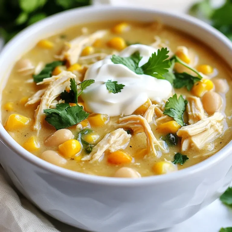 - 1.5 lbs boneless, skinless chicken breasts - 1 can (15 oz) white beans, drained and rinsed - 1 can (4 oz) diced green chilies - 1 medium onion, finely chopped - 2 cloves garlic, minced - 1 cup corn (fresh or frozen) - 2 cups chicken broth When I make this chili, I love using boneless, skinless chicken breasts. They cook well and shred easily. White beans add a creamy texture that blends perfectly with the other ingredients. Diced green chilies bring a mild heat and great flavor. Chopping onion and garlic adds depth. I often use corn for a sweet touch, and chicken broth binds all the flavors. - 1 teaspoon ground cumin - 1 teaspoon chili powder - 1 teaspoon dried oregano - Salt and pepper to taste The seasonings truly make this dish stand out. Ground cumin gives a warm, earthy flavor. Chili powder adds a bit of kick without being too spicy. Dried oregano enhances the taste. I always sprinkle salt and freshly cracked pepper to finish, adjusting to my preference. - 1 cup sour cream - 1 cup shredded Monterey Jack cheese - Fresh cilantro, chopped, for garnish In my opinion, the creamy additions are what elevate this chili. Sour cream makes it rich and smooth. Shredded Monterey Jack cheese melts beautifully, creating a comforting texture. I love topping it with fresh cilantro. It adds a burst of color and flavor that brightens up the dish. {{ingredient_image_2}} To start, layer the chicken breasts at the bottom of your crockpot. Use 1.5 pounds of boneless, skinless chicken. This makes a tasty base. Next, add a 15-ounce can of drained and rinsed white beans. Then, pour in a 4-ounce can of diced green chilies. It gives a nice kick! Now, chop one medium onion finely and add it in. Don't forget two cloves of minced garlic. They add great flavor! Finally, toss in one cup of corn, fresh or frozen. Once that’s done, it’s time to add the broth and spices. Pour in two cups of chicken broth. This keeps everything moist and flavorful. Sprinkle one teaspoon of ground cumin, one teaspoon of chili powder, and one teaspoon of dried oregano on top. Add salt and pepper to taste. Use a large spoon to mix everything gently. Make sure not to disturb the chicken too much. You want it to stay whole while cooking. Cover the crockpot with its lid. You can choose to cook on low for 6 to 7 hours or high for 4 to 5 hours. Cooking on low helps the flavors blend better. To ensure even cooking, make sure the lid fits well. This keeps the heat in. Stir the chili halfway through cooking if you can. This helps it cook evenly. When the cooking time is up, carefully take the chicken out using tongs. Place it on a cutting board. Shred the chicken using two forks. It should fall apart easily. Return the shredded chicken back into the crockpot. Now, it’s time for the creamy finish! Stir in one cup of sour cream and one cup of shredded Monterey Jack cheese. Mix until the cheese melts and the chili is creamy. Taste the chili and adjust the seasonings if needed. Add more salt or spices if you like. Serve your creamy white chicken chili hot. Top it with fresh chopped cilantro for a pop of color and taste! Enjoy it with crusty bread or tortilla chips for a fun meal. To shred chicken easily, pull it apart while warm. Use two forks to tear it into small pieces. This way, the chicken mixes well with the chili. If you need a creamier chili, add more sour cream or cheese. Stir gently to blend it without losing the texture. To boost flavor, try adding more spices. A pinch of paprika or cayenne pepper can add heat. You can also add fresh herbs like cilantro or parsley. These herbs enhance the taste and make the dish look fresh. Add them just before serving for the best flavor. For best results, cook on low for 6-7 hours or high for 4-5 hours. If you are unsure if it's done, check the chicken. It should shred easily with a fork. The chili is ready when it’s thick and creamy, with all flavors well combined. Pro Tips Use Frozen Ingredients: If you're short on time, using frozen corn and pre-cooked chicken can save you prep time without sacrificing flavor. Adjust the Spice Level: For a spicier chili, add more diced green chilies or a pinch of cayenne pepper to the mix. Serve with Toppings: Enhance your chili by serving it with toppings like avocado, jalapeños, or additional cheese for extra flavor and texture. Make it Ahead: This chili can be made a day in advance. The flavors deepen overnight, making it even tastier when reheated! {{image_4}} You can change a few ingredients in this chili to suit your taste. First, try different beans. Instead of white beans, use black beans or pinto beans. They bring their own flavor and texture. You can also use turkey or beef instead of chicken. Ground turkey or shredded beef works great. Just adjust the cooking time based on the meat you choose. Want a meatless version? You can make this chili vegetarian easily. Start by leaving out the chicken. Use more beans and add some chopped bell peppers for texture. For the broth, use vegetable broth instead of chicken broth. This keeps the flavor rich and savory. If you love heat, spice up your chili! Add jalapeños or other hot peppers to the mix. You can chop them finely and mix them in with the other veggies. If you want extra heat, stir in some hot sauce at the end. This gives your chili a nice kick that spice lovers will enjoy. To keep your chili fresh, use airtight containers. Glass or plastic containers work well. Let the chili cool first. This prevents condensation inside the container. Store it in the fridge if you plan to eat it soon. For longer storage, freeze it. Make sure to label the containers with dates. This helps you keep track of freshness. When it’s time to eat your chili again, you have a few good options. You can use the microwave, stovetop, or crockpot. For the microwave, heat it in short bursts. Stir it every minute to keep it even. On the stovetop, warm it in a pot over low heat. Add a splash of chicken broth if it seems too thick. If you use the crockpot, set it to low. This method keeps the creaminess of the sour cream and cheese. Stir often to avoid sticking. In the fridge, this chili lasts about 3-4 days. Make sure to eat it within this time. If you freeze it, it can last for up to 3 months. Signs of spoilage include changes in smell or color. If it looks or smells off, throw it away. Always trust your senses when it comes to food safety. Yes, you can make this chili ahead of time. Meal prepping saves you time later. You can prepare the chili in your crockpot and let it cook. Once cooked, let it cool. Store it in an airtight container in the fridge for up to three days. When ready to eat, just reheat it on the stove or in the microwave. This method keeps the flavors fresh and tasty. Absolutely! Freezing chili is a great way to save leftovers. To freeze, let the chili cool completely. Transfer it to a freezer-safe container or bag. Make sure to leave some space at the top for expansion. Seal it tightly and label it. When you want to eat it, thaw it in the fridge overnight. Then heat it on the stove or in the microwave until hot. Yes, you can use cooked chicken. Just make sure it is shredded or diced. Using cooked chicken cuts down on the cooking time. Add the cooked chicken to the crockpot with the other ingredients. Cook for about 2 hours on high or 4 hours on low. This way, the flavors blend nicely without overcooking the chicken. In this post, we explored how to make Crockpot White Chicken Chili. We discussed key ingredients like chicken, beans, and spices. I shared step-by-step cooking instructions and tips for perfect texture. You learned about variations, from vegetarian options to spicy twists. Lastly, we covered storage tips to keep your chili fresh. This recipe is easy and flexible. You can adjust flavors and ingredients to match your taste. Enjoy your chili adventures and make it your own!