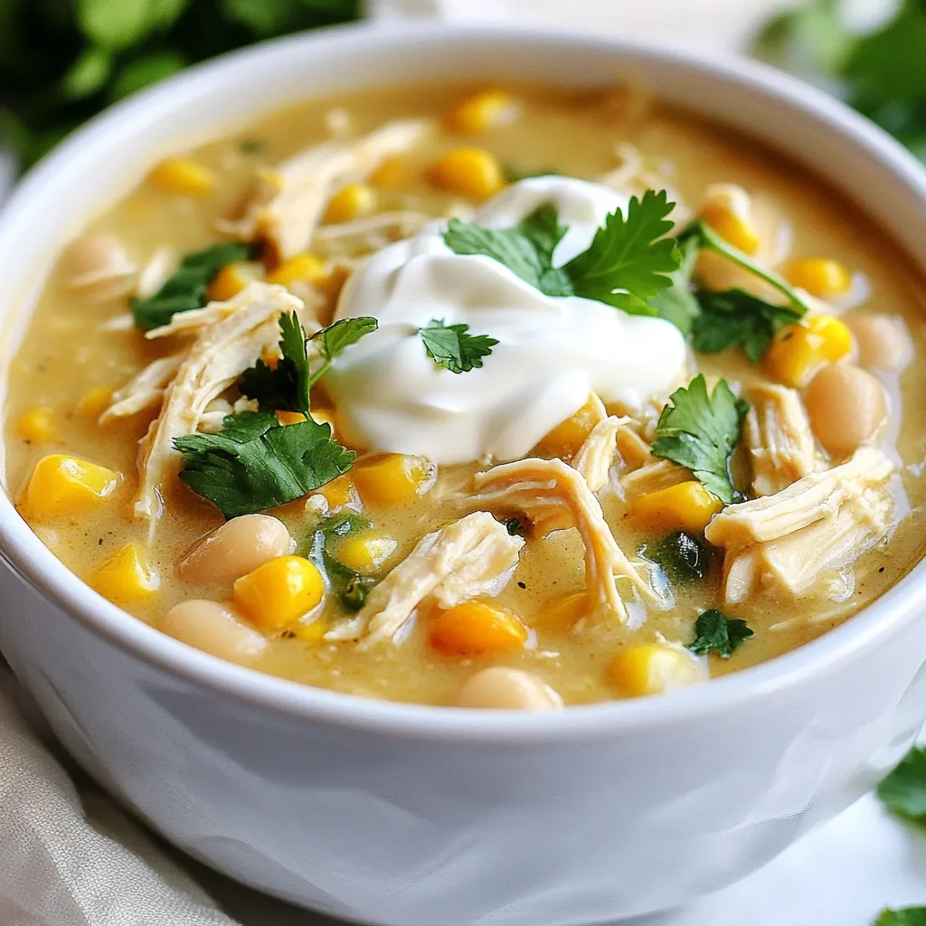 - 1.5 lbs boneless, skinless chicken breasts - 1 can (15 oz) white beans, drained and rinsed - 1 can (4 oz) diced green chilies - 1 medium onion, finely chopped - 2 cloves garlic, minced - 1 cup corn (fresh or frozen) - 2 cups chicken broth When I make this chili, I love using boneless, skinless chicken breasts. They cook well and shred easily. White beans add a creamy texture that blends perfectly with the other ingredients. Diced green chilies bring a mild heat and great flavor. Chopping onion and garlic adds depth. I often use corn for a sweet touch, and chicken broth binds all the flavors. - 1 teaspoon ground cumin - 1 teaspoon chili powder - 1 teaspoon dried oregano - Salt and pepper to taste The seasonings truly make this dish stand out. Ground cumin gives a warm, earthy flavor. Chili powder adds a bit of kick without being too spicy. Dried oregano enhances the taste. I always sprinkle salt and freshly cracked pepper to finish, adjusting to my preference. - 1 cup sour cream - 1 cup shredded Monterey Jack cheese - Fresh cilantro, chopped, for garnish In my opinion, the creamy additions are what elevate this chili. Sour cream makes it rich and smooth. Shredded Monterey Jack cheese melts beautifully, creating a comforting texture. I love topping it with fresh cilantro. It adds a burst of color and flavor that brightens up the dish. {{ingredient_image_2}} To start, layer the chicken breasts at the bottom of your crockpot. Use 1.5 pounds of boneless, skinless chicken. This makes a tasty base. Next, add a 15-ounce can of drained and rinsed white beans. Then, pour in a 4-ounce can of diced green chilies. It gives a nice kick! Now, chop one medium onion finely and add it in. Don't forget two cloves of minced garlic. They add great flavor! Finally, toss in one cup of corn, fresh or frozen. Once that’s done, it’s time to add the broth and spices. Pour in two cups of chicken broth. This keeps everything moist and flavorful. Sprinkle one teaspoon of ground cumin, one teaspoon of chili powder, and one teaspoon of dried oregano on top. Add salt and pepper to taste. Use a large spoon to mix everything gently. Make sure not to disturb the chicken too much. You want it to stay whole while cooking. Cover the crockpot with its lid. You can choose to cook on low for 6 to 7 hours or high for 4 to 5 hours. Cooking on low helps the flavors blend better. To ensure even cooking, make sure the lid fits well. This keeps the heat in. Stir the chili halfway through cooking if you can. This helps it cook evenly. When the cooking time is up, carefully take the chicken out using tongs. Place it on a cutting board. Shred the chicken using two forks. It should fall apart easily. Return the shredded chicken back into the crockpot. Now, it’s time for the creamy finish! Stir in one cup of sour cream and one cup of shredded Monterey Jack cheese. Mix until the cheese melts and the chili is creamy. Taste the chili and adjust the seasonings if needed. Add more salt or spices if you like. Serve your creamy white chicken chili hot. Top it with fresh chopped cilantro for a pop of color and taste! Enjoy it with crusty bread or tortilla chips for a fun meal. To shred chicken easily, pull it apart while warm. Use two forks to tear it into small pieces. This way, the chicken mixes well with the chili. If you need a creamier chili, add more sour cream or cheese. Stir gently to blend it without losing the texture. To boost flavor, try adding more spices. A pinch of paprika or cayenne pepper can add heat. You can also add fresh herbs like cilantro or parsley. These herbs enhance the taste and make the dish look fresh. Add them just before serving for the best flavor. For best results, cook on low for 6-7 hours or high for 4-5 hours. If you are unsure if it's done, check the chicken. It should shred easily with a fork. The chili is ready when it’s thick and creamy, with all flavors well combined. Pro Tips Use Frozen Ingredients: If you're short on time, using frozen corn and pre-cooked chicken can save you prep time without sacrificing flavor. Adjust the Spice Level: For a spicier chili, add more diced green chilies or a pinch of cayenne pepper to the mix. Serve with Toppings: Enhance your chili by serving it with toppings like avocado, jalapeños, or additional cheese for extra flavor and texture. Make it Ahead: This chili can be made a day in advance. The flavors deepen overnight, making it even tastier when reheated! {{image_4}} You can change a few ingredients in this chili to suit your taste. First, try different beans. Instead of white beans, use black beans or pinto beans. They bring their own flavor and texture. You can also use turkey or beef instead of chicken. Ground turkey or shredded beef works great. Just adjust the cooking time based on the meat you choose. Want a meatless version? You can make this chili vegetarian easily. Start by leaving out the chicken. Use more beans and add some chopped bell peppers for texture. For the broth, use vegetable broth instead of chicken broth. This keeps the flavor rich and savory. If you love heat, spice up your chili! Add jalapeños or other hot peppers to the mix. You can chop them finely and mix them in with the other veggies. If you want extra heat, stir in some hot sauce at the end. This gives your chili a nice kick that spice lovers will enjoy. To keep your chili fresh, use airtight containers. Glass or plastic containers work well. Let the chili cool first. This prevents condensation inside the container. Store it in the fridge if you plan to eat it soon. For longer storage, freeze it. Make sure to label the containers with dates. This helps you keep track of freshness. When it’s time to eat your chili again, you have a few good options. You can use the microwave, stovetop, or crockpot. For the microwave, heat it in short bursts. Stir it every minute to keep it even. On the stovetop, warm it in a pot over low heat. Add a splash of chicken broth if it seems too thick. If you use the crockpot, set it to low. This method keeps the creaminess of the sour cream and cheese. Stir often to avoid sticking. In the fridge, this chili lasts about 3-4 days. Make sure to eat it within this time. If you freeze it, it can last for up to 3 months. Signs of spoilage include changes in smell or color. If it looks or smells off, throw it away. Always trust your senses when it comes to food safety. Yes, you can make this chili ahead of time. Meal prepping saves you time later. You can prepare the chili in your crockpot and let it cook. Once cooked, let it cool. Store it in an airtight container in the fridge for up to three days. When ready to eat, just reheat it on the stove or in the microwave. This method keeps the flavors fresh and tasty. Absolutely! Freezing chili is a great way to save leftovers. To freeze, let the chili cool completely. Transfer it to a freezer-safe container or bag. Make sure to leave some space at the top for expansion. Seal it tightly and label it. When you want to eat it, thaw it in the fridge overnight. Then heat it on the stove or in the microwave until hot. Yes, you can use cooked chicken. Just make sure it is shredded or diced. Using cooked chicken cuts down on the cooking time. Add the cooked chicken to the crockpot with the other ingredients. Cook for about 2 hours on high or 4 hours on low. This way, the flavors blend nicely without overcooking the chicken. In this post, we explored how to make Crockpot White Chicken Chili. We discussed key ingredients like chicken, beans, and spices. I shared step-by-step cooking instructions and tips for perfect texture. You learned about variations, from vegetarian options to spicy twists. Lastly, we covered storage tips to keep your chili fresh. This recipe is easy and flexible. You can adjust flavors and ingredients to match your taste. Enjoy your chili adventures and make it your own!