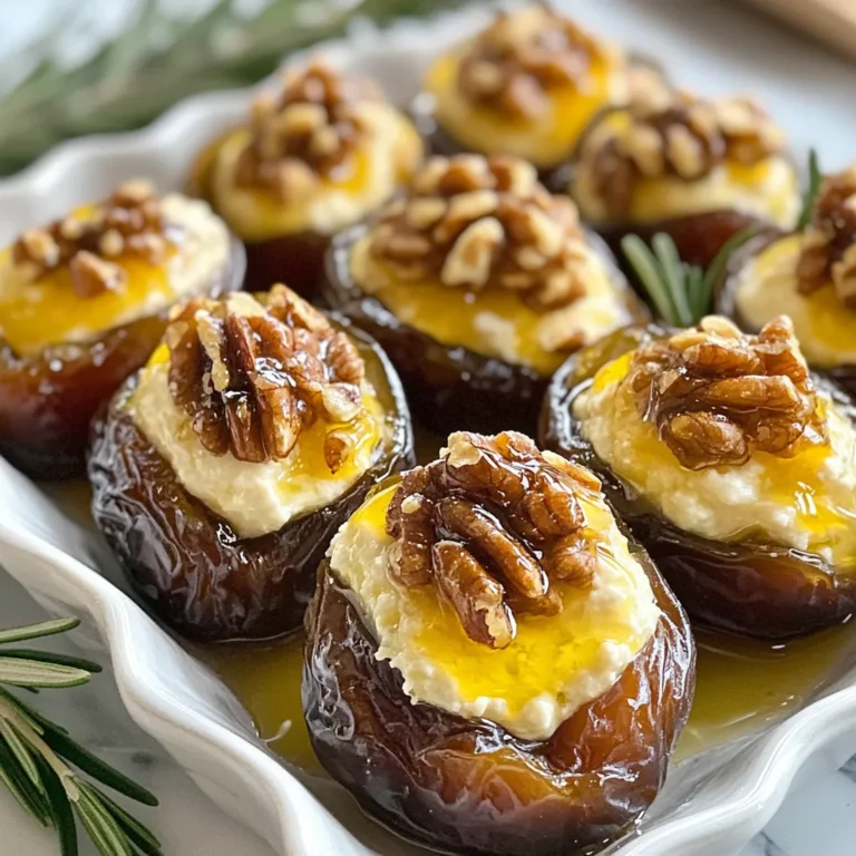 - 20 Medjool dates, pitted - 5 oz goat cheese, softened to room temperature - 2 tablespoons honey (plus extra for drizzling) - 1/2 teaspoon vanilla extract - 1/4 teaspoon ground cinnamon - 1/4 teaspoon fine sea salt - 1/2 cup walnuts, finely chopped (or substitute with pecans) - Fresh rosemary or thyme leaves for garnish To get the best taste, use the right amount of each ingredient. The goat cheese needs to be soft. This helps it blend well with honey, vanilla, cinnamon, and salt. Mix these until smooth. The balance of flavors is key. I suggest using just enough honey to sweeten the cheese. Too much honey can make it overly sweet. The walnuts provide crunch. Make sure you chop them finely for even coating. Fresh herbs add a nice touch, so don’t skip them! If you can't find goat cheese, try cream cheese for a similar texture. It won’t have the same tang, but it works well. For those who prefer a nut-free option, skip the walnuts and use seeds like sunflower or pumpkin seeds. These give a different crunch. If you want to change the herbs, try mint or basil instead of rosemary or thyme. Each will give your dish a unique taste. Using maple syrup instead of honey can also add a fun twist. {{ingredient_image_2}} First, preheat your oven to 375°F (190°C). This step ensures that your dates bake evenly. Next, grab a medium bowl. Here, mix 5 ounces of softened goat cheese with 2 tablespoons of honey, 1/2 teaspoon of vanilla extract, 1/4 teaspoon of ground cinnamon, and 1/4 teaspoon of fine sea salt. Use a fork or a spatula to blend these ingredients until smooth. You want a creamy texture that’s easy to stuff into the dates. Now, take your 20 pitted Medjool dates. Use a small spoon or your fingers to fill each date with the goat cheese mixture. Make sure to fill them well but avoid letting the cheese overflow. Once all the dates are stuffed, roll each one in 1/2 cup of finely chopped walnuts. This adds not just flavor but also a nice crunch. Arrange the coated stuffed dates on a baking sheet lined with parchment paper. This prevents them from sticking, making cleanup easier. Place the baking sheet in the preheated oven. Bake for about 10 to 12 minutes. You want the walnuts to toast lightly, and the cheese should warm up without browning. After baking, remove the tray from the oven and let the dates cool for a few minutes. This cooling time helps the flavors settle. To add a special touch, drizzle a bit more honey over the warm dates. Finally, garnish with fresh rosemary or thyme leaves. This not only looks beautiful but also adds a fragrant aroma. For an elegant display, consider arranging the dates on a serving platter with sprigs of fresh herbs or next to a small bowl of honey for dipping. When making honey goat cheese stuffed dates, be cautious. Here are some common mistakes: - Using cold cheese: Cold goat cheese is hard to mix. Let it soften for a smooth blend. - Overstuffing dates: Fill each date generously, but don’t let the cheese overflow. - Skipping the toasting step: Toasting walnuts enhances their flavor. Don't skip this step. - Not preheating the oven: Always preheat your oven. This helps achieve the perfect bake. To make these dates even more delicious, try these tips: - Add herbs: Mix fresh herbs like thyme or rosemary into the cheese for extra flavor. - Use flavored honey: Infused honey, like lavender or chili, can add a unique twist. - Experiment with spices: A touch of cardamom or nutmeg can elevate the flavor. - Try different nuts: Pecans or almonds are great substitutes for walnuts. An attractive plate makes food more appealing. Here are some ideas: - Use a platter: Arrange stuffed dates on a large plate for a lovely display. - Garnish with herbs: Add fresh herbs like rosemary or thyme for color and aroma. - Drizzle honey: A light drizzle of honey on top adds shine and sweetness. - Serve with dipping options: Place a small bowl of honey next to the platter for dipping. Pro Tips Quality Cheese Matters: Use high-quality goat cheese for a creamier texture and richer flavor that pairs beautifully with the sweetness of the dates. Walnut Substitutions: If you prefer a different nut, pecans or almonds can work exceptionally well, providing their unique flavors while still complementing the dish. Herb Variations: Experiment with different herbs like mint or basil for a unique twist on the garnish, adding freshness to the sweet and savory profile. Make Ahead: Prepare the stuffed dates in advance and store them in the refrigerator. Bake them just before serving for a warm, delightful appetizer. {{image_4}} If you want to change things up, use different cheeses. Cream cheese adds a rich taste. It’s smooth and blends well with the honey. Ricotta offers a light, fluffy texture. Try feta for a salty kick. Each cheese brings its own flavor, making your stuffed dates unique. You can also add extra flavors to the cheese mix. A pinch of cayenne can add heat. Mix in herbs like thyme or rosemary for freshness. You might want to swap out the honey for maple syrup. This gives a sweet twist and pairs well with the cheese. Change your recipe with the seasons. In spring, add fresh lemon zest for brightness. Summer calls for a touch of basil to add a fresh taste. Fall is perfect for a hint of nutmeg or pumpkin spice. Winter can be brightened up with orange zest for a festive touch. Each season offers new ideas to keep your appetizer exciting! To store leftover Honey Goat Cheese Stuffed Dates, place them in an airtight container. Keep them in the fridge. They will stay fresh for up to four days. Make sure they are completely cool before sealing the container. This helps avoid moisture buildup. When you want to enjoy your stuffed dates again, preheat your oven to 350°F (175°C). Place the dates on a baking sheet. Heat them for about 5 to 10 minutes. This warms them up and keeps the cheese soft. You can also microwave them for about 15 to 20 seconds, but this may make them a bit soggy. If you want to freeze the stuffed dates, wrap each one in plastic wrap. Then, place them in a freezer-safe bag or container. They can last in the freezer for up to three months. When you are ready to eat them, thaw in the fridge overnight. Reheat as mentioned above. Enjoy the tasty flavors even after a long time! You can serve these stuffed dates with many tasty options. Try pairing them with a cheese board. Add some crackers, fresh fruit, and nuts for balance. A light salad with mixed greens works well too. You might also enjoy them with a honey drizzle or balsamic glaze. For drinks, serve with white wine or sparkling water. Yes, you can prepare these stuffed dates ahead of time. Stuff the dates and coat them with nuts. Store them in the fridge for up to a day. When you are ready, bake them just before serving. This keeps them fresh and warm. If you want, you can also drizzle honey right before serving for extra sweetness. Stuffed dates can be a healthy snack. Dates provide fiber and natural sugars for energy. Goat cheese adds protein and calcium. Walnuts or pecans give you healthy fats. Just watch how many you eat, as they can be high in calories. Enjoy them as part of a balanced diet for the best results. This article covers all you need to know about making Honey Goat Cheese Stuffed Dates. We discussed the best ingredients and how to choose the right flavors. You learned step-by-step instructions for preparation, baking, and presentation. I shared tips to avoid common mistakes and enhance each bite. You also saw variations to keep it fresh and exciting. Finally, we looked at storage and reheating for future enjoyment. Enjoy creating these tasty bites; they will impress your family and friends. Happy cooking!