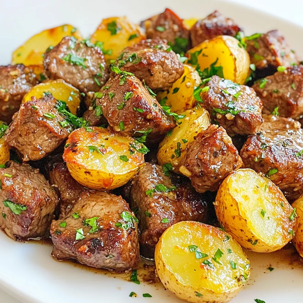 To make Garlic Butter Beef Bites with Potatoes, you'll need the following ingredients: - 1 lb beef sirloin, cut into bite-sized cubes - 4 tablespoons unsalted butter, divided - 6 cloves garlic, minced - 1 teaspoon fresh thyme leaves - 1 teaspoon smoked paprika - Salt and pepper to taste - 1 lb baby potatoes, halved - 2 tablespoons olive oil - Fresh parsley, chopped (for garnish) Each ingredient plays a key role in the dish. The beef sirloin provides a tender and juicy bite. The unsalted butter adds richness, while garlic gives it that amazing flavor. Fresh thyme adds a nice herbal note, and smoked paprika gives a warm, smoky depth. Don't forget the salt and pepper; they enhance all the flavors. The baby potatoes, roasted to crispy perfection, balance the meal with a hearty side. The olive oil helps the potatoes crisp up nicely, and the parsley is perfect for a fresh touch. Make sure to gather all these ingredients before you start. Being prepared makes cooking more enjoyable and stress-free. {{ingredient_image_2}} Preheating your oven is key. Set it to 400°F (200°C). This step helps cook the potatoes evenly. If the oven is not hot enough, the potatoes may turn out soggy. Grab a big bowl and place the halved baby potatoes inside. Drizzle two tablespoons of olive oil over them. Sprinkle salt, pepper, and smoked paprika on top. Toss everything well. This ensures the potatoes soak up all the flavors. Lay the seasoned potatoes flat on a baking sheet. Roast them for about 20-25 minutes. Flip them halfway through. This way, you get crispy edges all around. While the potatoes roast, prepare the beef. Heat two tablespoons of butter in a skillet over medium-high heat. Season the beef cubes with salt, pepper, fresh thyme, and smoked paprika. Make sure each piece is coated well. Once the skillet is hot, add the seasoned beef. Cook them in a single layer. Sear for 2-3 minutes on each side. You want a nice brown crust. If the skillet feels crowded, cook in batches. This helps them cook evenly. After the beef bites are cooked, lower the heat to medium-low. Add the remaining butter and minced garlic to the skillet. Sauté for 1-2 minutes. Stir often to keep the garlic from burning. You want it fragrant and golden, not dark brown. Now comes the fun part. Toss the crispy roasted potatoes into the skillet with the beef and garlic butter. Mix gently to coat everything well. Allow it to heat through for one more minute. For a beautiful finish, serve the dish warm. Sprinkle freshly chopped parsley on top for color. Enjoy your meal! To make your beef bites tender, start with good quality meat. I recommend using beef sirloin. Cut it into uniform cubes. This helps them cook evenly. Sear the beef in a hot skillet. This gives a nice crust. Cook the beef for just a few minutes on each side. Don't overcrowd the pan; this ensures they brown well. Want to boost flavor? Add fresh herbs like rosemary or oregano. You can also sprinkle in some red pepper flakes for heat. Try using garlic powder along with fresh garlic. This creates a more robust garlic taste. A splash of Worcestershire sauce can add depth too. Feel free to experiment with your favorite spices. Presentation matters! Serve your garlic butter beef bites on a rustic wooden board. Arrange the crispy potatoes next to the beef for a colorful display. Garnish with fresh parsley for a pop of green. You can place a small bowl of garlic butter on the side for dipping. Pair this dish with a fresh salad or steamed vegetables. This adds a nice crunch and balances the meal. Pro Tips Use High-Quality Beef: Choosing a good cut of beef, like sirloin, ensures a tender and flavorful bite. Look for marbling, which adds richness to the meat. Don’t Overcrowd the Pan: Searing beef in batches if necessary gives each piece enough space to brown properly, preventing steaming and ensuring a nice crust. Monitor Garlic Closely: Garlic can burn quickly, so keep an eye on it while sautéing. Once it’s fragrant, remove it from heat to avoid bitterness. Rest the Meat: Let the beef bites rest for a couple of minutes after cooking. This allows the juices to redistribute, keeping the meat tender and juicy when served. {{image_4}} You can switch up the beef for your bites. Try using ribeye, tenderloin, or flank steak. Each cut has its own flavor and texture. Ribeye offers rich marbling, while flank steak is leaner and great for marinating. Cut the beef into similar bite-sized pieces. This helps them cook evenly. If you want a meat-free option, replace beef with mushrooms or tofu. Portobello mushrooms give a hearty texture. You can marinate them just like beef for added flavor. For tofu, use firm or extra-firm varieties. Press out excess moisture before cooking. This helps it soak up flavors well. You don’t have to stick with baby potatoes. Try using Yukon gold, red potatoes, or sweet potatoes. Each type brings its own flavor. Yukon golds are creamy, while red potatoes are waxy and hold shape well. Sweet potatoes add a hint of sweetness. You can also add vegetables like carrots or bell peppers for more color and taste. After enjoying your garlic butter beef bites, store any leftovers in the fridge. Use an airtight container to keep them fresh. These bites stay tasty for up to three days. When reheating, use a skillet over medium heat. This method helps retain their flavor and texture. You can also microwave them, but be careful not to overcook. Just heat until warm. To keep these beef bites longer, consider freezing them. First, let the dish cool completely. Then, pack them into a freezer-safe container or bag. Remove as much air as possible to avoid freezer burn. You can freeze the beef bites and potatoes for up to three months. When ready to eat, thaw them overnight in the fridge. Reheat in the skillet for best results. Garlic butter beef bites can last in the fridge for three days. If you freeze them, they stay good for about three months. Always check for any signs of spoilage before eating. If they smell off or look strange, it’s best to toss them. Proper storage helps keep your meal fresh and tasty! Yes, you can use frozen beef. Just make sure to thaw it first. Place it in the fridge overnight. If you need it fast, submerge the beef in cold water for about an hour. Once thawed, pat it dry. This helps the beef sear better. Cook the beef bites as usual. You may need a minute longer to cook them through. Garlic Butter Beef Bites pair well with many sides. Here are some tasty options: - Creamy mashed potatoes - Steamed green beans - Roasted carrots - A fresh garden salad - Rice or quinoa for a heartier meal These sides add color and flavor to your plate. They also balance the richness of the beef. Yes, you can prep this dish ahead of time. Cook the beef bites and potatoes, then cool them down. Store them in airtight containers in the fridge. They last for up to three days. When ready to eat, reheat in a skillet over medium heat. Add a bit of butter for extra flavor. To check if the beef is done, use a meat thermometer. Aim for 130°F for medium-rare and 140°F for medium. If you don’t have a thermometer, cut a piece in half. The inside should be warm and slightly pink. Remember, the beef will cook more after you take it off the heat. This is called carryover cooking. This blog post covers the steps to make garlic butter beef bites with baby potatoes. We discussed key ingredients, clear instructions, tips for perfecting your dish, and various options for customization. You can easily adjust this recipe for your taste, whether you prefer different cuts of beef or vegetarian options. Remember to store leftovers properly for later enjoyment. Enjoy making this simple yet flavorful meal, whether you are a beginner or an experienced cook. Your next delicious dinner is just a few steps away!