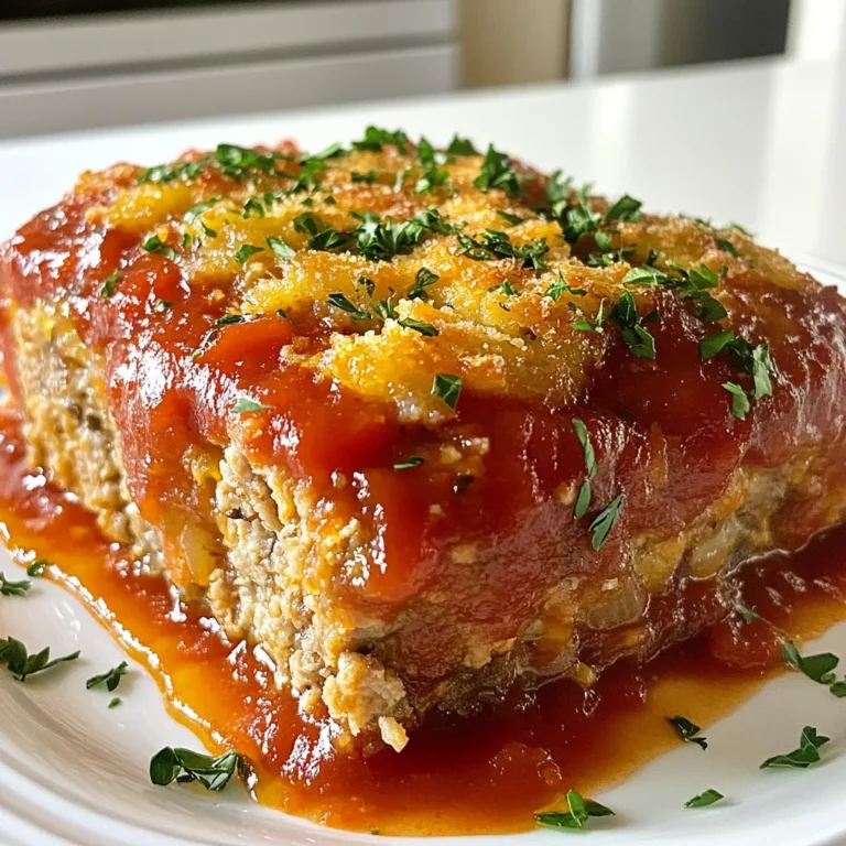 For this Garlic Parmesan Chicken Meatloaf, you will need: - 1 pound ground chicken - 1 cup whole wheat breadcrumbs - 1 large egg, beaten These ingredients provide the base for your meatloaf. Ground chicken keeps it juicy and light. Whole wheat breadcrumbs help bind everything together while adding a nutty taste. The egg acts as a binding agent that makes the meatloaf hold its shape. To make the meatloaf burst with flavor, gather: - 1/2 cup grated Parmesan cheese - 1/4 cup fresh parsley, finely chopped - 2 cloves garlic, minced - 1 small onion, finely chopped - 1 tablespoon Worcestershire sauce - 1/4 cup milk or chicken broth - Salt and black pepper to taste - 1/2 teaspoon dried oregano - 1/2 teaspoon dried thyme Parmesan cheese adds a salty richness. Fresh parsley brings a pop of green and freshness. Garlic and onion provide a savory aroma. Worcestershire sauce adds depth, while herbs like oregano and thyme enhance the overall taste. Finally, you will need: - 1/2 cup marinara sauce for topping This sauce gives the meatloaf a nice finish. It adds moisture and a hint of sweetness. Use your favorite marinara for the best results. {{ingredient_image_2}} Start by preheating your oven to 350°F (175°C). This temperature cooks the meatloaf evenly. Next, prepare your loaf pan. Lightly grease it or line it with parchment paper. This helps the meatloaf come out easily after baking. In a big mixing bowl, add the ground chicken. Then, mix in the whole wheat breadcrumbs. Add the grated Parmesan cheese, finely chopped parsley, minced garlic, and chopped onion. Stir everything well until all the ingredients are mixed. In another bowl, whisk together the beaten egg, milk (or chicken broth), and Worcestershire sauce. Add a pinch of salt, black pepper, dried oregano, and dried thyme. Mix until it looks smooth. Slowly pour this mixture into the chicken bowl. Use your hands or a spatula to mix gently. Be careful not to overmix. This keeps the meatloaf nice and tender. Now, take the meat mixture and put it into your prepared loaf pan. Shape it into a loaf while pressing it down gently. Spoon marinara sauce over the top for added flavor. Put the loaf pan in the oven and bake for 45 to 55 minutes. You know it’s done when the center reaches 165°F (74°C) and is no longer pink. Once baked, take the meatloaf out and let it rest for about 10 minutes. This helps it hold its shape when you slice it. After resting, slice and serve your Garlic Parmesan Chicken Meatloaf for a delicious meal! Mix your meatloaf gently. Overmixing can make it tough. When you combine the chicken with the breadcrumbs and seasonings, use your hands. This keeps the texture light and fluffy. Remember, you want to blend until just combined. It’s fine if it looks a bit uneven. Use a meat thermometer to check your meatloaf's doneness. The safe internal temperature should reach 165°F (74°C). Insert the thermometer into the center of the loaf. This helps ensure it's fully cooked and safe to eat. If you see any pink, it needs more time. To make your meatloaf tasty, add herbs and spices. Fresh parsley adds brightness. Garlic gives a nice punch. Consider adding a bit more Worcestershire sauce for depth. You can also sprinkle in some red pepper flakes for heat. A touch of lemon zest can brighten the flavors too. Pro Tips Use Fresh Herbs: Fresh parsley not only adds vibrant flavor but also enhances the dish's aroma. If possible, use fresh herbs instead of dried for a more pronounced taste. Don't Overmix: When combining the ingredients, mix just until everything is incorporated. Overmixing can lead to a tough meatloaf, so gentle handling is key for tenderness. Rest Before Slicing: Allowing the meatloaf to rest for 10 minutes after baking helps the juices redistribute, making it easier to slice and ensuring a moist final product. Customize the Sauce: Feel free to experiment with different sauces on top. BBQ sauce or a spicy marinara can add a unique twist to the flavor profile. {{image_4}} You can change a few ingredients if needed. Try using ground turkey instead of ground chicken. It keeps the dish light and tasty. For breadcrumbs, use regular ones if whole wheat is not available. You can also swap Parmesan cheese with Pecorino Romano for a different flavor. If you like a bit of heat, add some crushed red pepper flakes. Fresh herbs work well too. If parsley is not in your kitchen, try cilantro or basil for a new twist. Toppings can change the whole feel of the meatloaf. Instead of marinara sauce, use BBQ sauce for a smoky flavor. If you want something creamy, try a layer of cheese on top. Mozzarella or provolone melts nicely and adds richness. You can even mix herbs into the topping for extra zest. A sprinkle of fresh parsley or chives adds color and freshness. You can cook this meatloaf in many ways. If you prefer grilling, shape the meatloaf into patties. Grill them for about 6-8 minutes on each side. For a slow cooker, cook on low for 4-5 hours. Just make sure the meatloaf reaches 165°F inside. Baking in muffin tins makes for great individual servings. They cook faster and are fun to serve. Each method gives you a chance to enjoy this dish in a new way. After you make Garlic Parmesan Chicken Meatloaf, let it cool down. Wrap it tightly in plastic wrap or foil. You can also store it in an airtight container. It stays fresh in the fridge for up to three days. When you want to enjoy it again, just take it out and slice. You can freeze the meatloaf if you need more time. Wrap it tightly in plastic wrap first, then in foil. This keeps it safe from freezer burn. It lasts in the freezer for up to three months. When you’re ready, let it thaw in the fridge overnight before reheating. To reheat the meatloaf, preheat your oven to 350°F (175°C). Place slices in a baking dish and cover with foil. Heat for about 20 minutes or until warm. You can also microwave individual slices for 1-2 minutes. Add a splash of marinara sauce for extra flavor while reheating. Yes, you can use regular breadcrumbs instead of whole wheat. Whole wheat breadcrumbs add more fiber. But regular breadcrumbs will work just fine. They will not change the taste much. Just remember to adjust the texture slightly if needed. You can check if the meatloaf is fully cooked by using a meat thermometer. The internal temperature should reach 165°F (74°C). The center must not be pink. You can also cut into it to see if the juices run clear. If they do, your meatloaf is ready to eat. A few sides pair nicely with Garlic Parmesan Chicken Meatloaf. Here are some ideas: - Steamed vegetables like broccoli or green beans - Mashed potatoes or sweet potatoes - A fresh salad with vinaigrette - Roasted carrots or zucchini These sides complement the meatloaf well and add color to your meal. In this blog post, we explored the key ingredients for Garlic Parmesan Chicken Meatloaf. We discussed how to prepare your oven and mix the meatloaf. I shared tips on avoiding overmixing and the right cooking temperatures to ensure perfect results. We also covered variations, from ingredient swaps to cooking methods. Remember, cooking is about creativity and fun. Don’t be afraid to try new flavors! Enjoy your meatloaf experience, and share your favorite tips and variations with others. Happy cooking!