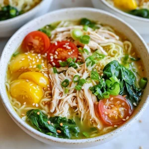 - Chicken and Broth Components - 2 boneless, skinless chicken breasts - 4 cups low-sodium chicken broth - 1 cup water - Flavoring and Creamy Elements - 2 packs ramen noodles (discard seasoning packets) - 1 tablespoon olive oil - 3 cloves garlic, minced - 1 teaspoon fresh ginger, minced - 1 tablespoon soy sauce - 1 teaspoon sesame oil - 1 cup heavy cream - 1/2 cup grated Parmesan cheese - Vegetables and Garnishes - 1 cup baby spinach - 1/2 cup cherry tomatoes, halved - Salt and pepper to taste - Green onions, sliced (for garnish) - Sesame seeds (for garnish) This Marry Me Chicken Ramen is packed with flavor and comfort. The chicken makes the broth rich and tasty. The garlic and ginger add zest. I love how the cream and cheese make it so creamy. Each bite is a hug in a bowl! The fresh spinach and tomatoes brighten the dish. They add color and nutrition. It&rsquo;s a simple recipe, but it feels special. I always get excited to serve it at dinner. You can also change the veggies to match your taste. Enjoy making this dish! {{ingredient_image_2}} Start by seasoning the chicken breasts with salt and pepper. Use enough to cover the surface. Heat olive oil in a large pot over medium-high heat. Once hot, add the chicken breasts. Sear them for about 5-6 minutes on each side until golden brown. This gives the chicken great flavor. After searing, remove the chicken from the pot. Place it on a plate and leave it to rest. This helps keep it juicy and tender for later. In the same pot, add minced garlic and ginger. Saut&eacute; them for about one minute. You want them fragrant but not burned. This brings out their natural flavors. Next, pour in the chicken broth and water. Use a wooden spoon to scrape any brown bits from the bottom of the pot. These bits add great flavor. Bring the mixture to a gentle simmer. Once the broth is simmering, return the seared chicken to the pot. Cover it and let it simmer for 15-20 minutes. After cooking, remove the chicken again. Use two forks to shred it into bite-sized pieces. Return the shredded chicken to the pot. Now stir in heavy cream and grated Parmesan cheese. Mix well and let the cheese melt into the broth. This creates a rich, creamy texture. While the chicken cooks, prepare the ramen noodles. Follow the package instructions carefully. This ensures they cook just right. After cooking, drain the ramen noodles. Set them aside for later. This way, they won&rsquo;t get mushy in the broth. In serving bowls, divide the cooked ramen noodles evenly. This ensures everyone gets a fair share. Ladle the creamy chicken broth over the noodles. Make sure each bowl has plenty of chicken and colorful veggies. Finish with sliced green onions and sesame seeds for crunch. Now you have a warm, inviting dish ready to enjoy! Ensuring Tenderness To keep your chicken tender, use boneless, skinless breasts. Sear them on medium-high heat for about 5-6 minutes per side. This locks in moisture and flavor. Let the chicken rest after cooking. This step keeps it juicy. Seasoning Advice Season the chicken generously with salt and pepper. Don't be shy! This step builds a great base flavor. Feel free to add garlic powder or onion powder for extra depth. Recommendations for Extra Ingredients To boost the broth&rsquo;s flavor, add mushrooms, carrots, or a dash of chili flakes. These ingredients add layers of taste. Fresh herbs like cilantro or basil can also brighten the dish. Adjusting Flavor Profile If you want a richer broth, try adding more soy sauce. A splash of fish sauce can add umami too. Taste as you go, and adjust to your liking. Avoiding Overcooking Follow package instructions closely. Ramen cooks fast, usually 3-4 minutes. Drain and rinse them in cold water. This stops the cooking process and helps prevent mushy noodles. Alternative Noodles If you want a change, try udon or soba noodles. They offer different textures and flavors. Just ensure you adjust the cooking time as needed. Pro Tips Choose Quality Chicken: Use fresh, high-quality chicken breasts for the best flavor and texture. Organic or free-range options are often more tender and flavorful. Customize Your Broth: Feel free to add extra spices or herbs to the broth, such as lemongrass or star anise, for a unique twist on the flavor profile. Perfectly Cooked Noodles: Avoid overcooking the ramen noodles; they should be al dente. They will continue to cook slightly when added to the hot broth. Garnish Generously: Don't skimp on the green onions and sesame seeds! They add not only flavor but also a nice crunch and visual appeal to your dish. {{image_4}} You can switch up the chicken for other proteins. Shrimp or tofu works great. Both add a different taste and texture. If you use shrimp, cook it for a shorter time. Tofu can be saut&eacute;ed until it's crispy for added crunch. For a vegetarian twist, skip the chicken and use mushrooms or tempeh. Both add a rich flavor. You can also use vegetable broth instead of chicken broth. This keeps the dish hearty and satisfying without meat. Feel free to spice things up! Add a pinch of red pepper flakes for heat. Or mix in some curry powder for warmth and depth. These spices can transform the flavor of your ramen. You can also swap in other vegetables. Bell peppers or broccoli add crunch and color. Carrots provide sweetness. Just remember to cook them until tender, so they blend well with the creamy broth. Serve your ramen with a side of steamed edamame or a crisp salad. These sides add freshness and balance to the meal. They make your dinner feel complete and satisfying. Top your ramen with lime wedges or fresh herbs like cilantro. These will enhance the flavors of your dish and add brightness. Don't forget to offer extra chili sauce for those who love a kick! - Storing Leftovers: After enjoying your Marry Me Chicken Ramen, let it cool. Transfer the leftovers to an airtight container. This helps keep it fresh. Make sure to store it in the fridge within two hours of cooking. - Duration of Freshness: Your leftovers will stay good for about 3 to 4 days. If you want to keep them longer, consider freezing them instead. - Best Practices for Freezing: To freeze your ramen, let it cool completely. Portion the ramen into freezer-safe containers. Avoid adding the toppings before freezing. This keeps them fresh and tasty. - Reheating Tips: When you&rsquo;re ready to eat, thaw the ramen overnight in the fridge. - Stovetop vs. Microwave: The stovetop is best for reheating. Use a pot over medium heat. Add a splash of water or broth to help it heat evenly. Stir often to prevent sticking. The microwave works too, but stir halfway to ensure even heating. - Maintaining Texture and Flavor: To keep your ramen delicious, add a bit of extra broth when reheating. This keeps it creamy and prevents it from drying out. Enjoy your meal just like it was fresh! Yes, you can make Marry Me Chicken Ramen ahead of time. Prepare the chicken and broth as usual. Let them cool before storing. Place your ramen noodles in a separate container. This keeps them from becoming soggy. When you are ready to eat, reheat the broth and chicken in a pot over medium heat. Cook the noodles as per package instructions. Combine everything just before serving for the best taste. If you need a substitute for heavy cream, try coconut milk or oat milk. Coconut milk will give a rich, creamy texture. Oat milk also works well, but it is lighter. Keep in mind that these options may change the flavor slightly. For a thicker option, consider using Greek yogurt mixed with a bit of water. This can mimic the creaminess you want. Yes, Marry Me Chicken Ramen is great for meal prep. Divide the dish into individual portions after cooking. Store the chicken broth and noodles separately to maintain freshness. Use airtight containers for best results. It can last in the fridge for about three days. When you&rsquo;re ready, simply reheat and enjoy a quick, tasty meal. This blog post covered how to make a tasty Marry Me Chicken Ramen. We discussed key ingredients, from chicken to broth and noodles. I provided step-by-step cooking instructions to help you gain confidence in the kitchen. You also learned tips for perfect chicken and broth, plus ways to customize your dish. In my final thoughts, feel free to be creative with flavors and toppings. Enjoy this comforting meal and share it with others!