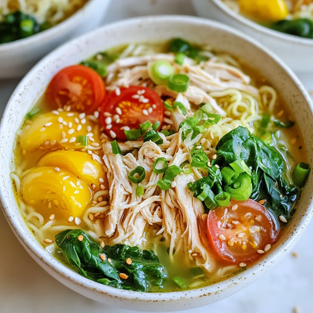 - Chicken and Broth Components - 2 boneless, skinless chicken breasts - 4 cups low-sodium chicken broth - 1 cup water - Flavoring and Creamy Elements - 2 packs ramen noodles (discard seasoning packets) - 1 tablespoon olive oil - 3 cloves garlic, minced - 1 teaspoon fresh ginger, minced - 1 tablespoon soy sauce - 1 teaspoon sesame oil - 1 cup heavy cream - 1/2 cup grated Parmesan cheese - Vegetables and Garnishes - 1 cup baby spinach - 1/2 cup cherry tomatoes, halved - Salt and pepper to taste - Green onions, sliced (for garnish) - Sesame seeds (for garnish) This Marry Me Chicken Ramen is packed with flavor and comfort. The chicken makes the broth rich and tasty. The garlic and ginger add zest. I love how the cream and cheese make it so creamy. Each bite is a hug in a bowl! The fresh spinach and tomatoes brighten the dish. They add color and nutrition. It’s a simple recipe, but it feels special. I always get excited to serve it at dinner. You can also change the veggies to match your taste. Enjoy making this dish! {{ingredient_image_2}} Start by seasoning the chicken breasts with salt and pepper. Use enough to cover the surface. Heat olive oil in a large pot over medium-high heat. Once hot, add the chicken breasts. Sear them for about 5-6 minutes on each side until golden brown. This gives the chicken great flavor. After searing, remove the chicken from the pot. Place it on a plate and leave it to rest. This helps keep it juicy and tender for later. In the same pot, add minced garlic and ginger. Sauté them for about one minute. You want them fragrant but not burned. This brings out their natural flavors. Next, pour in the chicken broth and water. Use a wooden spoon to scrape any brown bits from the bottom of the pot. These bits add great flavor. Bring the mixture to a gentle simmer. Once the broth is simmering, return the seared chicken to the pot. Cover it and let it simmer for 15-20 minutes. After cooking, remove the chicken again. Use two forks to shred it into bite-sized pieces. Return the shredded chicken to the pot. Now stir in heavy cream and grated Parmesan cheese. Mix well and let the cheese melt into the broth. This creates a rich, creamy texture. While the chicken cooks, prepare the ramen noodles. Follow the package instructions carefully. This ensures they cook just right. After cooking, drain the ramen noodles. Set them aside for later. This way, they won’t get mushy in the broth. In serving bowls, divide the cooked ramen noodles evenly. This ensures everyone gets a fair share. Ladle the creamy chicken broth over the noodles. Make sure each bowl has plenty of chicken and colorful veggies. Finish with sliced green onions and sesame seeds for crunch. Now you have a warm, inviting dish ready to enjoy! Ensuring Tenderness To keep your chicken tender, use boneless, skinless breasts. Sear them on medium-high heat for about 5-6 minutes per side. This locks in moisture and flavor. Let the chicken rest after cooking. This step keeps it juicy. Seasoning Advice Season the chicken generously with salt and pepper. Don't be shy! This step builds a great base flavor. Feel free to add garlic powder or onion powder for extra depth. Recommendations for Extra Ingredients To boost the broth’s flavor, add mushrooms, carrots, or a dash of chili flakes. These ingredients add layers of taste. Fresh herbs like cilantro or basil can also brighten the dish. Adjusting Flavor Profile If you want a richer broth, try adding more soy sauce. A splash of fish sauce can add umami too. Taste as you go, and adjust to your liking. Avoiding Overcooking Follow package instructions closely. Ramen cooks fast, usually 3-4 minutes. Drain and rinse them in cold water. This stops the cooking process and helps prevent mushy noodles. Alternative Noodles If you want a change, try udon or soba noodles. They offer different textures and flavors. Just ensure you adjust the cooking time as needed. Pro Tips Choose Quality Chicken: Use fresh, high-quality chicken breasts for the best flavor and texture. Organic or free-range options are often more tender and flavorful. Customize Your Broth: Feel free to add extra spices or herbs to the broth, such as lemongrass or star anise, for a unique twist on the flavor profile. Perfectly Cooked Noodles: Avoid overcooking the ramen noodles; they should be al dente. They will continue to cook slightly when added to the hot broth. Garnish Generously: Don't skimp on the green onions and sesame seeds! They add not only flavor but also a nice crunch and visual appeal to your dish. {{image_4}} You can switch up the chicken for other proteins. Shrimp or tofu works great. Both add a different taste and texture. If you use shrimp, cook it for a shorter time. Tofu can be sautéed until it's crispy for added crunch. For a vegetarian twist, skip the chicken and use mushrooms or tempeh. Both add a rich flavor. You can also use vegetable broth instead of chicken broth. This keeps the dish hearty and satisfying without meat. Feel free to spice things up! Add a pinch of red pepper flakes for heat. Or mix in some curry powder for warmth and depth. These spices can transform the flavor of your ramen. You can also swap in other vegetables. Bell peppers or broccoli add crunch and color. Carrots provide sweetness. Just remember to cook them until tender, so they blend well with the creamy broth. Serve your ramen with a side of steamed edamame or a crisp salad. These sides add freshness and balance to the meal. They make your dinner feel complete and satisfying. Top your ramen with lime wedges or fresh herbs like cilantro. These will enhance the flavors of your dish and add brightness. Don't forget to offer extra chili sauce for those who love a kick! - Storing Leftovers: After enjoying your Marry Me Chicken Ramen, let it cool. Transfer the leftovers to an airtight container. This helps keep it fresh. Make sure to store it in the fridge within two hours of cooking. - Duration of Freshness: Your leftovers will stay good for about 3 to 4 days. If you want to keep them longer, consider freezing them instead. - Best Practices for Freezing: To freeze your ramen, let it cool completely. Portion the ramen into freezer-safe containers. Avoid adding the toppings before freezing. This keeps them fresh and tasty. - Reheating Tips: When you’re ready to eat, thaw the ramen overnight in the fridge. - Stovetop vs. Microwave: The stovetop is best for reheating. Use a pot over medium heat. Add a splash of water or broth to help it heat evenly. Stir often to prevent sticking. The microwave works too, but stir halfway to ensure even heating. - Maintaining Texture and Flavor: To keep your ramen delicious, add a bit of extra broth when reheating. This keeps it creamy and prevents it from drying out. Enjoy your meal just like it was fresh! Yes, you can make Marry Me Chicken Ramen ahead of time. Prepare the chicken and broth as usual. Let them cool before storing. Place your ramen noodles in a separate container. This keeps them from becoming soggy. When you are ready to eat, reheat the broth and chicken in a pot over medium heat. Cook the noodles as per package instructions. Combine everything just before serving for the best taste. If you need a substitute for heavy cream, try coconut milk or oat milk. Coconut milk will give a rich, creamy texture. Oat milk also works well, but it is lighter. Keep in mind that these options may change the flavor slightly. For a thicker option, consider using Greek yogurt mixed with a bit of water. This can mimic the creaminess you want. Yes, Marry Me Chicken Ramen is great for meal prep. Divide the dish into individual portions after cooking. Store the chicken broth and noodles separately to maintain freshness. Use airtight containers for best results. It can last in the fridge for about three days. When you’re ready, simply reheat and enjoy a quick, tasty meal. This blog post covered how to make a tasty Marry Me Chicken Ramen. We discussed key ingredients, from chicken to broth and noodles. I provided step-by-step cooking instructions to help you gain confidence in the kitchen. You also learned tips for perfect chicken and broth, plus ways to customize your dish. In my final thoughts, feel free to be creative with flavors and toppings. Enjoy this comforting meal and share it with others!