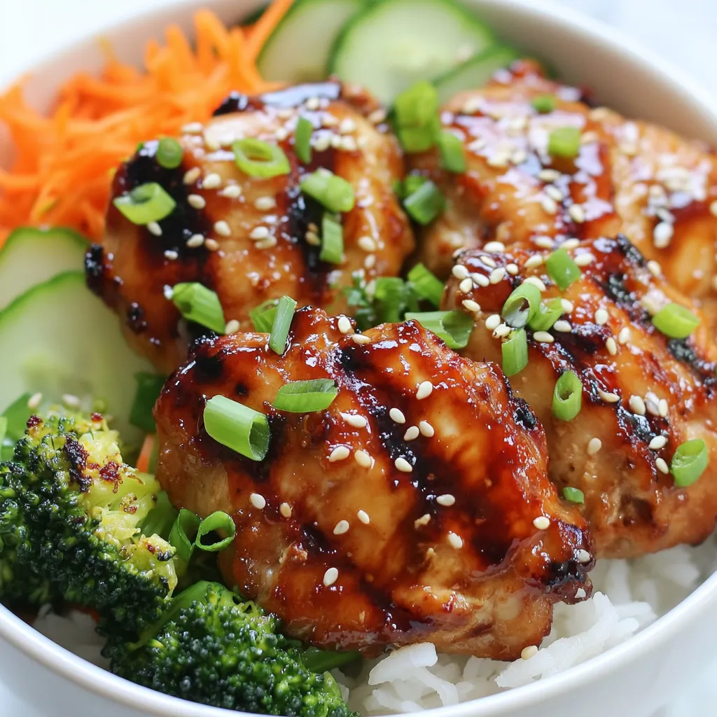 - 1 lb boneless, skinless chicken thighs - 1/4 cup soy sauce - 2 tablespoons gochujang (Korean chili paste) - 2 tablespoons honey - 1 tablespoon sesame oil - 2 cloves garlic, minced - 1 teaspoon fresh ginger, finely grated - 1 tablespoon rice vinegar - 2 cups cooked jasmine rice - 1 cup broccoli florets, steamed until bright green - 1 cup shredded carrots - 1/2 cucumber, thinly sliced - 1 tablespoon sesame seeds, toasted - 2 green onions, finely chopped - Salt and pepper to taste These ingredients come together to make a vibrant dish. The chicken thighs bring juiciness and taste. The marinade adds a burst of flavor. I love the balance of salty soy sauce and sweet honey. Gochujang gives it a spicy kick, while sesame oil adds warmth. Fresh garlic and ginger round out the sauce perfectly. For the base, I use jasmine rice. It has a fragrant, soft texture. Then, I add colorful vegetables. Broccoli, carrots, and cucumber not only look great but also add crunch. This dish is all about balance and flavor. Each bite offers a mix of savory chicken, fluffy rice, and fresh veggies. When you gather these ingredients, you set the stage for a tasty meal. They work together to create something special that everyone will enjoy. {{ingredient_image_2}} To make the marinade, grab a medium bowl. Add 1/4 cup soy sauce, 2 tablespoons gochujang, 2 tablespoons honey, and 1 tablespoon sesame oil. Then, add 2 cloves minced garlic and 1 teaspoon finely grated fresh ginger. Finally, mix in 1 tablespoon rice vinegar. Use a whisk to blend these ingredients. Make sure the marinade is smooth and fully combined. A smooth texture helps the chicken soak up all the flavors. Now, take your 1 lb of boneless, skinless chicken thighs. Place them in the bowl with the marinade. Make sure each piece is well-coated. Once coated, cover the bowl with plastic wrap or a lid. Refrigerate the chicken for at least 30 minutes. For the best flavor, let it marinate for up to 2 hours. This time allows the flavors to seep into the chicken. When you're ready to cook, preheat your grill or cast-iron skillet over medium-high heat. Once hot, take the chicken out of the marinade. Let any extra marinade drip off. Cook the chicken for about 5-7 minutes on each side. Keep an eye on it to avoid burning. The chicken should reach an internal temperature of 165°F (75°C). This ensures it’s safe to eat. Once the chicken is cooked, let it rest for 5 minutes. Then, slice it into strips. To build your bowls, start with a scoop of jasmine rice as the base. Next, layer on your sliced chicken. Now, add colorful veggies like steamed broccoli, shredded carrots, and thinly sliced cucumber. If you like, drizzle some leftover marinade over the top for extra flavor. Finish with toasted sesame seeds and chopped green onions. Your bowls are now ready to enjoy! Marinating chicken is key for great taste. It helps the chicken absorb all the yummy flavors. Aim to marinate for at least 30 minutes. If you have more time, go for 2 hours. This extra time makes a big difference. When grilling chicken, keep these tips in mind: - Preheat your grill or skillet to medium-high heat. - Let the excess marinade drip off before cooking. - Cook for about 5-7 minutes on each side. - Check that the chicken reaches 165°F (75°C) for safety. Make your bowls bright and fun. Use colorful bowls to catch the eye. Arrange the veggies in sections. This adds a nice touch. For garnishing, try these: - Add slices of lime for a fresh kick. - Sprinkle toasted sesame seeds for crunch. - Top with chopped green onions for flavor. Avoid overcooking the chicken. It can become dry and tough. Always check the internal temperature for doneness. Never skip the marination step. It makes your chicken juicy and full of flavor. Skipping this step means losing out on taste. Pro Tips Marinate for Maximum Flavor: Allow the chicken to marinate for at least 2 hours, or overnight if possible, to enhance the depth of flavor in your dish. Temperature Check: Use a meat thermometer to ensure your chicken reaches an internal temperature of 165°F (75°C) for safe consumption. Customize Your Veggies: Feel free to swap in your favorite vegetables like bell peppers or snap peas for added color and nutrition in your bowls. Garnish with Freshness: Fresh herbs like cilantro or mint can elevate the dish with a burst of freshness and additional flavor. {{image_4}} You can swap chicken for tofu to make this dish vegetarian. Tofu absorbs flavors well. Press it first to remove extra water. This helps it soak up the marinade better. You can also grill or pan-fry the tofu for a crispy edge. If you want to use pork or beef, that's great too! Just choose cuts like pork loin or flank steak. Marinate them just like the chicken. Cook them until they reach a safe temperature. This keeps the flavors intact while adding variety. Feel free to change up the veggies. Use seasonal vegetables like bell peppers or snap peas. These add color and crunch. You can also try adding corn or radishes for a fresh twist. Mixing different colors makes your bowl more fun and appealing. To add more color, think about using purple cabbage or cherry tomatoes. These not only look great but also bring unique flavors. The variety keeps your meals exciting and healthy. Gochujang comes in different types. You can find mild, medium, or hot versions. Choose one based on your spice level. For a milder taste, go with the mild gochujang. If you like heat, try the hot version. You can also mix in other spices or herbs. Add sesame seeds for nuttiness or cilantro for freshness. Try using garlic powder or onion powder for extra flavor. These tweaks can elevate your Korean BBQ chicken bowls. To keep your Korean BBQ chicken bowls fresh, store them in the fridge. Use airtight containers to avoid spills and keep flavors intact. Make sure to let the chicken cool down before sealing the containers. This step helps prevent moisture buildup inside. Leftovers can last up to three days in the fridge. You can reheat the chicken bowls in two ways: microwave or stovetop. For the microwave, place the bowl in for about 1-2 minutes. Stir halfway through to heat evenly. If you use the stovetop, add a splash of water to a pan and heat over medium. Stir the chicken gently to keep it tender. Avoid overheating, as this can dry out the chicken. If you want to freeze the bowls, make sure to do it right. First, let the food cool completely. Then, use freezer-safe containers or bags. Squeeze out as much air as possible to prevent freezer burn. You can freeze the chicken bowls for up to three months. To thaw, place them in the fridge overnight, or use the microwave for a quicker option. Gochujang is a thick, spicy red chili paste from Korea. It adds heat and depth to dishes. This paste also has a hint of sweetness from the fermented ingredients. Look for gochujang in Asian grocery stores or the international aisle of your market. You can also find it online. Yes, you can make this recipe ahead of time. Marinate the chicken up to two hours before cooking. If you want to prep further, cook the chicken and store it in the fridge. Assemble the bowls before serving. This way, you can enjoy a quick meal on busy days. You can serve many sides with Korean BBQ chicken bowls. Some good options are: - Steamed dumplings - Kimchi - Pickled vegetables For drinks, try serving iced tea or a light beer. These pair nicely with the flavors of the dish. Enjoy experimenting with different sides! We explored how to make delicious Korean BBQ chicken bowls using chicken thighs and a tasty marinade. You learned how to marinate the chicken, cook it perfectly, and assemble your bowls with rice and fresh veggies. Remember, marinating is key to great flavor. Avoid common mistakes like overcooking. Mix things up with alternative proteins and different veggies. Proper storage helps keep your meal fresh. Enjoy customizing your bowls for any occasion!