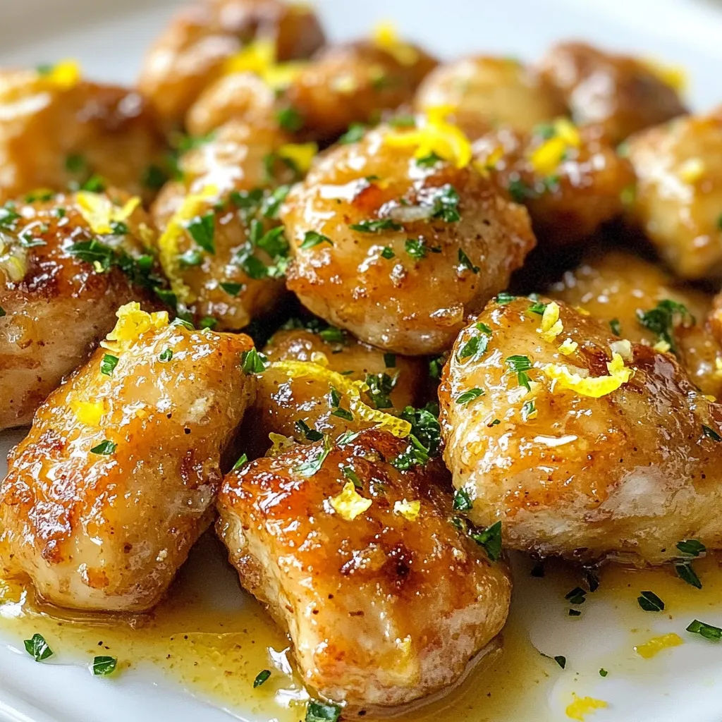 - 1 lb (450g) boneless, skinless chicken breasts, cut into bite-sized pieces - 4 tablespoons unsalted butter - 5 cloves garlic, finely minced - 1 teaspoon smoked paprika - ½ teaspoon dried oregano - ½ teaspoon freshly ground black pepper - ½ teaspoon salt - 2 tablespoons fresh parsley, finely chopped (for garnish) - Zest of 1 medium lemon - Juice of 1 medium lemon To start, gather all your ingredients. Measure each one carefully. Cutting the chicken into small pieces helps them cook faster. Make sure the garlic is minced well. This way, it infuses flavor better. The lemon zest adds a fresh touch. Use a microplane or fine grater for zesting. Juice the lemon right before using it to keep it fresh. When choosing chicken breasts, look for ones that are pink and plump. Avoid any with spots or a grayish hue. Fresh chicken should have no smell. If possible, buy organic or free-range chicken. This type often has better flavor. Always check the sell-by date to ensure freshness. {{ingredient_image_2}} Start with one pound of boneless, skinless chicken breasts. Cut them into bite-sized pieces. In a large mixing bowl, add the chicken pieces. Sprinkle in one teaspoon of smoked paprika, half a teaspoon of dried oregano, half a teaspoon of black pepper, and half a teaspoon of salt. Toss everything well to coat the chicken evenly. This step adds flavor to every bite. Next, take four tablespoons of unsalted butter and place it in a large skillet. Heat the skillet over medium heat. Let the butter melt completely. Once melted, add five cloves of finely minced garlic. Sauté the garlic gently for one to two minutes. Stir it often to prevent burning. You want it fragrant, not browned. This will keep the garlic sweet. Now, introduce the seasoned chicken bites into the skillet. Arrange them in a single layer. Cook the chicken for about five to seven minutes. Turn the pieces occasionally with tongs. You want them golden brown and cooked through. Make sure they reach an internal temperature of 165°F (75°C). This ensures they are safe to eat. Once the chicken is fully cooked, it’s time to add brightness. Sprinkle the zest of one medium lemon over the chicken. Then, drizzle the juice of that lemon on top. Stir everything together well. Let it simmer for an additional minute. This will meld all the flavors beautifully. Remove the skillet from heat. Before serving, sprinkle chopped fresh parsley on top for color. For a nice presentation, use a rustic wooden bowl or a sleek white platter. Consider adding toothpicks for easy eating. You can also serve extra lemon wedges for those who want more zing. Enjoy your garlic butter chicken bites! To make the best garlic butter chicken bites, focus on the cooking method. Start with high-quality chicken. Cut it into even pieces to ensure even cooking. Season well before cooking, so the flavor sinks in. Use medium heat when melting the butter. This prevents burning the garlic. Sauté the garlic until fragrant, not brown. This keeps the dish sweet and tasty. Cook the chicken in a single layer, allowing it to brown nicely. Flip the pieces gently for even cooking. Always check the chicken's internal temperature. It should reach 165°F (75°C) for safety. You can easily boost the flavor of your chicken bites. Try adding a pinch of red pepper flakes for heat. If you like herbs, fresh thyme or rosemary can add depth. Instead of lemon, use lime for a different twist. You can also swap out the chicken for shrimp or tofu. Both options work well with this garlic butter sauce. If you want a creamier taste, add a splash of heavy cream at the end. For serving, these chicken bites shine with fresh garnishes. Consider a sprinkle of parsley for color. Pair them with a light salad for a balanced meal. Garlic butter chicken bites also taste great with rice or crusty bread. For drinks, a chilled white wine or lemonade complements the dish wonderfully. Don't forget to offer lemon wedges on the side for extra zest! Pro Tips Marinate for Extra Flavor: Consider marinating the chicken in the seasoning mix for at least 30 minutes or up to overnight. This will enhance the flavors and tenderness of the chicken. Use Fresh Garlic: Always opt for fresh garlic over pre-minced garlic for a more potent and aromatic flavor. Fresh garlic will elevate the taste of your dish significantly. Adjust the Heat: If you prefer a bit of heat, add a pinch of red pepper flakes to the chicken seasoning. This will add a nice kick without overwhelming the garlic and lemon flavors. Serve with Sides: Pair these garlic butter chicken bites with a side of steamed vegetables or a fresh salad to create a well-rounded meal that balances flavors and textures. {{image_4}} For those who love a kick, spicy garlic butter chicken bites are perfect. Start by adding 1 teaspoon of cayenne pepper to the chicken mix. You can also use hot sauce in the butter. This gives the dish a nice heat that balances well with the garlic and lemon. If you enjoy fresh herbs, try herb-infused garlic butter chicken bites. Mix in 1 tablespoon of fresh thyme or rosemary along with the garlic. These herbs add a fragrant touch that enhances the dish's flavor. You could even use a mix of dried herbs like Italian seasoning for a quick swap. For a taste of the Mediterranean, use Greek spices. Add 1 teaspoon of dried oregano and substitute lemon juice with a splash of balsamic vinegar. You can also toss in some sun-dried tomatoes and olives at the end. This variation gives a rich and savory twist that will impress your guests. To store your leftover garlic butter chicken bites, let them cool first. Place them in an airtight container. You can keep them in the fridge for up to three days. Make sure the lid is tight to keep them fresh. When you're ready to eat the leftovers, pull them from the fridge. You can reheat them in a skillet over medium heat. Add a little butter to keep them moist. Cook for about 5 minutes, stirring often until hot. You can also use a microwave. Just place them in a microwave-safe dish and heat for about 1-2 minutes. If you want to freeze the chicken bites, use a freezer-safe container. They can last up to three months in the freezer. To thaw, move them to the fridge for a few hours before reheating. This way, they stay tasty and safe to eat. You can serve garlic butter chicken bites with many sides. Try creamy mashed potatoes or fluffy rice. They pair well with roasted veggies too. A fresh salad adds a nice crunch. For a fun twist, serve them in a wrap with your favorite sauce. You can even offer toothpicks for easy snacking at parties. Yes, you can use chicken thighs! Thighs are juicier and have more flavor. Just cut them into bite-sized pieces like the breasts. Cook them the same way, but check for doneness. They should reach an internal temperature of 165°F (75°C) as well. To make garlic butter chicken bites low-carb, skip the rice or potatoes. Instead, serve them with steamed broccoli or cauliflower rice. You can also add more leafy greens to your salad. Use more garlic and herbs to boost flavor without adding carbs. To keep your chicken juicy, avoid overcooking. Cook until they're golden brown and reach 165°F (75°C). Marinating the chicken before cooking can also help. Use olive oil, lemon juice, or yogurt in your marinade for extra moisture. In this post, we covered how to make delicious garlic butter chicken bites. You learned about the right ingredients, preparation steps, and helpful tips. I shared flavor variations to keep meals exciting and easy storage tips to save leftovers. My final thought is that making these chicken bites can bring joy to your table. Enjoy the cooking process and get creative with flavors. These bites are sure to please everyone!