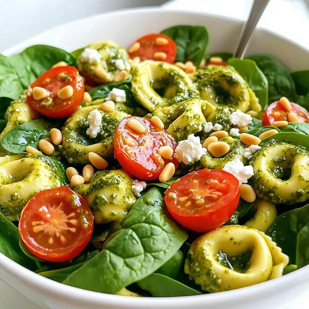 For this dish, you need 2 cups of fresh tortellini. You can buy it at the store or make it at home. Fresh tortellini cooks quickly, making it perfect for this salad. Add 1 cup of halved cherry tomatoes for sweetness. Next, include 1 cup of roughly chopped fresh spinach leaves for color and nutrition. These veggies bring life to the dish and balance the flavors. You’ll want 1/4 cup of toasted pine nuts for a nice crunch. They add a rich, nutty taste. Use 1/3 cup of pesto sauce to tie everything together. You can opt for store-bought or make your own. Finally, sprinkle in 2 tablespoons of crumbled feta cheese for tang and creaminess. Season with salt and freshly cracked black pepper to taste. A drizzle of 1 tablespoon of extra virgin olive oil is optional but adds a lovely finish. Start by boiling water in a large pot. Make sure to add a good amount of salt. This helps the tortellini taste great. Once the water is boiling, add 2 cups of fresh tortellini. Cook for about 3-5 minutes. You know they are done when they float to the top. Then, drain the tortellini and let them cool. Cooling them at room temperature helps them mix better later. While the tortellini cooks, grab a small skillet. Heat it over medium heat. Add 1/4 cup of pine nuts to the skillet. Stir the nuts often to avoid burning. Toast them for about 3-4 minutes. They should turn a nice golden brown. Once done, remove from heat and let them cool. Toasted pine nuts add a rich flavor and nice crunch. In a large mixing bowl, combine the cooled tortellini, 1 cup of halved cherry tomatoes, and 1 cup of roughly chopped spinach. Gently mix these ingredients together. Be careful not to mash the tortellini. Next, drizzle 1/3 cup of pesto sauce over the mixture. Toss everything together gently. Ensure all ingredients are coated with the pesto. Season with salt and freshly ground black pepper to taste. For a touch of luxury, drizzle with 1 tablespoon of extra virgin olive oil if you like. Finally, fold in 2 tablespoons of crumbled feta cheese and the toasted pine nuts. This makes the salad even more delightful. To coat your tortellini with pesto, start with cooled tortellini. This helps the pesto stick better. Pour the pesto over the tortellini in a large bowl. Use a gentle hand to toss everything. Make sure each piece gets a nice coat. If your pesto is thick, add a splash of olive oil. This helps it spread evenly. Seasoning makes or breaks a dish. I suggest starting with salt and black pepper. Taste your salad before serving. If it needs a kick, add more salt or pepper. You can also toss in a squeeze of lemon juice. This adds brightness and balances the flavors. To toast pine nuts, heat a small skillet over medium heat. Add the nuts and stir them often. This takes about 3-4 minutes. Watch closely to avoid burning. Once golden brown, remove them from heat right away. Let them cool before adding to your salad. Toasted nuts will give your dish a nice crunch and extra flavor. {{image_4}} You can add cooked chicken, shrimp, or chickpeas to this salad. Each adds great flavor and makes the dish more filling. For chicken, use rotisserie or grilled pieces. For shrimp, quickly sauté them in olive oil. Chickpeas are a tasty, plant-based option. They add protein and fiber while keeping it light. Spinach is great, but you can switch it up. Try arugula for a peppery taste or kale for a hearty crunch. If you want something milder, use mixed greens or romaine. Each green brings a unique taste and texture, making your salad exciting. Feta adds a nice tang, but other cheeses work too. Try mozzarella for a creamy bite or goat cheese for a rich flavor. Parmesan can add a salty touch when grated on top. Mixing different cheeses can enhance the dish, giving you more flavor options. To store your Minute Pesto Tortellini Salad, place it in an airtight container. This keeps it fresh longer. If you store it promptly, it will stay tasty. You can keep it in the fridge for up to three days. Make sure to seal it tightly to avoid drying out. When you want to eat leftovers, take your salad out. If you prefer warm tortellini, gently reheat it. Use a microwave on low power for short bursts. Stir it in between to ensure even heating. Avoid overheating, as this can change the texture. Each ingredient in your salad has a different shelf life. Fresh tortellini lasts about 2-3 days in the fridge after opening. Cherry tomatoes and spinach can stay fresh for about a week. Pine nuts should be used within one month for the best flavor. Pesto sauce can last up to a week after opening. Keep track of dates to enjoy the best taste! Yes, you can make this salad ahead of time. It tastes great chilled. For best results, prepare the tortellini and mix in the other ingredients. Add the pesto just before serving for the best flavor. Store it in the fridge for up to two days. This keeps the salad fresh and tasty. Both store-bought and homemade pesto work well. If you want a fresh taste, I recommend making your own. Use basil, garlic, pine nuts, Parmesan, and olive oil. This gives a bright flavor to the tortellini salad. Store-bought pesto is quick and still delicious. Choose a brand with fresh ingredients for the best flavor. Making homemade tortellini is fun and easy. Start with flour and eggs. Mix them to form a dough. Roll out the dough thinly. Cut it into small squares. Place a small amount of filling in each square. Fold and seal the edges to form a triangle or circle. Cook the tortellini in boiling water until they float. It usually takes about 3-5 minutes. Enjoy your fresh tortellini in the salad! This blog post covered making a fresh tortellini salad with vibrant veggies and delicious pesto. We explored step-by-step cooking, flavorful tips, and fun variations. You now have ideas for proteins, greens, and cheese options to enhance your dish. Remember, this salad is simple to store and reheat. Whether you make it ahead or enjoy it fresh, you have the tools for tasty meals. Enjoy experimenting and making this dish your own. Happy cooking!