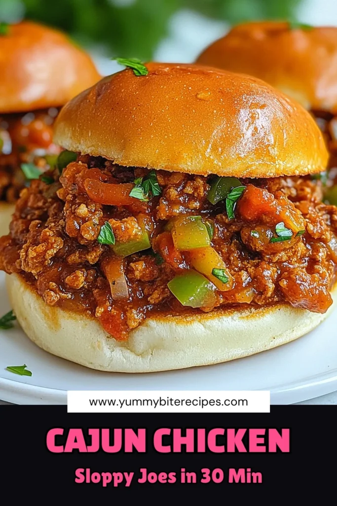 Savor the bold flavors of Cajun Chicken Sloppy Joes! This easy sloppy joe recipe features ground chicken, Cajun seasoning, and a medley of vegetables, making it a standout in ground chicken recipes. Perfect for dinner, these spicy chicken sandwiches are a flavorful twist on a classic favorite. Try this quick 30-minute meal tonight! Don’t forget to save and share! #CajunChickenSloppyJoes #CajunRecipesForDinner #EasySloppyJoeRecipes #SpicyChickenSandwiches