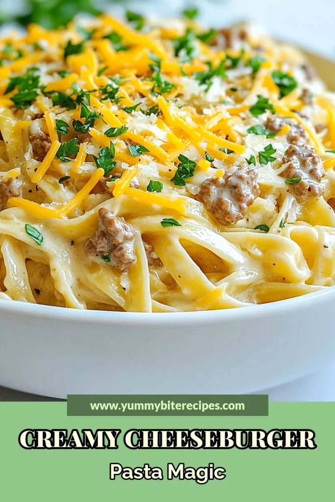 Dive into the deliciousness of Cheeseburger Alfredo Pasta! This creamy pasta recipe combines ground beef, fettuccine, and a cheesy sauce for an easy pasta dish that's sure to please the whole family. Perfect for busy weeknights, this ground beef pasta recipe is a mouthwatering fettuccine Alfredo variation that you’ll want to make again and again. Save this recipe for a comforting meal tonight! #CheeseburgerAlfredo #EasyPastaDishes #GroundBeefRecipes #CreamyPastaRecipes