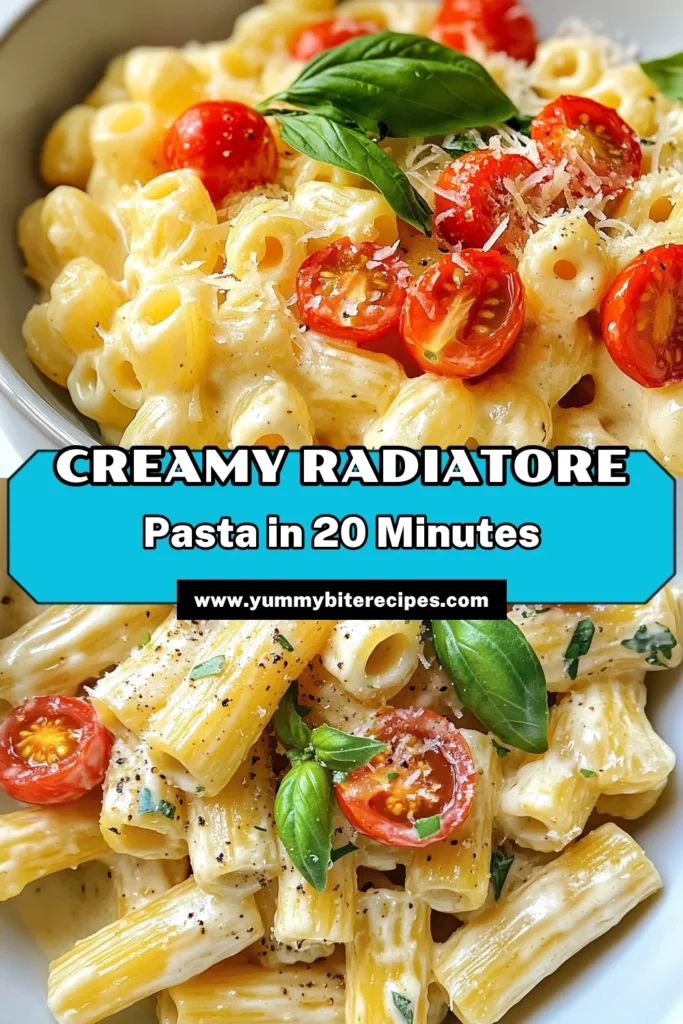 Savor the delightful flavors of Quick Creamy Radiatore Pasta, a perfect dish for busy nights! This easy creamy pasta recipe features tender radiatore pasta tossed with a rich Parmesan pasta sauce and fresh cherry tomatoes. In just 20 minutes, you’ll have a comforting meal that's sure to impress. Try this delicious Radiatore Pasta with Tomatoes today and elevate your weeknight dinners! Don’t forget to save for later! #QuickPastaRecipes #EasyCreamyPasta #RadiatorePasta #PastaLovers