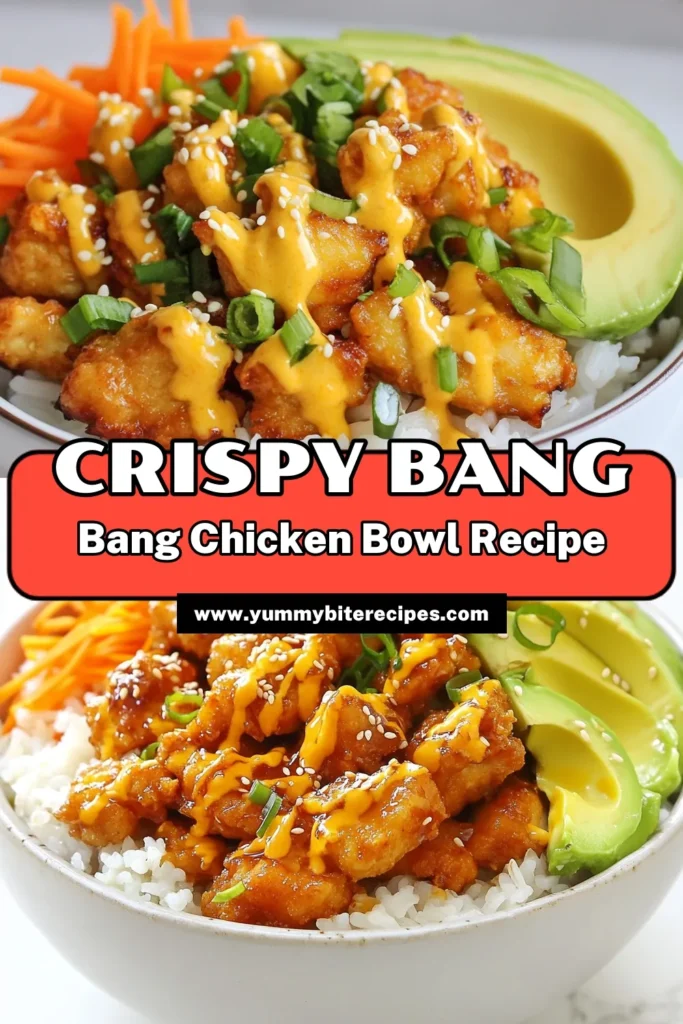 Get ready to elevate your dinner with this delicious Bang Bang Chicken Bowl! This spicy chicken bowl recipe features crispy fried chicken, perfectly paired with jasmine rice and a creamy Bang Bang sauce recipe. Packed with flavor and vibrant veggies like carrots and avocado, it’s a meal that has it all. Make this easy and satisfying meal for your next family night! Save this crispy fried chicken recipe for later! #BangBangChickenBowl #SpicyChickenBowl #JasmineRiceBowl #RecipeOfTheDay