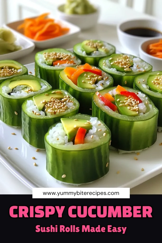 Craving a refreshing twist on sushi? Try these crispy cucumber sushi rolls that are not only easy to make but packed with flavor! With fresh ingredients like avocado, carrots, and red bell pepper, these rolls are perfect for a light meal or appetizer. Dive into the fun of sushi-making and impress your friends! Click to explore the full recipe and tips for a perfect presentation. #CucumberSushi #SushiRolls #HealthyRecipes #CookingFun