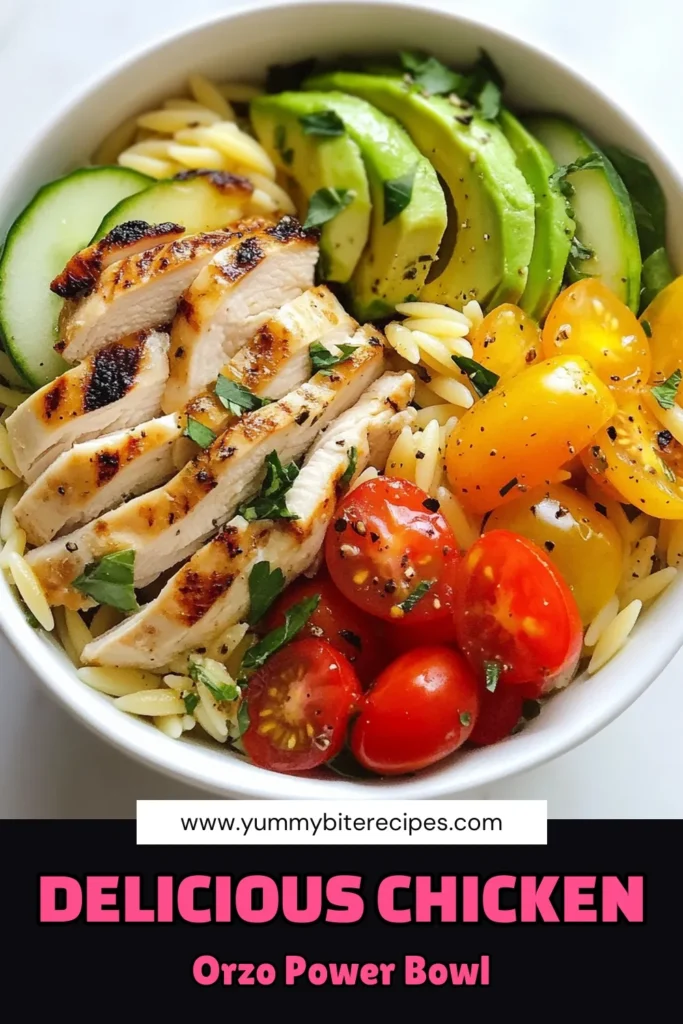 Discover the delicious Chicken Orzo Bowl, a perfect blend of flavors in this Healthy Orzo Recipe! This Easy Chicken Meal Prep is packed with nutrients, making it a fantastic Power Bowl with Chicken. Bursting with Mediterranean flair, our Mediterranean Orzo Salad features tender chicken, vibrant veggies, and creamy avocado. Ready in just 40 minutes, it's perfect for any occasion. Save this recipe now and enjoy a healthy meal! #ChickenOrzoBowl #HealthyOrzoRecipes #PowerBowlWithChicken #EasyChickenMealPrep