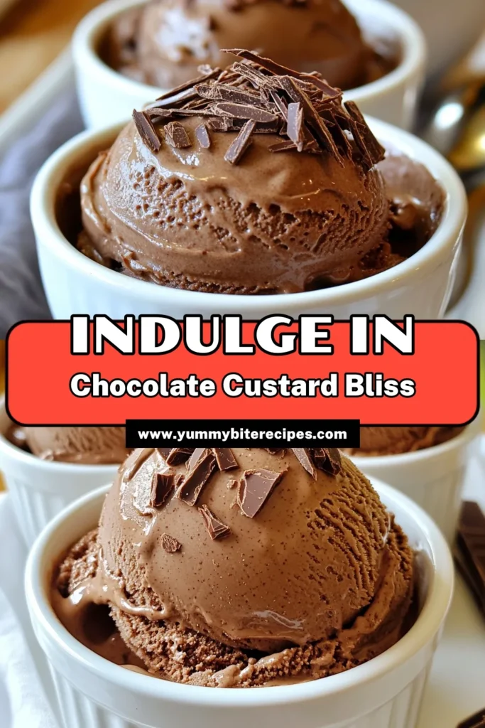 Indulge in the rich flavor of chocolate custard ice cream with this easy homemade ice cream recipe. This decadent chocolate dessert features a creamy texture, thanks to a classic egg yolk custard recipe. Perfect for chocolate lovers, this treat is sure to impress. Ready to tempt your taste buds? Make this creamy chocolate ice cream today! Save this recipe and enjoy! #ChocolateCustardIceCream #HomemadeIceCream #DecadentDessert #CreamyChocolateIceCream