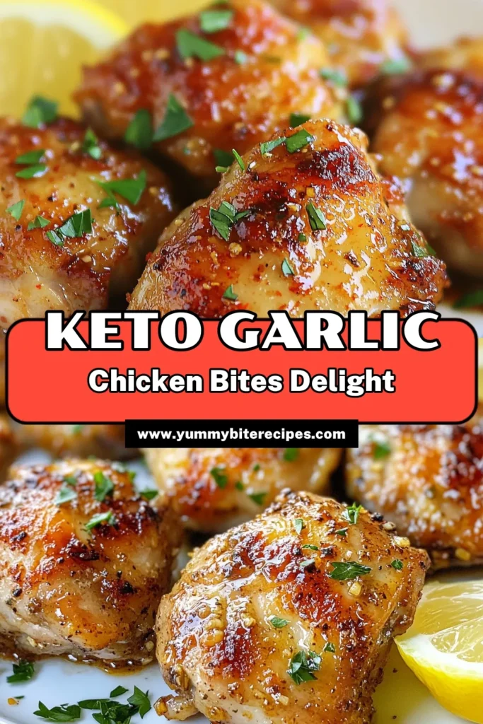 Discover the deliciousness of Keto Garlic Chicken Bites! These low-carb chicken recipes are perfect for those who crave healthy garlic chicken. Whip up these keto-friendly chicken snacks in no time for quick chicken appetizers that impress. Simply marinate chicken thighs in a flavorful garlic spice blend, sauté to perfection, and serve with lemon! Pin now for a tasty, healthy treat that's perfect for any occasion! #KetoRecipes #LowCarb #HealthyEating #ChickenAppetizers
