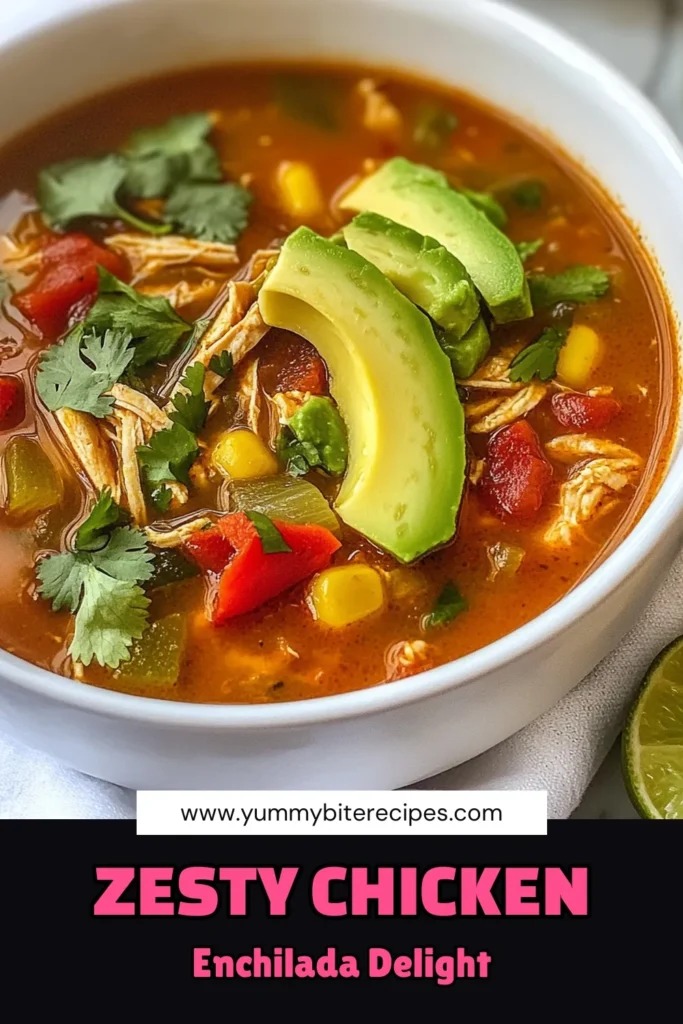 Discover the ultimate comfort with this Zesty Chicken Enchilada Soup! This Easy Chicken Soup Recipe packs flavor while remaining healthy, making it the Best Chicken Enchilada Soup you'll ever taste. Perfect for a spicy kick, this Spicy Chicken Soup Recipe is quick to prepare and serves up to 6. Enjoy hearty ingredients like black beans, corn, and avocado for a complete meal. Save this recipe for a cozy night in! #ChickenEnchiladaSoup #SoupRecipes #HealthyRecipes #EasyDinnerIdeas
