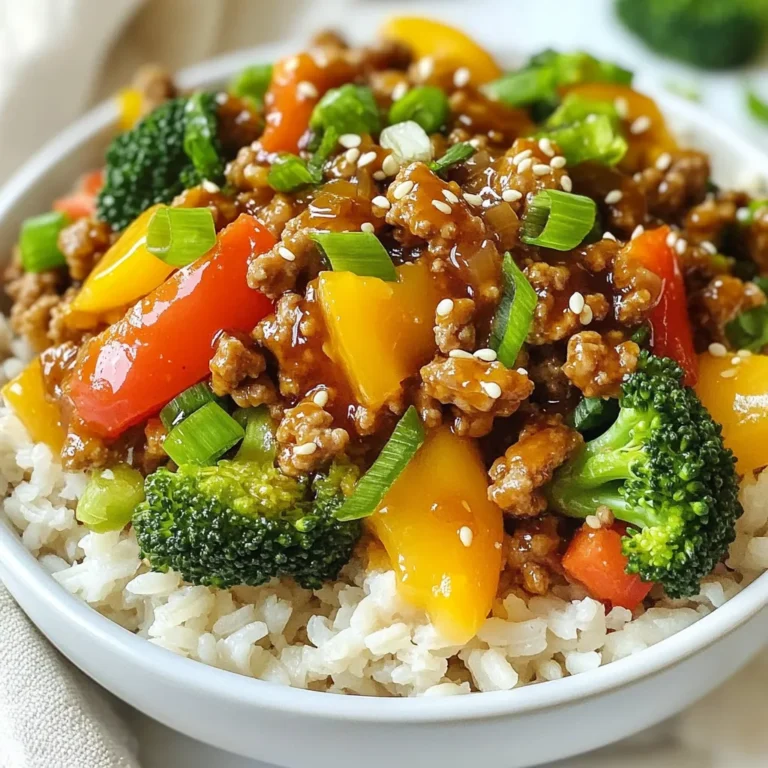 To make a delicious Teriyaki Ground Turkey Bowl, you will need a few key ingredients. Here’s what you need: - 1 lb ground turkey - 1 cup broccoli florets - 1 cup mixed bell peppers, sliced (red, yellow, and green) - 1 cup cooked brown rice - 2 tablespoons low-sodium soy sauce - 2 tablespoons honey or maple syrup - 1 tablespoon rice vinegar - 1 teaspoon fresh ginger, grated - 2 cloves garlic, minced - 1 tablespoon sesame oil - 2 green onions, chopped (for garnish) - 1 teaspoon sesame seeds (for garnish) - Salt and pepper to taste These ingredients combine to create a bowl that is not only healthy but also packed with flavor. The ground turkey provides lean protein, while the colorful vegetables add important vitamins. Brown rice serves as a hearty base, making the dish filling and satisfying. The teriyaki sauce, made with soy sauce, honey, ginger, and garlic, ties everything together beautifully. The green onions and sesame seeds give a nice finish and extra crunch. Enjoy the cooking process and let your creativity shine! {{ingredient_image_2}} To start, mix the teriyaki sauce ingredients. In a medium bowl, combine: - 2 tablespoons low-sodium soy sauce - 2 tablespoons honey or maple syrup - 1 tablespoon rice vinegar - 1 teaspoon fresh ginger, grated - 2 cloves garlic, minced Whisk these items together until smooth. Set this sauce aside for later. It adds great flavor! Now, heat a large skillet over medium heat. Add 1 tablespoon of sesame oil. Once the oil is hot, add 1 pound of ground turkey. Use a wooden spoon to break it apart while cooking. Season with salt and pepper to taste. Cook for about 5-7 minutes. The turkey should be evenly browned and cooked through. Next, add 1 cup of broccoli florets and 1 cup of sliced bell peppers to the skillet. Stir-fry this mixture for 3-4 minutes. The veggies should be tender but still crisp. Pour the teriyaki sauce over the turkey and vegetables in the skillet. Stir well to coat everything evenly. Let it cook for another 2-3 minutes. This helps the sauce thicken and warm up. For serving, divide 1 cup of cooked brown rice among four bowls. Spoon the teriyaki ground turkey and vegetable mix on top of the rice. It looks and smells amazing! Finally, garnish each bowl with chopped green onions and a sprinkle of sesame seeds. This adds a nice touch and some extra flavor. Enjoy your creation! Fresh vegetables make a big difference in flavor and nutrition. Look for bright, crisp broccoli and colorful bell peppers. They should feel firm and have no brown spots. Lean ground turkey is also key. It keeps the dish light yet tasty. Check for a low-fat content, which is usually around 93% lean. This choice helps you stay healthy while enjoying great flavor. You can adjust the sauce's sweetness to match your taste. If you like it sweeter, add more honey or maple syrup. For a tangy kick, increase the rice vinegar. You can also customize flavors. Try adding red pepper flakes for heat or sesame oil for a richer taste. Each adjustment can make the dish your own. Stir-frying is fast and keeps veggies crisp. Use high heat to cook quickly without losing nutrients. Start with the turkey, then add veggies. This method helps them stay bright and crunchy. Watch the time, too. Cook broccoli and bell peppers for just 3-4 minutes. This way, they stay tender yet firm. Pro Tips Use Fresh Ingredients: For the best flavor, try to use fresh vegetables and high-quality ground turkey. Fresh ingredients enhance the overall taste of the dish. Customize Your Veggies: Feel free to substitute or add your favorite vegetables, such as snap peas or carrots, to the stir-fry. This adds variety and nutrition. Adjust Sweetness: Depending on your taste preference, you can adjust the sweetness of the teriyaki sauce by adding more or less honey or maple syrup. Meal Prep Friendly: This dish is great for meal prep! Cook a larger batch and store individual portions in the fridge for easy lunches throughout the week. {{image_4}} You can switch ground turkey for chicken. Chicken has a similar taste and is easy to find. If you want a plant-based option, try tofu. Tofu absorbs flavors well and adds protein. You can also use tempeh, which has a firmer texture. Both options work great in this teriyaki bowl. Get creative with your veggies! You can add carrots, snap peas, or zucchini. These veggies bring color and crunch. In summer, try fresh corn or green beans. In winter, consider using Brussels sprouts or kale. Seasonal veggies make the bowl fresh and exciting. Pair your bowl with grains like quinoa or farro. These grains add texture and nutrients. You can also serve it in lettuce wraps for a fun twist. Consider using a large lettuce leaf as a wrap. This adds crunch and makes it lighter. Enjoy mixing and matching to find your favorite style! To store leftovers, let the Teriyaki Ground Turkey Bowl cool down first. Place it in an airtight container. This helps keep the flavors fresh. You can store it in the fridge for up to three days. I recommend using glass containers. They are safe and don’t hold onto smells. You can freeze the bowl components for later use. Store the turkey and vegetables in a separate container from the rice. This keeps everything fresh. You can freeze it for up to three months. When you want to eat it, take it out of the freezer the night before. Let it thaw in the fridge. To reheat, warm the turkey and veggies in a skillet. Add a splash of water to keep it moist. Heat the rice in the microwave. This helps keep the rice fluffy. Once everything is heated, mix it all together. Enjoy your meal just like it was fresh! Yes, you can make this dish ahead of time. Meal prep is easy with this recipe. Here are the steps: - Cook the turkey and veggies: Prepare them as per the recipe. - Store separately: Place the turkey and veggies in one container and the rice in another. - Refrigerate: Keep them in the fridge for up to three days. - Reheat: When you’re ready to eat, just warm them up in a skillet. This recipe is not spicy by default. It has a mild flavor. If you want more heat, try these tips: - Add chili flakes: Sprinkle some red chili flakes for a kick. - Use spicy sauce: Swap in a spicy soy sauce or sriracha. - Chili paste option: Mix in a small amount of chili paste while cooking. Yes, with a few changes, you can make it gluten-free. Here’s how: - Use gluten-free soy sauce: Replace regular soy sauce with a gluten-free version. - Check rice: Ensure your brown rice is gluten-free, which it usually is. - Avoid cross-contamination: Use clean utensils and cookware to prevent gluten exposure. In this blog post, I covered how to make a tasty bowl with ground turkey and fresh veggies. We started with the ingredients, like broccoli and bell peppers, and moved through the steps, making teriyaki sauce and cooking everything together. I shared tips on choosing fresh produce and cooking techniques for the best flavor. Finally, I explored variations and storage tips to keep your meals fresh. Now, you have all the tools to create delicious and healthy bowls at home. Enjoy your cooking!
