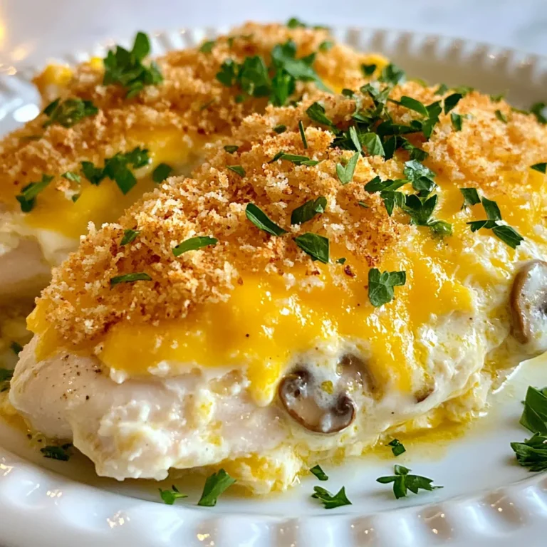 - 4 boneless, skinless chicken breasts - 1 cup sour cream - 1 cup shredded cheddar cheese - 1 cup cream of mushroom soup - 1 tablespoon garlic powder - 1 tablespoon onion powder - 1 teaspoon paprika - Salt and black pepper, to taste - 1 cup breadcrumbs (optional) - 2 tablespoons fresh parsley, chopped Alternatives for sour cream You can use Greek yogurt instead of sour cream. It adds a nice tang and is thick. Options for cream of mushroom soup If you want a healthier choice, use homemade soup or a can of cream of chicken soup. Both work well in this recipe. Cheese alternatives You can swap cheddar cheese for mozzarella or pepper jack. Each cheese brings a different taste. {{ingredient_image_2}} - Preheat your oven to 375°F (190°C). This makes sure your dish cooks well. - Grease a 9x13 inch baking dish with cooking spray or olive oil. This helps the chicken not stick. - In a medium bowl, mix together 1 cup of sour cream, 1 cup of cream of mushroom soup, 1 tablespoon of garlic powder, 1 tablespoon of onion powder, and 1 teaspoon of paprika. - Add a pinch of salt and black pepper. Stir until everything is smooth and well combined. - Arrange 4 boneless, skinless chicken breasts in the greased dish. Season both sides with salt and pepper. - Spread the sour cream mixture over each chicken breast. Make sure each piece is fully coated. - Sprinkle 1 cup of shredded cheddar cheese on top. If you like a crunchy texture, add 1 cup of breadcrumbs. - Cover the dish with aluminum foil to keep the chicken moist. - Place the dish in the oven and bake for 30 minutes. After that, remove the foil and bake for another 10-15 minutes. - Check that the chicken is fully cooked when it reaches an internal temperature of 165°F (75°C). The cheese should be bubbly and golden. - Best practices for seasoning chicken: Start with fresh chicken breasts. Use salt and black pepper generously on both sides. Mix garlic powder, onion powder, and paprika into the sour cream mixture for more flavor. This helps the seasoning stick well. - Ensuring chicken stays moist: Cover the baking dish with aluminum foil while baking. This traps steam and keeps the chicken juicy. You can remove the foil later to let the cheese brown, but do not skip the foil at first. - Garnishing with parsley: After baking, sprinkle fresh parsley on top. This adds color and freshness to your dish. It makes the meal look festive and appetizing. - Pairing with sides like vegetables and salads: Serve with steamed broccoli, green beans, or a crisp salad. These sides balance the rich flavors of the dish. Choose bright colors for a more appealing plate. - Best methods for reheating leftovers: Use the oven for best results. Preheat it to 350°F (175°C). Place the chicken in an oven-safe dish and cover it with foil. Heat for about 20 minutes or until warm. - Maintaining texture and flavor: Avoid using the microwave if possible. The oven keeps the chicken moist and the cheese bubbly. If using a microwave, cover the chicken with a damp paper towel to prevent it from drying out. Pro Tips Marinate for More Flavor: For an extra depth of flavor, marinate the chicken in the sour cream mixture for a few hours or overnight in the refrigerator before baking. Use Fresh Herbs: Enhance the freshness of the dish by adding chopped fresh herbs like thyme or rosemary to the sour cream mixture for an aromatic twist. Experiment with Cheeses: While cheddar is delicious, try mixing in other cheeses like mozzarella or pepper jack for a different flavor profile. Check for Doneness: Always use a meat thermometer to ensure the chicken reaches an internal temperature of 165°F (75°C) for safe consumption and optimal texture. {{image_4}} You can make this dish low-carb by using cauliflower instead of breadcrumbs. Simply chop the cauliflower into small bits and mix it into the sour cream layer. This keeps the texture nice while reducing carbs. For a different flavor, try using herbs like thyme or rosemary instead of the usual seasonings. These fresh flavors make your dish stand out. To kick up the taste, add spices like cayenne for heat or Italian seasoning for herb flavor. You can also incorporate sautéed vegetables like bell peppers or zucchini. This adds color and nutrients to your meal. The vegetables also blend nicely with the creamy sauce, giving each bite more depth. If you need a gluten-free option, use gluten-free breadcrumbs. They work just as well in this dish. For dairy-free needs, you can swap the sour cream and cheese for vegan alternatives. There are many tasty plant-based options that mimic the creaminess of the original ingredients. This way, everyone can enjoy the Cheesy Sour Cream Chicken Bake. To keep your Cheesy Sour Cream Chicken Bake fresh, store leftovers in the fridge. Place them in an airtight container to prevent drying out. Make sure to cool the dish before sealing it. This dish lasts about 3 to 4 days in the fridge. If you want to enjoy it later, freezing is a great option. To freeze your Cheesy Sour Cream Chicken Bake, follow these steps: - Allow the dish to cool completely. - Cut it into portions for easy thawing later. - Wrap each piece tightly in plastic wrap. - Place the wrapped pieces in a heavy-duty freezer bag. - Label the bag with the date. When you're ready to eat, thaw the chicken bake in the fridge overnight. To reheat, place it in the oven at 350°F (175°C) until warmed through. This way, you’ll enjoy the same cheesy, creamy goodness! You can serve many tasty sides with this dish. Here are some great options: - Steamed broccoli or green beans - A fresh garden salad with vinaigrette - Garlic bread for extra flavor - Mashed potatoes for a cozy touch These sides balance the rich and creamy chicken bake. Yes, you can prep this dish in advance. Here’s how: - Assemble the chicken bake as directed. - Cover it tightly and store it in the fridge. - Bake it when you are ready to eat. You can keep it in the fridge for up to two days before baking. The chicken is done when it reaches an internal temperature of 165°F (75°C). Here are some signs to look for: - The juices run clear, not pink. - The chicken feels firm to the touch. - The cheese is bubbly and golden. These cues help ensure a safe and delicious meal. Yes, you can use frozen chicken breasts. Follow this guidance: - Thaw the chicken in the fridge overnight. - If you are short on time, you can use the microwave. - Make sure to check the internal temp to 165°F (75°C) while cooking. Using frozen chicken is a great way to save time. This article covered a tasty Cheesy Sour Cream Chicken Bake. I shared the key ingredients, steps, and some helpful tips. With options for substitutions and variations, you can easily adapt the recipe. Remember to store leftovers properly for the best flavor. I hope this dish brings joy to your table. Try it out and impress your family with your cooking skills!