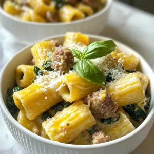 To make creamy sausage rigatoni, you need a few simple ingredients that pack a lot of flavor. Here&rsquo;s the list: - 12 oz rigatoni pasta - 1 lb Italian sausage (choose between mild or spicy, casings removed) - 1 small onion, finely diced - 3 cloves garlic, minced - 1 can (14.5 oz) diced tomatoes, undrained - 1 cup heavy cream - 1 cup freshly grated Parmesan cheese (plus extra for serving) - 2 cups fresh spinach leaves, roughly chopped - 2 tablespoons olive oil - 1 teaspoon Italian seasoning blend - Salt and pepper, to taste - Fresh basil leaves for garnish Each ingredient plays a role. The rigatoni holds the creamy sauce well. The Italian sausage adds a rich, savory flavor. Fresh vegetables like onion and garlic give great depth. Canned tomatoes and heavy cream create a luscious sauce. Finally, the seasoning and basil add the perfect finishing touch. Feel free to mix and match. You can use different types of sausage. You can even add more veggies if you like. The key is to have fun with it! {{ingredient_image_2}} 1. Fill a large pot with water and add a lot of salt. 2. Bring the water to a rolling boil. 3. Add the rigatoni and cook until al dente, about 10-12 minutes. 4. Drain the pasta, but save about 1 cup of the water. Al dente pasta has a slight bite. This texture keeps it from becoming mushy in the sauce. Saving the pasta water helps adjust the sauce later. 1. Heat a large skillet over medium heat. 2. Add olive oil to the hot skillet. 3. Once the oil shimmers, add the Italian sausage. 4. Use a spatula to break the sausage into small pieces. 5. Cook until it&rsquo;s brown and no longer pink, about 5-7 minutes. A hot skillet helps the sausage brown nicely. This creates great flavor and texture. 1. Add the finely diced onion to the skillet. 2. Stir occasionally for about 3-4 minutes until soft. 3. Add minced garlic and cook for 30 seconds. 4. Be careful; garlic burns quickly! Timing is key here. You want the onion soft and the garlic fragrant. 1. Pour the diced tomatoes, with their juices, into the skillet. 2. Add the heavy cream and stir to mix. 3. Raise the heat to bring it to a gentle simmer. 4. Cook for 3-4 minutes to thicken the sauce. Simmering the sauce helps blend the flavors and thicken it just right. 1. Add the cooked rigatoni and chopped spinach to the skillet. 2. Toss everything together until well coated. 3. If the sauce is too thick, add reserved pasta water a bit at a time. Mixing well is vital for flavor. Adjusting with pasta water gives the sauce a perfect creaminess. 1. Stir in the grated Parmesan cheese and Italian seasoning. 2. Taste and add salt and pepper as needed. 3. Remove the skillet from heat once creamy. For serving, place the creamy sausage rigatoni in bowls. Top with more Parmesan and fresh basil for a lovely look. - Heavy cream is key for a rich sauce. It adds smoothness and depth. - Reserve some pasta water. Adding it helps thin the sauce without losing flavor. - Avoid dry sausage by cooking it gently. Brown it slowly for juicy bites. - Choose your sausage wisely. Mild gives a subtle flavor, while spicy adds a kick. - Fresh herbs like basil or parsley brighten the dish. Add them before serving. - For garnish, use extra Parmesan cheese and a few basil leaves. They add color and taste. Pro Tips Choose Your Sausage: For a flavor-packed dish, select a high-quality Italian sausage. You can opt for mild for a subtle taste or spicy for a kick of heat. Perfectly Cooked Pasta: Always cook your pasta al dente for the best texture. This allows it to hold up in the sauce without becoming mushy. Fresh Spinach Tips: Add the spinach at the end of cooking to retain its vibrant color and nutrients. It will wilt perfectly in the residual heat of the dish. Adjusting Sauce Consistency: If your sauce is too thick, gradually add the reserved pasta water until you reach your desired creaminess. This starchy water enhances the sauce's flavor. {{image_4}} You can make creamy sausage rigatoni healthier with simple swaps. Consider these options: - Whole wheat or gluten-free pasta: Whole wheat adds fiber. Gluten-free pasta works for those with gluten issues. - Low-fat cream substitutes: Swap heavy cream for low-fat options like Greek yogurt or almond milk. This cuts calories while keeping some creaminess. To change the flavor, add new ingredients. Here are some ideas: - Adding vegetables: Bell peppers and mushrooms add nutrition and taste. Saut&eacute; them with the sausage for extra flavor. - Alternative proteins: Use chicken or turkey sausage instead of Italian sausage. This option is lighter but still delicious. Cheese can change the dish's taste. Explore these choices: - Exploring other cheese types: Try mozzarella or goat cheese for a different flavor profile. They melt beautifully and enrich the sauce. - Vegan cheese substitutions: For a vegan version, use cashew cheese or nutritional yeast. These options can still give you that cheesy flavor. To keep your creamy sausage rigatoni fresh, use airtight containers. Glass or plastic containers work well. Make sure to cool the pasta before sealing. Store it in the fridge for up to three days. This way, you maintain its great taste and texture. When reheating, add a splash of milk or cream for creaminess. Heat on low in a skillet. Stir often to prevent sticking. If using a microwave, cover it loosely to trap moisture. This helps avoid drying out the dish. Heat in short bursts and stir in between. To freeze, let the dish cool completely. Divide it into portions for easy use later. Use freezer-safe containers or bags. Remove as much air as possible before sealing. For best results, eat it within three months. To thaw, place it in the fridge overnight. Reheat gently for the best texture. The best pasta shape for creamy sauce is rigatoni. Its ridges hold onto the sauce well. This helps every bite be full of flavor. Other good options are penne or farfalle. These shapes also work great with creamy sauces. Yes, you can make this recipe vegetarian. Simply replace the sausage with a plant-based sausage. You can also use mushrooms for a hearty texture. Adding more veggies, like zucchini or bell peppers, boosts flavor too. You know the sausage is fully cooked when it is no longer pink inside. The outside should have a nice brown color. You can also use a meat thermometer. The internal temperature should reach 160&deg;F (71&deg;C) for safety. You can use half-and-half or whole milk as a substitute for heavy cream. For a lighter option, use Greek yogurt or sour cream. If you need a dairy-free option, try coconut milk or cashew cream. To make this dish ahead of time, cook and combine all the ingredients. Let it cool, then store it in the fridge. When ready to serve, reheat on the stove. Add a splash of pasta water to keep it creamy. This blog post covered how to make creamy sausage rigatoni. You learned about the ingredients, instructions, tips, and variations. I shared important steps like cooking pasta al dente, browning sausage, and mixing in fresh vegetables. For a great dish, use the right ingredients and techniques. Experiment with flavors and adapt to your taste. Enjoy your cooking journey and the delicious meals that follow!