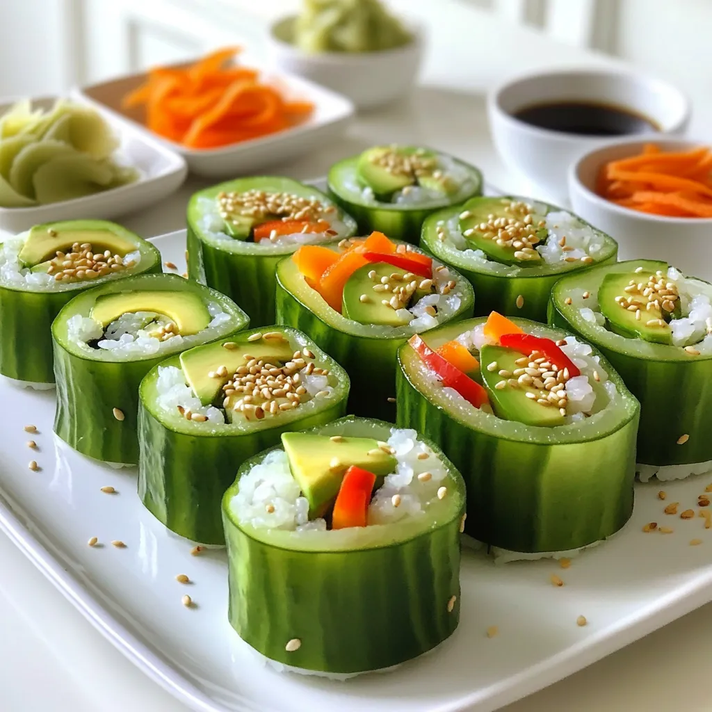 - 1 large cucumber - 1 cup sushi rice - 1 1/4 cups water - 1 tablespoon rice vinegar - 1 tablespoon sugar - 1 teaspoon salt - 1/2 ripe avocado, sliced - 1 small carrot, cut into thin julienne strips - 1 red bell pepper, cut into thin julienne strips - Soy sauce - Wasabi - Pickled ginger Cucumber sushi rolls are fresh and fun to make. They are a great way to enjoy sushi without raw fish. You will love the crisp cucumber and creamy avocado together. First, you need a large cucumber. This will be your main wrap. It gives a unique texture and flavor. For the filling, you will use sushi rice. This rice is sticky and holds everything together. You will also need water to cook the rice properly. Next, you will season the rice to enhance its taste. Rice vinegar adds a tangy flavor. Sugar gives a hint of sweetness, while salt brings balance. Now, for the fillings, grab a ripe avocado. It adds creaminess and richness. A small carrot, cut into thin strips, adds crunch and color. Lastly, use a red bell pepper for sweetness and vibrancy. When serving your rolls, soy sauce is a must for dipping. Wasabi adds a kick, while pickled ginger cleanses your palate. These ingredients make your cucumber sushi rolls a delightful experience. - Rinsing the rice: Start by rinsing 1 cup of sushi rice under cold water. Keep rinsing until the water runs clear. This step removes extra starch and helps the rice cook better. - Cooking the rice: In a medium saucepan, add the rinsed rice and 1 1/4 cups of water. Bring this to a boil over medium heat. When it boils, lower the heat, cover the pot, and let it simmer for 20 minutes. This allows the rice to absorb all the water. After 20 minutes, take it off the heat and let it sit, covered, for 10 more minutes to steam. - Seasoning the cooked rice: In a small bowl, mix 1 tablespoon of rice vinegar, 1 tablespoon of sugar, and 1 teaspoon of salt. Stir until the sugar and salt dissolve. Once the rice is done, move it to a large bowl. Gently fold in the vinegar mixture using a spatula. Be careful not to mash the rice. Let it cool to room temperature. - Peeling the cucumber: Take 1 large cucumber and peel it with a vegetable peeler. Make long, thin strips. This helps create a nice look for the rolls. - Creating hollow casings: Cut the cucumber in half lengthwise. Use a spoon to scoop out the seeds from each half. This creates hollow casings to hold your sushi rolls. - Layering rice and fillings: Lay a sheet of nori, shiny side down, on a bamboo sushi mat. Wet your hands to prevent sticking. Spread an even layer of sushi rice on the nori, about 1/4 inch thick. Leave a 1-inch border at the top edge free of rice. In the center, place slices of avocado, julienned carrots, and julienned red bell pepper. - Rolling technique: Start rolling from the bottom edge of the mat. Gently but tightly fold the nori over the fillings. Use the mat to shape the roll into a cylinder. When you reach the top edge of the nori, dampen it with your fingers to help seal the roll. - Slicing technique: Use a sharp, wet knife to slice the sushi roll into bite-sized pieces. Make sure each piece is cut cleanly to keep the fillings intact. - Presentation tips: For an attractive display, cut the sushi rolls into smaller pieces. Arrange them neatly inside the hollow cucumber halves. This not only looks great but also makes serving easy. Place the rolls on a platter with small bowls of soy sauce, wasabi, and pickled ginger. For extra flair, sprinkle sesame seeds or chopped green onions on top. Enjoy your fresh and flavorful cucumber sushi rolls! Using a bamboo sushi mat makes rolling easy and fun. Lay a sheet of nori on the mat, shiny side down. Dampen your hands with water to avoid sticky rice. Spread sushi rice evenly on the nori, leaving a 1-inch edge at the top. Keep the rice layer about 1/4 inch thick. This helps the roll hold its shape. For tight rolls, start at the bottom. Gently lift the mat to roll the nori over the fillings. Use your fingers to tuck the filling in as you roll. When you reach the edge, wet it with a little water to seal the roll. Cooling sushi rice is key for great texture. After cooking, let the rice steam for 10 minutes. Then, transfer it to a large bowl. Gently fold in the vinegar mixture. Use a spatula for this. Avoid mashing the rice! Spread the rice out to cool off faster. Wait until it's at room temperature before using it for rolls. You can add optional ingredients for more flavor. Try adding sliced radish, cucumber strips, or even cream cheese. These ingredients give your rolls a unique twist. For dipping sauce, soy sauce is a classic choice. You can also serve wasabi and pickled ginger on the side. These pair well with cucumber sushi rolls and add an extra kick. Enjoy the fresh flavors! {{image_4}} You can swap some ingredients to make delicious vegetarian sushi rolls. Here are some ideas: - Substitutions: Use roasted bell peppers instead of fresh. Try marinated tofu for a different texture. - Flavor Combinations: Add fresh herbs like cilantro or basil for a burst of flavor. You can also include pickled vegetables for tang. Making vegan sushi rolls is easy! Focus on plant-based ingredients to keep it tasty: - Plant-based Ingredients: Use avocado, cucumber, and carrots as your main fillings. You can add hummus for creaminess. Get creative with your sushi rolls by trying new fillings: - Protein Suggestions: Add cooked shrimp or crab for a seafood twist. Grilled chicken or tofu also works well. - Other Vegetables: Try using sliced radishes or asparagus for a crunchy bite. You can even add cooked sweet potato for sweetness. To keep cucumber sushi rolls fresh, store them in the fridge. Use an airtight container to prevent drying out. If you have leftover sushi rolls, wrap each roll in plastic wrap. This helps maintain moisture and keeps them crisp. The shelf life of sushi rolls is about 24 hours in the fridge. Ingredients like cucumber and avocado can spoil quickly. So, it's best to enjoy your sushi soon after making it. If you notice any browning on the avocado, it’s time to toss that roll. Sushi rolls are best enjoyed cold. However, if you need to warm them up, use a microwave. Heat them for a few seconds. Be careful; too much heat can ruin the texture. To keep the sushi rolls tasty, avoid high heat. This helps maintain the fresh flavor and crispness. Always check for any changes in smell or texture before eating leftovers. If it doesn’t seem right, it’s safer to throw it away. You can use large cucumber slices as wraps instead of nori. First, peel the cucumber. Then, cut it into thin strips. Make sure the strips are wide enough to hold the fillings. You can also use rice paper or lettuce leaves as wraps. Both options keep the dish fresh and light. Yes, you can make cucumber sushi rolls ahead of time. Prepare the sushi rice and let it cool. Then, cut the cucumber and fill it with rice and veggies. Wrap each roll in plastic wrap to keep them fresh. Store them in the fridge until you are ready to serve. Cucumber adds crunch and hydration to sushi rolls. It is low in calories and high in water content. Cucumber also contains vitamins K and C. These vitamins support bone health and boost your immune system. Plus, cucumbers are great for digestion. You can find cucumber sushi rolls at many sushi restaurants. Look for places that offer fresh and healthy options. Some grocery stores have a sushi bar that sells ready-made rolls. Be sure to check the deli section for fresh cucumber sushi rolls. Cucumber sushi rolls are fun, fresh, and simple to make. We covered the main ingredients, like large cucumbers, sushi rice, and tasty fillings. You learned how to prepare sushi rice, assemble and cut your rolls, and store them correctly. Try different variations to suit your taste. Remember, mastering this dish means enjoying your creativity and flavors. Dive into this sushi experience and impress your friends with your skills!