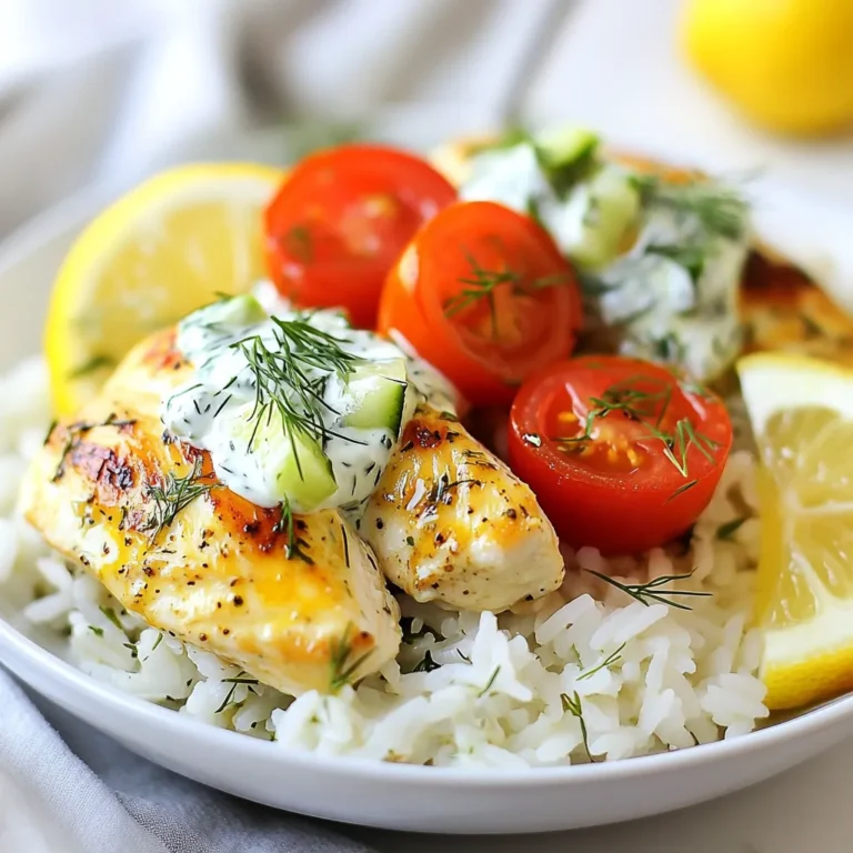 - 1 lb boneless, skinless chicken breasts - 1 cup long-grain white rice - 2 cups chicken broth - 1 cup Greek yogurt - 1 medium cucumber, diced - 2 tablespoons fresh dill, finely chopped - 2 tablespoons fresh lemon juice (about 1 medium lemon) - 1 clove garlic, minced - 1 cup cherry tomatoes, halved - 1 tablespoon extra virgin olive oil - Salt and freshly ground pepper to taste To make Dump-and-Bake Chicken Tzatziki Rice, gather these fresh ingredients. The chicken breasts are the main protein. I love using boneless and skinless chicken breasts for ease and quick cooking. They stay juicy while baking and soak up flavors well. Next, the long-grain white rice acts as the perfect base. It cooks beautifully in the chicken broth, absorbing all the savory goodness. The broth adds depth to the dish, making it rich and flavorful. For the tzatziki sauce, Greek yogurt gives it a creamy texture. I add diced cucumber for crunch and fresh dill for that herbal kick. The tzatziki sauce adds a refreshing balance to the warm chicken and rice. Finally, lemon juice, minced garlic, cherry tomatoes, olive oil, salt, and pepper round out the ingredients. The lemon juice brightens the sauce, while garlic brings a warm depth. Cherry tomatoes add a pop of color and flavor. The olive oil helps bind everything together, making the dish shine. Using these ingredients creates a simple yet satisfying meal. It’s easy to prepare and perfect for busy days! {{ingredient_image_2}} Preheating the oven to 400°F (200°C) is vital. A hot oven helps cook the chicken and rice evenly. This step ensures your meal comes out perfectly. If you skip this, your dish may not cook well. In a large casserole dish, combine 1 cup of long-grain white rice and 2 cups of chicken broth. Stir well with a spoon. Make sure the rice is spread out evenly. Next, lay 1 pound of boneless, skinless chicken breasts on top. Season the chicken with salt and freshly ground pepper. This adds flavor and makes your dish tasty. Seal the dish tightly with aluminum foil. This keeps the steam inside, helping the rice and chicken cook. Bake in the preheated oven for 25 minutes. After 25 minutes, take the dish out. Remove the foil and sprinkle 1 cup of halved cherry tomatoes over the chicken. Return the dish to the oven without foil. Bake for another 10-15 minutes until the chicken is cooked through. The internal temperature should reach 165°F (75°C). Let it rest for 5 minutes before serving. Fluff the rice with a fork and drizzle tzatziki sauce over the chicken. Enjoy your meal! To ensure the chicken is tender and juicy, I recommend using chicken breasts that are uniform in size. This helps them cook evenly. Season them well with salt and pepper before baking. A meat thermometer is your best friend here. It helps you check the internal temperature. The chicken should reach 165°F (75°C) to be safe to eat. This ensures you avoid dry chicken while keeping it juicy and flavorful. After baking, fluff the rice with a fork. This adds air and keeps it light. To avoid mushy rice, make sure to use long-grain white rice and the right amount of chicken broth. Too much liquid makes the rice soggy. Stick to the recipe for the best results. Remember, the rice cooks in the steam created by the covered dish. You can adjust the garlic and dill levels in the tzatziki to fit your taste. If you love garlic, add more! For a milder taste, use less. If you want a substitute for Greek yogurt, try using sour cream or a plant-based yogurt. This can change the flavor and texture slightly, but it still tastes great. Pro Tips Marinate for Extra Flavor: For a more flavorful chicken, consider marinating the chicken breasts in lemon juice, garlic, and dill for at least 30 minutes before baking. Use Jasmine or Basmati Rice: For an aromatic touch, try using jasmine or basmati rice instead of regular long-grain rice. They will infuse a lovely fragrance into the dish. Check for Doneness: Always use a meat thermometer to ensure your chicken has reached an internal temperature of 165°F (75°C) for safe consumption. Add Veggies for Color: Feel free to add other vegetables such as bell peppers or spinach to the rice mixture before baking for added nutrition and vibrant color. {{image_4}} You can switch out the chicken for other proteins. Turkey works well and stays juicy. Tofu is a great choice for a meatless option. It absorbs flavors nicely, making it tasty. Instead of long-grain white rice, try using quinoa. Quinoa adds a nice crunch and is packed with protein. Brown rice is another healthy swap, though it may need extra cooking time. Spices can elevate this dish. Adding cumin gives a warm, earthy taste. Paprika can add a smoky flavor that’s delightful. You can also toss in vegetables for more color and nutrition. Bell peppers add a sweet crunch, while zucchini brings a light, fresh taste. Feel free to mix and match your favorites. For a beautiful presentation, serve in individual bowls. Garnish each bowl with fresh dill and a lemon wedge for brightness. You can also serve this dish as a cold meal. It makes for a refreshing lunch option on hot days. Meal prep is easy with this recipe, so consider making it ahead for busy weeks. To keep leftovers fresh, place them in airtight containers. This helps to avoid drying out. You can store the chicken tzatziki rice in the fridge for up to four days. Make sure it cools down first before sealing. This keeps the flavors intact and safe to eat later. To reheat, use the microwave or oven. If using a microwave, heat in short bursts. Stir in between to warm it evenly. For the oven, cover with foil and heat at 350°F (175°C). This keeps the chicken moist and tender. Always check the chicken's internal temperature; it should be 165°F (75°C) to ensure safety. You can freeze this dish for up to three months. To freeze, let it cool completely first. Then, store it in freezer-safe containers. When ready to eat, thaw it in the fridge overnight. Reheat as mentioned above to enjoy a tasty meal later! Yes, you can use brown rice. However, you must adjust the cooking time. Brown rice takes longer to cook. You may need to add extra water, too. I suggest cooking the brown rice for about 45 minutes. This helps it get tender and fluffy. Keep in mind, the texture will differ a bit from white rice. To check if the chicken is done, use a meat thermometer. The chicken should reach 165°F (75°C). Insert the thermometer into the thickest part of the chicken. If you don’t have a thermometer, cut into the chicken. The meat should be opaque and the juices clear. Any pink means it needs more time. You can pair this dish with a fresh salad. A Greek salad works great with its flavors. Add some warm pita bread on the side. Roasted vegetables also make a nice addition. You can even serve a light yogurt dip for more tzatziki flavor. Yes, you can prepare it ahead. Just follow the recipe up to the baking step. Cover the dish and keep it in the fridge. When you are ready, bake it as directed. This helps the flavors blend well. It also saves you time on busy days. Absolutely! You can use chickpeas or tofu instead of chicken. Both options add protein and texture. Make sure to adjust the cooking time. Cook the rice and broth as usual. Add the chickpeas or tofu when you would add the chicken. It will be just as tasty and filling! Dump-and-Bake Chicken Tzatziki Rice is a simple dish to make. We covered ingredients like chicken breasts, rice, and tzatziki sauce. I shared easy steps for preparing, baking, and customizing the dish. You learned tips for great chicken and rice texture. Remember, feel free to swap proteins or grains to fit your taste. This dish is perfect for busy days or meal prep. Enjoy healthy and flavorful meals with little effort. Your kitchen can be a fun place to explore new flavors!