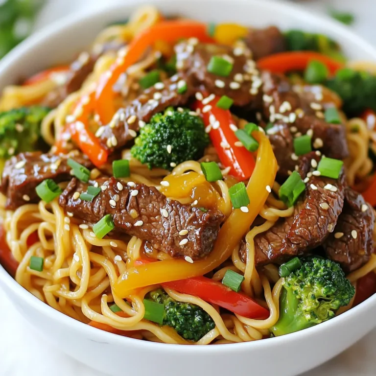 - 200g beef sirloin, thinly sliced - 200g egg noodles - 1 bell pepper, sliced (any color) - 1 cup broccoli florets - 3 tablespoons soy sauce - 1 tablespoon oyster sauce (optional) - 1 tablespoon sesame oil - 2 cloves garlic, minced - 1 inch ginger, grated - 1 teaspoon chili flakes (adjust to taste) - Salt and pepper to taste - 2 green onions, chopped Gather these ingredients before you start cooking. Having everything ready helps the cooking process flow smoothly. The beef sirloin is the star here, so make sure to slice it thinly. This allows it to cook quickly and evenly. The egg noodles provide a nice base for the dish, soaking up all the tasty sauces. Don’t skimp on the vegetables! Bell pepper adds color and crunch, while broccoli gives a nice texture. The sauce ingredients bring flavor that ties everything together. Soy sauce is key, and you can add oyster sauce for more depth. Sesame oil gives a lovely aroma and richness. The seasonings like garlic and ginger bring warmth and zest. Chili flakes let you control the heat, so adjust them to your taste. Green onions add a fresh, crisp finish, making your meal not just tasty but also pretty. This combination of fresh ingredients ensures each bite is packed with flavor. You’ll create a dish that’s quick, easy, and satisfying! {{ingredient_image_2}} 1. Begin by cooking the egg noodles according to the package instructions. 2. Once cooked, drain the noodles in a colander. 3. Allow the noodles to cool slightly before using them in your stir fry. 1. Heat a large wok over medium-high heat. Add vegetable oil, letting it shimmer. 2. Carefully add the thinly sliced beef to the hot wok. 3. Season the beef with a pinch of salt and a dash of pepper. 4. Stir-fry the beef for about 2-3 minutes. Cook until it turns brown and is done to your liking. 5. Once cooked, remove the beef from the wok and place it on a plate. 1. In the same wok, add minced garlic and grated ginger. Stir for about 30 seconds. 2. Be sure to keep an eye on the garlic and ginger so they do not burn. 3. Next, add the sliced bell pepper and broccoli florets. 4. Stir-fry these veggies for an additional 2-3 minutes. Cook until they are tender yet still crisp. 1. Return the cooked beef to the wok with the vegetables. 2. Pour in the soy sauce, oyster sauce (if you choose to use it), and sesame oil. 3. Sprinkle in the chili flakes for some heat. 4. Toss all the ingredients together, cooking for one more minute. 5. Gently add the cooked egg noodles to the wok. 6. Mix everything together until the noodles are well coated with the sauce and heated through. 7. Finally, remove the wok from heat. Garnish with chopped green onions for a fresh touch. To make a great stir-fry, use high heat. A hot wok cooks food fast. This keeps veggies bright and crisp. Start with a little oil in the pan. When it shimmers, add your beef. Stir-fry it for just 2-3 minutes. This gives it a nice brown color. Then, take the beef out. Cook your garlic and ginger next for great flavor. If you find your stir-fry cooking too slowly, raise the heat. But watch closely! You want to avoid burning anything. If needed, add a splash of water to keep things moving. Good flavor starts with fresh ingredients. Your beef should be tender and thinly sliced. Use fresh garlic and ginger for the best taste. For seasonings, soy sauce is key. It adds saltiness and depth. If you like a bit of sweetness, try oyster sauce. A dash of sesame oil gives a nutty aroma. Chili flakes add heat. Start with a small amount. You can always add more if you like. Fresh herbs, like green onions, add a bright finish. Serve your stir-fry in deep bowls. This makes it look inviting. Top with chopped green onions and sesame seeds. They add color and a nice crunch. For a zesty touch, add lime wedges on the side. This lets your guests squeeze some juice over their dish. It’s a fun way to enjoy the meal! Pro Tips Slice Against the Grain: To ensure tender beef, always slice the sirloin against the grain. This breaks down the muscle fibers, making each bite easier to chew. Prep Ingredients Ahead: Stir-frying is a quick cooking method, so have all your ingredients prepped and ready to go before you start cooking to avoid overcooking. Use High Heat: For the best stir-fry, make sure your wok or pan is very hot before adding the ingredients. This helps to sear the beef quickly and retain its juices. Customize Your Veggies: Feel free to swap in your favorite vegetables, like snap peas or carrots, to add variety and nutrition to your stir-fry. {{image_4}} You can change the beef to chicken or tofu. Thinly slice chicken breast for a lighter option. Tofu works great for a vegetarian meal. Just use firm tofu for the best texture. You can also try different seafood options. Shrimp or scallops can add a tasty twist. Cook them quickly in the hot wok for the best flavor. Feel free to swap in other veggies based on what you have. Carrots, snap peas, or zucchini add nice colors and crunch. You can also use seasonal vegetables. In spring, add asparagus. In fall, try pumpkin or kale. This lets you enjoy fresh flavors all year. For gluten-free options, choose rice noodles or gluten-free soy sauce. This keeps the dish safe for those with gluten issues. If you follow a vegetarian or vegan diet, skip the beef and oyster sauce. Use mushrooms or tempeh for protein. Add more veggies for a hearty meal. This way, everyone can enjoy a delicious dish! After you cook your Minute Beef Stir Fry Noodles, let them cool. This helps keep them fresh. Store them in a good container. I suggest using airtight containers. They keep moisture in and air out. This way, your noodles stay tasty. You can keep them in the fridge for up to three days. When it’s time to eat your leftovers, you want them hot and yummy. The best way to reheat them is in a pan on the stove. Just add a little water or oil to keep them moist. Stir them over medium heat until hot. You can also use the microwave. Place them in a microwave-safe bowl and cover it. Heat for one to two minutes. Stir halfway for even warmth. If you have more leftovers, freezing is a great option. First, let the noodles cool completely. Then, place them in freezer bags. Make sure to squeeze out the air. This helps avoid freezer burn. You can freeze them for up to three months. When you want to eat them, take them out of the freezer. Thaw them in the fridge overnight. Reheat using the stove or microwave, and enjoy! You can make this dish in about 20 minutes. The prep time takes around 10 minutes, and cooking takes another 10 minutes. This means you can have a tasty meal ready quickly. Yes, you can use other noodles. Rice noodles, udon, or even whole wheat noodles work well. Just follow the cooking time on the package you choose. This gives you options based on what you have at home. You can serve beef stir fry noodles with a side of steamed rice or a fresh salad. A light cucumber salad adds a nice crunch. If you want a drink, iced tea or a light soda pairs well with the dish. To add heat, increase the chili flakes. You can also use fresh sliced chilies or hot sauce. Start small and taste as you go. This way, you can find the spice level that suits you best. This blog post detailed the making of Minute Beef Stir Fry Noodles, covering all essentials. We explored key ingredients like beef, egg noodles, and flavorful sauces. I also shared step-by-step instructions, from cooking noodles to combining everything perfectly. You learned useful tips on flavor, presentation, and even variations by swapping proteins or veggies. Finally, proper storage techniques helped ensure your meal lasts longer. Remember, with these guidelines and my expert insights, you can create a tasty dish tailored to your taste. Have fun cooking and enjoy your delicious stir-fry!