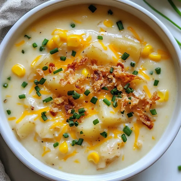 To make this tasty soup, gather these items: - 4 large russet potatoes, peeled and cut into 1-inch cubes - 1 medium onion, finely chopped - 3 cloves garlic, minced - 4 cups vegetable broth (homemade or store-bought) - 1 cup heavy cream (or coconut milk for a dairy-free option) - 2 cups frozen corn kernels - 1 cup shredded carrots (fresh is best for flavor) - 1 teaspoon dried thyme - 1 teaspoon smoked paprika - Salt and black pepper, to taste You can swap some ingredients if needed. Use sweet potatoes instead of russet potatoes for a sweeter taste. If you lack vegetable broth, use chicken broth instead. For a lighter soup, replace heavy cream with almond milk. You can also skip the corn or carrots if you prefer a simpler version. Toppings can elevate your soup. Try these: - Chopped chives - Shredded cheese, like cheddar - Crispy fried onions These toppings add flavor and a nice crunch, making your soup even better. Enjoy experimenting with different combinations! {{ingredient_image_2}} To make this potato soup, start by gathering your ingredients. You need four large russet potatoes, one medium onion, three cloves of garlic, and four cups of vegetable broth. You also need one cup of heavy cream or coconut milk, two cups of frozen corn, and one cup of shredded carrots. Lastly, grab some dried thyme, smoked paprika, salt, and black pepper. 1. Peel and Cut the Potatoes: First, peel the potatoes. Cut them into one-inch cubes. This size helps them cook evenly. 2. Chop the Onion and Garlic: Next, finely chop the onion and mince the garlic. These add great flavor. 3. Combine Ingredients: In your crockpot, add the potatoes, onion, garlic, vegetable broth, frozen corn, and carrots. Sprinkle in the thyme, smoked paprika, salt, and pepper. 4. Mix Well: Gently stir everything to combine. This ensures that the flavors mix well together. You can cook this soup on low or high heat, depending on your time. - Low Heat: If you choose low heat, cook for 6 to 8 hours. This gives the soup a rich flavor. The potatoes will be very tender. - High Heat: If you're short on time, set the crockpot to high heat. Cook for 4 to 5 hours. The potatoes will still be tender, but the flavors may not meld as deeply. To get that creamy texture, you can mash some of the potatoes. Here’s how: 1. Mash the Potatoes: After the soup cooks, take a potato masher or an immersion blender. Mash a portion of the potatoes. This will create a creamy base but keep some chunks for texture. 2. Add Cream or Coconut Milk: Stir in your choice of heavy cream or coconut milk. Let it heat for an additional 30 minutes on low. This step adds richness and makes the soup velvety. 3. Taste and Adjust: Before serving, taste your soup. If it needs more flavor, add a pinch of salt and pepper. To make your potato soup shine, focus on seasoning early. Use salt and pepper in layers. Add herbs like thyme and smoked paprika for depth. Fresh garlic boosts the flavor too. You can sauté the onion and garlic in a pan before adding them to the crockpot. This small step can add a rich taste. For more flavor, try adding a splash of lemon juice before serving. This gives a fresh kick that brightens the soup. One big mistake is not cutting the potatoes evenly. If the pieces are too large, some will be hard while others become mushy. Another error is adding too much liquid. Keep the broth amount steady to ensure a thick soup. Don't skip the cooking time. The potatoes need enough time to soften. Lastly, avoid over-mixing when blending. If you make it too smooth, you lose texture. If your soup is too thick, add more broth or water a little at a time. Stir well after each addition. For creaminess, blend in more heavy cream or coconut milk. You can also mash more potatoes into the soup. For a lighter option, use less cream. If you like a chunky soup, blend just half of the potatoes. This keeps some in pieces while making it creamy. Pro Tips Use Fresh Ingredients: Fresh carrots and high-quality vegetable broth will enhance the flavor of your soup significantly. Adjust Creaminess: For a creamier texture, blend more of the potatoes into the soup, but leave some chunks for added texture. Customize Seasoning: Don’t hesitate to adjust the seasoning based on your taste—experiment with herbs like rosemary or parsley for a unique twist. Perfect Toppings: Add toppings like crispy fried onions or shredded cheese just before serving for a delicious crunch and extra flavor. {{image_4}} To make this soup dairy-free, simply swap heavy cream with coconut milk. Coconut milk gives a rich, creamy texture without any dairy. You can also use almond milk or oat milk, but they may change the flavor. This keeps the soup light and tasty. Want to add protein? Cooked bacon or diced ham works great. You can also use shredded chicken for a heartier soup. Add it in during the last hour of cooking. For a vegetarian option, try adding cooked lentils or chickpeas. They boost protein without meat. Use seasonal veggies for extra flavor and nutrition. Try adding diced zucchini or spinach. In the fall, stir in some pumpkin or squash. In the spring, fresh peas or asparagus can brighten the dish. These changes make the soup fun and unique each time you cook it. To store leftovers, let the soup cool first. Once cool, pour it into airtight containers. Make sure to leave some space at the top for expansion. Seal the containers tightly. Store them in the fridge for up to four days. Always label the containers with the date. You can freeze this soup for later use. Pour the cooled soup into freezer-safe bags or containers. If using bags, lay them flat to save space. Remove as much air as possible before sealing. Freeze for up to three months. When ready to eat, thaw in the fridge overnight. To reheat the soup, pour it into a pot over medium heat. Stir often to prevent sticking. Heat until warm, about ten minutes. If the soup is too thick, add a splash of broth or water. You can also reheat in the microwave. Use a microwave-safe bowl and cover it loosely. Heat in 1-minute intervals, stirring in between. Yes, you can use other types of potatoes. Red or Yukon Gold potatoes work well. They add a nice flavor and texture. Just keep the same size when cutting them. Make sure to peel them if you want a creamier soup. The soup lasts about 4 to 5 days in the fridge. Store it in an airtight container. Make sure to cool the soup before you put it in the fridge. Yes, you can make this soup in advance. It tastes even better the next day! Just let it cool and store it in the fridge. You can reheat it on the stove or in the microwave. In this post, we covered the key ingredients needed for a tasty soup. We explored substitutes, optional toppings, and shared a step-by-step cooking guide. I gave tips to avoid mistakes and customize your soup’s flavor and texture. We also discussed storage options and answered common questions about ingredients and leftovers. Soup is simple to make and fun to adapt. Enjoy your cooking journey and create something special!