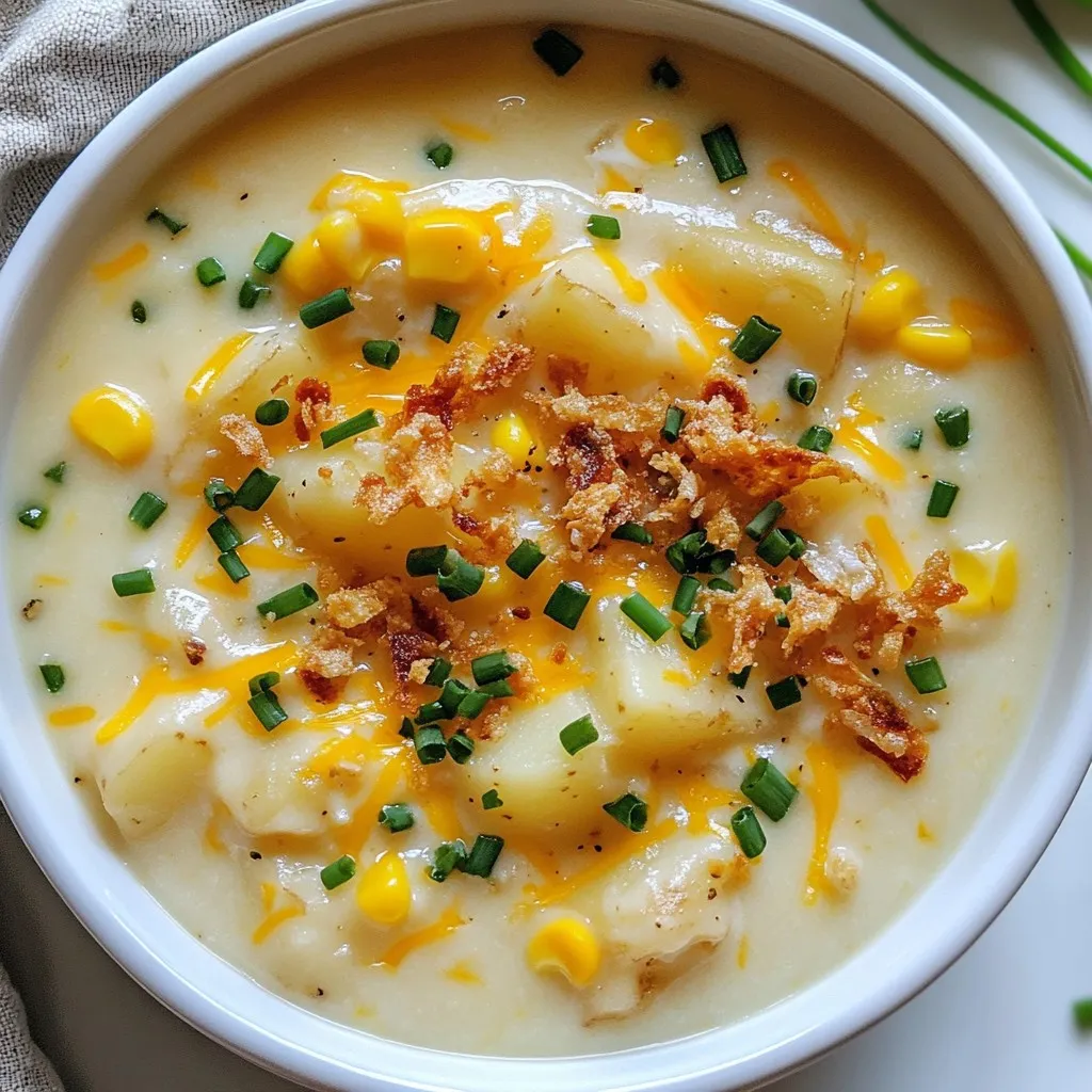 To make this tasty soup, gather these items: - 4 large russet potatoes, peeled and cut into 1-inch cubes - 1 medium onion, finely chopped - 3 cloves garlic, minced - 4 cups vegetable broth (homemade or store-bought) - 1 cup heavy cream (or coconut milk for a dairy-free option) - 2 cups frozen corn kernels - 1 cup shredded carrots (fresh is best for flavor) - 1 teaspoon dried thyme - 1 teaspoon smoked paprika - Salt and black pepper, to taste You can swap some ingredients if needed. Use sweet potatoes instead of russet potatoes for a sweeter taste. If you lack vegetable broth, use chicken broth instead. For a lighter soup, replace heavy cream with almond milk. You can also skip the corn or carrots if you prefer a simpler version. Toppings can elevate your soup. Try these: - Chopped chives - Shredded cheese, like cheddar - Crispy fried onions These toppings add flavor and a nice crunch, making your soup even better. Enjoy experimenting with different combinations! {{ingredient_image_2}} To make this potato soup, start by gathering your ingredients. You need four large russet potatoes, one medium onion, three cloves of garlic, and four cups of vegetable broth. You also need one cup of heavy cream or coconut milk, two cups of frozen corn, and one cup of shredded carrots. Lastly, grab some dried thyme, smoked paprika, salt, and black pepper. 1. Peel and Cut the Potatoes: First, peel the potatoes. Cut them into one-inch cubes. This size helps them cook evenly. 2. Chop the Onion and Garlic: Next, finely chop the onion and mince the garlic. These add great flavor. 3. Combine Ingredients: In your crockpot, add the potatoes, onion, garlic, vegetable broth, frozen corn, and carrots. Sprinkle in the thyme, smoked paprika, salt, and pepper. 4. Mix Well: Gently stir everything to combine. This ensures that the flavors mix well together. You can cook this soup on low or high heat, depending on your time. - Low Heat: If you choose low heat, cook for 6 to 8 hours. This gives the soup a rich flavor. The potatoes will be very tender. - High Heat: If you're short on time, set the crockpot to high heat. Cook for 4 to 5 hours. The potatoes will still be tender, but the flavors may not meld as deeply. To get that creamy texture, you can mash some of the potatoes. Here’s how: 1. Mash the Potatoes: After the soup cooks, take a potato masher or an immersion blender. Mash a portion of the potatoes. This will create a creamy base but keep some chunks for texture. 2. Add Cream or Coconut Milk: Stir in your choice of heavy cream or coconut milk. Let it heat for an additional 30 minutes on low. This step adds richness and makes the soup velvety. 3. Taste and Adjust: Before serving, taste your soup. If it needs more flavor, add a pinch of salt and pepper. To make your potato soup shine, focus on seasoning early. Use salt and pepper in layers. Add herbs like thyme and smoked paprika for depth. Fresh garlic boosts the flavor too. You can sauté the onion and garlic in a pan before adding them to the crockpot. This small step can add a rich taste. For more flavor, try adding a splash of lemon juice before serving. This gives a fresh kick that brightens the soup. One big mistake is not cutting the potatoes evenly. If the pieces are too large, some will be hard while others become mushy. Another error is adding too much liquid. Keep the broth amount steady to ensure a thick soup. Don't skip the cooking time. The potatoes need enough time to soften. Lastly, avoid over-mixing when blending. If you make it too smooth, you lose texture. If your soup is too thick, add more broth or water a little at a time. Stir well after each addition. For creaminess, blend in more heavy cream or coconut milk. You can also mash more potatoes into the soup. For a lighter option, use less cream. If you like a chunky soup, blend just half of the potatoes. This keeps some in pieces while making it creamy. Pro Tips Use Fresh Ingredients: Fresh carrots and high-quality vegetable broth will enhance the flavor of your soup significantly. Adjust Creaminess: For a creamier texture, blend more of the potatoes into the soup, but leave some chunks for added texture. Customize Seasoning: Don’t hesitate to adjust the seasoning based on your taste—experiment with herbs like rosemary or parsley for a unique twist. Perfect Toppings: Add toppings like crispy fried onions or shredded cheese just before serving for a delicious crunch and extra flavor. {{image_4}} To make this soup dairy-free, simply swap heavy cream with coconut milk. Coconut milk gives a rich, creamy texture without any dairy. You can also use almond milk or oat milk, but they may change the flavor. This keeps the soup light and tasty. Want to add protein? Cooked bacon or diced ham works great. You can also use shredded chicken for a heartier soup. Add it in during the last hour of cooking. For a vegetarian option, try adding cooked lentils or chickpeas. They boost protein without meat. Use seasonal veggies for extra flavor and nutrition. Try adding diced zucchini or spinach. In the fall, stir in some pumpkin or squash. In the spring, fresh peas or asparagus can brighten the dish. These changes make the soup fun and unique each time you cook it. To store leftovers, let the soup cool first. Once cool, pour it into airtight containers. Make sure to leave some space at the top for expansion. Seal the containers tightly. Store them in the fridge for up to four days. Always label the containers with the date. You can freeze this soup for later use. Pour the cooled soup into freezer-safe bags or containers. If using bags, lay them flat to save space. Remove as much air as possible before sealing. Freeze for up to three months. When ready to eat, thaw in the fridge overnight. To reheat the soup, pour it into a pot over medium heat. Stir often to prevent sticking. Heat until warm, about ten minutes. If the soup is too thick, add a splash of broth or water. You can also reheat in the microwave. Use a microwave-safe bowl and cover it loosely. Heat in 1-minute intervals, stirring in between. Yes, you can use other types of potatoes. Red or Yukon Gold potatoes work well. They add a nice flavor and texture. Just keep the same size when cutting them. Make sure to peel them if you want a creamier soup. The soup lasts about 4 to 5 days in the fridge. Store it in an airtight container. Make sure to cool the soup before you put it in the fridge. Yes, you can make this soup in advance. It tastes even better the next day! Just let it cool and store it in the fridge. You can reheat it on the stove or in the microwave. In this post, we covered the key ingredients needed for a tasty soup. We explored substitutes, optional toppings, and shared a step-by-step cooking guide. I gave tips to avoid mistakes and customize your soup’s flavor and texture. We also discussed storage options and answered common questions about ingredients and leftovers. Soup is simple to make and fun to adapt. Enjoy your cooking journey and create something special!