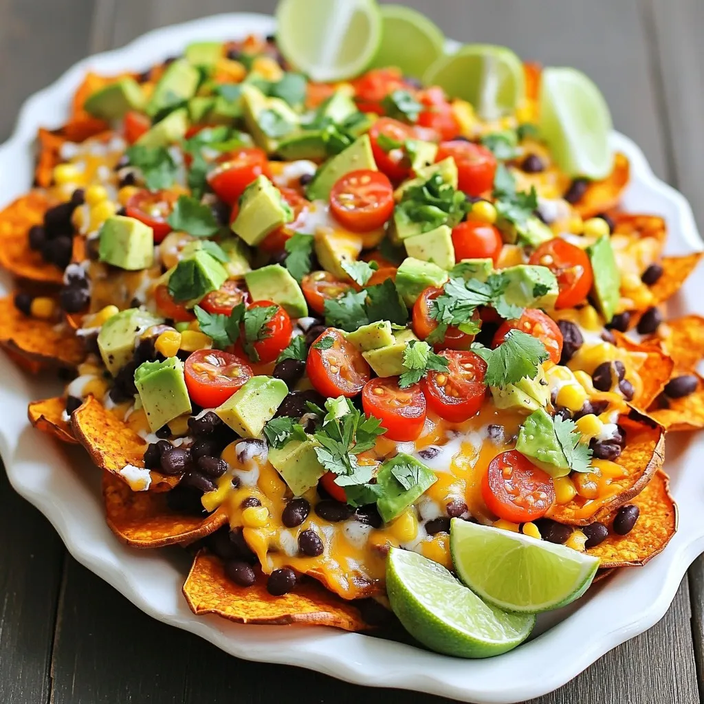 - 2 large sweet potatoes, sliced into thin rounds - 1 cup black beans, drained and rinsed - 1 cup corn kernels (fresh, frozen, or canned) Sweet potatoes form the base for these nachos. They have a sweet flavor and a soft texture. Black beans add protein and fiber. Corn gives a nice crunch and sweetness to the dish. - 1 avocado, diced - 1 jalapeño, sliced (optional for heat) - Fresh cilantro leaves, for garnish Adding toppings makes your nachos even better. Avocado gives creaminess. Jalapeño adds heat, but you can skip it if you prefer mild. Fresh cilantro brings a burst of flavor and freshness. - 1 tablespoon olive oil - 1 teaspoon smoked paprika - 1 teaspoon garlic powder - Salt and freshly ground black pepper, to taste The right seasonings can change everything. Olive oil helps the sweet potatoes crisp up. Smoked paprika gives a deep, smoky flavor. Garlic powder is a must for taste. Don't forget salt and pepper for balance. {{ingredient_image_2}} First, you need to get your oven ready. Preheat it to 400°F (200°C). This makes sure your nachos cook well. In a large bowl, mix two large sweet potatoes, sliced into thin rounds, with one tablespoon of olive oil. Add one teaspoon of smoked paprika and one teaspoon of garlic powder. Sprinkle in some salt and black pepper to taste. Toss everything until the sweet potatoes are fully coated. Next, arrange the seasoned sweet potato rounds on a baking sheet. Line the sheet with parchment paper to prevent sticking. Spread the rounds in a single layer. Bake them in the preheated oven for 20-25 minutes. Flip the rounds halfway through cooking. This helps them get crispy and golden-brown. While the sweet potatoes bake, prepare your toppings. In another bowl, combine one cup of black beans, one cup of corn, and one cup of halved cherry tomatoes. Lightly season this mix with salt and pepper. After baking, transfer the sweet potatoes to a large platter. Layer them nicely. Spread the black bean and corn mixture evenly over the warm sweet potato rounds. Then, add diced avocado on top. Next, sprinkle one cup of shredded cheddar cheese over everything. If you like heat, add sliced jalapeño on top of the cheese. Return the nachos to the oven and bake for another 5-7 minutes. This time, you want the cheese to melt and bubble. Once done, take them out of the oven, garnish with fresh cilantro leaves, and serve with lime wedges for a zesty finish. To make sweet potato nachos crispy, start by cutting the sweet potatoes thin. Aim for even slices, about 1/4 inch thick. This helps them cook nicely. Next, coat them well in olive oil and seasonings. This adds flavor and helps with crisping. Spread the rounds in a single layer on the baking sheet. If they overlap, they won't crisp well. Bake them at 400°F for 20-25 minutes. Flip them halfway through for even cooking. You'll know they are perfect when they are golden and crunchy. Fresh herbs and spices can boost your nachos' taste. I love using smoked paprika and garlic powder. They add a warm, savory note. You can also try fresh cilantro for a bright flavor. Squeeze fresh lime juice on top before serving. This adds a tang that contrasts well with the sweetness of the potatoes. Don’t be shy; mix in your favorite spices too! When serving loaded sweet potato nachos, dips and drinks can elevate the meal. Try pairing them with creamy guacamole or zesty salsa. A cool dip balances the warm nachos. For drinks, I recommend a light beer or sparkling water with lime. This refreshment works well with the flavors. Feel free to get creative here; your guests will love it! Pro Tips Cut Evenly: Ensure your sweet potato rounds are sliced uniformly to guarantee even cooking and crispiness. Season Generously: Don't shy away from seasoning! Adjust the salt and spices to your preference for maximum flavor. Layering is Key: When assembling your nachos, layer the toppings evenly for balanced bites of flavor in every serving. Serve Fresh: For the best taste, serve the nachos immediately after baking to maintain the crispiness of the sweet potatoes. {{image_4}} You can make this dish lighter by using dairy-free cheese. Many brands offer tasty options that melt well. You can also swap the cheddar for nutritional yeast. It adds a cheesy flavor without the dairy. Additionally, consider using less oil or a light spray for cooking the sweet potatoes. Mix up the toppings to suit your taste. Try using pinto beans or chickpeas instead of black beans. You can add roasted bell peppers or sautéed mushrooms for extra flavor. For a fresh twist, top with diced red onion or a sprinkle of fresh corn salsa. This helps create a colorful, tasty dish. Adjusting the spice level is easy. If you want more heat, add more jalapeños or use a spicy salsa. For less heat, skip the jalapeños altogether. You can also use mild chili powder or sweet paprika instead of smoked paprika. This way, you can customize the heat to your liking. To keep your loaded sweet potato nachos fresh, store them in the fridge. Use an airtight container. This prevents moisture loss and keeps flavors intact. Make sure they cool down before sealing. They last about 3 to 5 days in the fridge. When ready to eat, you can enjoy them cold or reheat them. If you want to save nachos for later, freezing is a great option. However, it's best to freeze the sweet potatoes and toppings separately. This way, the texture stays nice. Spread the sweet potatoes in a single layer on a baking sheet. Freeze until solid, then transfer to a freezer bag. For toppings, use a separate bag. They can last up to 3 months in the freezer. When you are ready to enjoy your nachos again, reheating is key. The oven is the best method. Preheat your oven to 350°F (175°C). Spread the nachos on a baking sheet. Heat for about 10 to 15 minutes until warm and crispy. If they seem dry, add a splash of water to keep them moist. Avoid the microwave if you want to keep that crispy texture. Enjoy your loaded sweet potato nachos as if they were freshly made! Yes, you can prepare some parts ahead. Start by slicing the sweet potatoes. Store them in water to keep them fresh. You can also mix the black beans, corn, and tomatoes in advance. Keep that mixture in the fridge. When you are ready, bake the sweet potatoes and add toppings. This method saves time and keeps things simple. If you want an alternative, try regular potatoes or zucchini. You can also use tortilla chips for a different twist. Each option offers a unique taste and texture. Just make sure to adjust cooking times as needed. Regular potatoes may take longer to cook, while zucchini cooks faster. For more heat, add sliced jalapeños or crushed red pepper flakes. You can also mix in hot sauce with the black bean blend. If you want a smoky flavor, add smoked paprika. Start with a little and taste as you go. This way, you can find the perfect spice level for your nachos. In this post, we explored how to make loaded sweet potato nachos. We covered main ingredients like sweet potatoes and black beans, along with tasty toppings and seasonings. I shared step-by-step instructions to achieve the perfect bake and crisp. Remember, adjusting toppings and spice levels adds variety to your dish. You can also store leftovers for later enjoyment. Embrace these ideas to create your own delicious spin on this fun meal. Enjoy your cooking adventure!