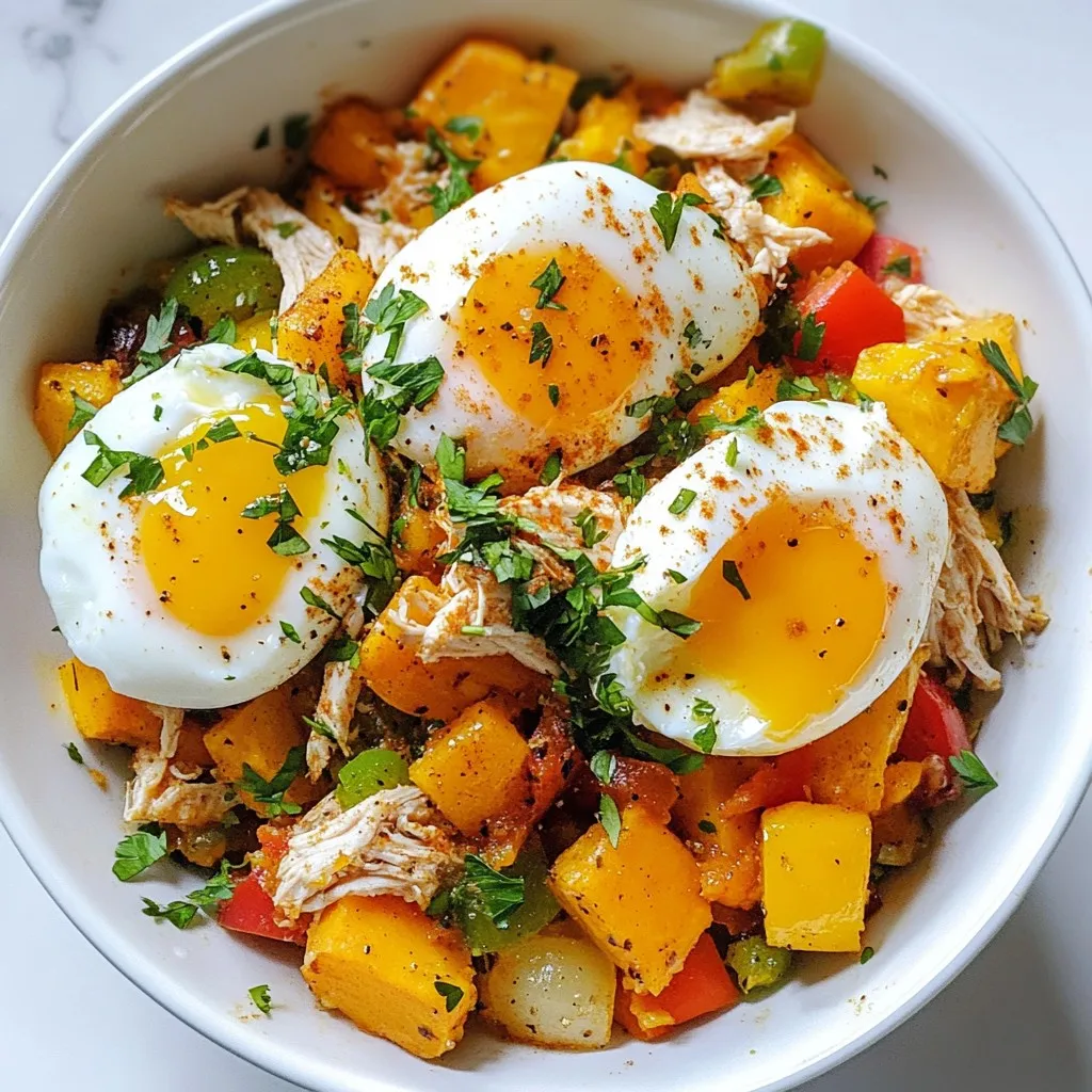 - 2 cups cooked chicken, shredded - 2 medium sweet potatoes, peeled and diced into ½-inch cubes - 1 red bell pepper, diced - 1 green bell pepper, diced - 1 small onion, finely chopped - 3 cloves garlic, minced - 1 teaspoon dried thyme - 1 teaspoon smoked paprika - 1 tablespoon olive oil - Salt and pepper to taste - 4 large eggs (optional) - Fresh parsley, chopped (for garnish) You can add ingredients to enhance the flavor. Here are some choices: - Spinach or kale for extra greens - Cheese, like feta or cheddar, for creaminess - Hot sauce for a spicy kick If you have allergies or need alternatives, consider these options: - Use rotisserie chicken for a time saver. - Swap sweet potatoes for regular potatoes or squash. - For a vegan dish, replace chicken with chickpeas or tofu. - Use vegetable oil if you cannot use olive oil. This recipe is versatile and allows for many changes based on your tastes and needs. Enjoy customizing your dish! {{ingredient_image_2}} Start by gathering all your ingredients. You will need cooked chicken, sweet potatoes, and veggies. Dice the sweet potatoes into small cubes, about ½ inch. Chop the red and green bell peppers. Finely chop the onion. Mince the garlic. Heat 1 tablespoon of olive oil in a large skillet over medium heat. Once hot, add the diced sweet potatoes. Cook them for about 8 to 10 minutes. Stir occasionally until they soften. You want them to caramelize at the edges for flavor. Next, add the chopped onion, bell peppers, and minced garlic to the skillet. Sauté the mix for 5 to 7 minutes. Stir regularly until the veggies become tender and fragrant. The smell will make your kitchen feel warm and inviting. Once your veggies are ready, it’s time to add the chicken. Mix in 2 cups of shredded chicken to the skillet. Season with dried thyme, smoked paprika, salt, and pepper. Stir everything well to coat the chicken in flavor. Cook for 5 more minutes to let the flavors blend. If you want to add eggs, make small wells in the hash. Crack one egg into each well. Cover the skillet with a lid. Cook for 5 to 7 minutes. The whites should set while the yolks stay runny, or cook them as you like. Remove the skillet from heat once done. Sprinkle fresh chopped parsley on top for a pop of color. Serve the hash in shallow bowls. If you added eggs, nestle them right on top. For an extra touch, add a sprinkle of smoked paprika. Enjoy this hearty dish with your family! To make the best harvest chicken hash, start with the right heat. Use medium heat when cooking the sweet potatoes. This helps them soften and brown nicely. Stir them every few minutes to prevent burning. When you add the onions and peppers, sauté them until they are soft. This takes about 5-7 minutes. Cook everything together well. This allows the flavors to blend. If you want crispy edges, let the hash sit without stirring for a minute or two at the end. Serve your chicken hash in shallow bowls. Nestle the eggs on top for a nice look. Add a sprinkle of fresh parsley and smoked paprika for color. You can pair this dish with fresh fruit or a light salad. A side of toast or crusty bread also works well. For drinks, a cup of coffee or fresh juice complements the meal nicely. You can change the flavors in your hash. Try adding different spices like cumin or chili powder. Fresh herbs like cilantro or basil add a unique taste. You can also mix in other vegetables. Zucchini or kale can add more color and nutrition. For a richer flavor, use garlic powder or onion powder. Don’t be afraid to experiment! Each change can make your dish special and new. Pro Tips Use Fresh Herbs: Fresh herbs can elevate the flavor profile of your hash. Consider adding fresh thyme or parsley at the end for a burst of freshness. Perfectly Cooked Eggs: If adding eggs, cover the skillet while they cook to ensure even heat distribution and prevent the yolks from cooking too quickly. Customize Your Vegetables: Feel free to swap in seasonal vegetables like zucchini or kale to match your taste preferences or what you have on hand. Make it a Meal Prep: This dish is great for meal prepping! Store leftovers in the fridge and reheat for a quick, hearty meal throughout the week. {{image_4}} You can switch up the vegetables in your Harvest Chicken Hash. Try using zucchini, kale, or carrots. Each veggie brings its own flavor. If you want more color, add purple potatoes or corn. You can even mix in seasonal veggies for freshness. If you do not have chicken, use turkey or cooked sausage. These options work well with the spices in the dish. If you want to keep it lighter, try shredded rotisserie chicken. You can also use tofu for a different flavor profile. This way, you can enjoy the dish with what you have on hand. To make a vegetarian version, just skip the chicken. Instead, use black beans or chickpeas for protein. You can also add more eggs if you like. For a vegan version, replace eggs with silken tofu. Season the tofu well to add flavor. This way, you can enjoy Harvest Chicken Hash while keeping it plant-based. After making Harvest Chicken Hash, let it cool down. Transfer leftovers to a sealed container. Store it in the fridge for up to four days. Always check for any off smells before eating. To freeze, place the cooled hash in an airtight container. It can last for up to three months in the freezer. Make sure to label the container with the date. This helps you keep track of freshness. When you're ready to eat, just thaw it in the fridge overnight. To reheat, you have several options. You can use the stove for even heating. Just place the hash in a skillet over medium heat. Stir it every few minutes. Alternatively, you can use the microwave. Heat it in short bursts, stirring between each burst. This prevents hot spots. If you added eggs, you may want to cook them fresh for the best taste. Harvest Chicken Hash is a warm, hearty dish. It features cooked chicken, sweet potatoes, and colorful peppers. This tasty mix gives you a great balance of flavors and textures. You can also add eggs for extra protein. The dish is perfect for breakfast or brunch. Yes, you can make Harvest Chicken Hash ahead of time. Just follow the recipe and store it in the fridge. When you're ready to eat, simply reheat it in a skillet. You may need to add a splash of water to keep it moist. This dish stays tasty for up to three days in the fridge. Sweet potatoes are done when they are soft and slightly golden. You can test them by piercing a piece with a fork. If it goes in easily, they are ready. Typically, this takes about 8-10 minutes of cooking. Harvest Chicken Hash pairs well with many sides. You can serve it with fresh fruit or a simple salad. Toast is also a nice choice. For a heartier meal, add some whole grain toast or avocado on the side. This adds healthy fats and more flavor to your plate. To summarize, we explored the ingredients, steps, tips, variations, and storage for Harvest Chicken Hash. This dish is versatile and easy to customize. You can use different proteins or veggies to suit your taste. It’s also simple to store and reheat. Try making this meal ahead of time for easy weeknight dinners. You’ll enjoy a tasty dish that suits any diet. Give it a go, and have fun experimenting in the kitchen!