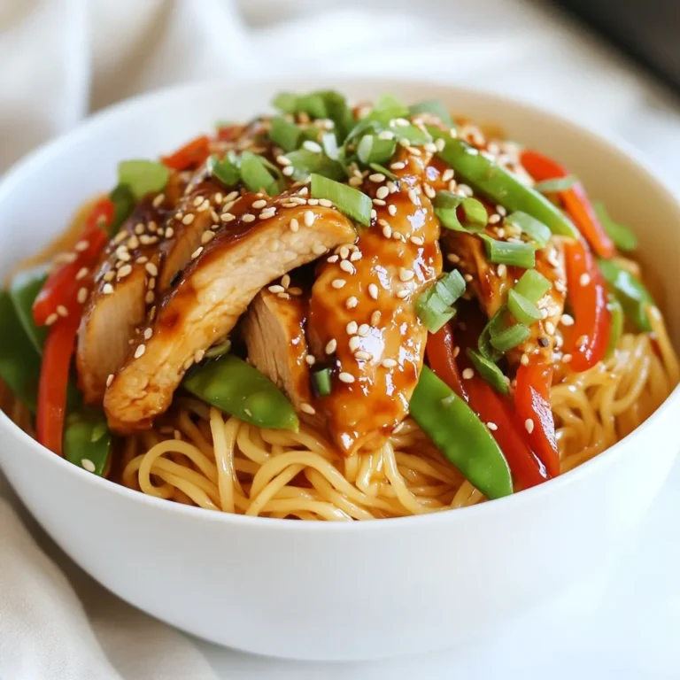 For Chicken Teriyaki Noodles, we need a mix of fresh and easy items. The main parts include rice noodles, chicken, sauces, and colorful veggies. Each ingredient adds flavor. - 2 chicken breasts, thinly sliced - 2 tablespoons soy sauce - 2 tablespoons teriyaki sauce The chicken is the star. I use two chicken breasts for the best taste. Slice them thin for even cooking. The soy sauce and teriyaki sauce make a tasty marinade. They add a salty and sweet flavor to the chicken. Let it soak for at least 15 minutes. - 200g rice noodles - 1 red bell pepper, sliced into thin strips - 1 cup snap peas, trimmed - 2 green onions, chopped (for garnish) - 2 cloves garlic, minced - 1 teaspoon fresh ginger, grated - 1 tablespoon sesame oil - 1 tablespoon vegetable oil - Sesame seeds, for garnish - Salt and freshly ground pepper, to taste The veggies bring color and crunch. I choose red bell pepper and snap peas for their bright flavors. Garlic and ginger give a nice kick to the dish. Sesame oil adds a nutty taste. Don't forget the salt and pepper to balance everything. The green onions and sesame seeds are perfect for a pretty finish. {{ingredient_image_2}} Start by boiling a large pot of water. Once the water bubbles, add 200 grams of rice noodles. Cook them according to the package directions. You want them tender but not mushy. After cooking, drain the noodles and set them aside. Make sure they do not stick together. Take two thinly sliced chicken breasts and place them in a bowl. Add two tablespoons of soy sauce and two tablespoons of teriyaki sauce. Mix well so every piece of chicken gets a good coat. Let the chicken marinate for about 15 minutes. This step helps the chicken soak up all the yummy flavors. In a large skillet or wok, heat one tablespoon of vegetable oil over medium-high heat. Add the sliced red bell pepper and one cup of snap peas. Stir-fry the veggies for 3 to 4 minutes. You want them bright and slightly tender. When done, take them out and put them on a plate. Using the same skillet, add one tablespoon of sesame oil. Heat it up, then toss in two cloves of minced garlic and one teaspoon of grated ginger. Stir for about 30 seconds until it smells great. Now add the marinated chicken. Cook it for 5 to 7 minutes, stirring often. Make sure the chicken is cooked through and no longer pink. Once the chicken is ready, add the sautéed vegetables back to the skillet. Then, add the drained rice noodles. Gently toss all the ingredients together. Season with salt and freshly ground pepper to your liking. Heat everything for another 2 to 3 minutes. This makes sure all the flavors blend well. Take the skillet off the heat. Plate the chicken teriyaki noodles in bowls. Garnish with chopped green onions and a sprinkle of sesame seeds. For a nice touch, drizzle some extra teriyaki sauce on top. This will make your dish look even more inviting! To make Chicken Teriyaki Noodles just right, follow these simple steps. Start by cooking the noodles until they are tender but still firm. This will help prevent them from becoming mushy. Drain them well and set them aside. Next, marinate the chicken for at least 15 minutes. This helps to lock in flavor. When you sauté the veggies, keep them colorful and slightly crisp. This adds a nice texture to your dish. To boost flavors, use fresh ingredients. Fresh garlic and ginger make a big difference. If you want extra zest, add a splash of lime juice at the end. You can also play with your sauces. Mixing different brands of soy and teriyaki sauce can create a unique taste. Don't forget to season well with salt and pepper. A careful balance of flavors will elevate your dish. For a beautiful finish, serve your noodles in shallow bowls. Drizzle a little extra teriyaki sauce on top before garnishing. This adds a nice shine and extra flavor. Use a generous amount of chopped green onions and sesame seeds for that pop of color. A well-presented meal looks more appetizing and makes any dinner feel special. Pro Tips Marinate Longer for Intense Flavor: If time allows, marinate the chicken for at least 30 minutes or even overnight. This will enhance the flavor and tenderness of the chicken significantly. Use Fresh Ingredients: Fresh vegetables like snap peas and bell peppers not only add vibrant color but also provide a crunch that enhances the overall dish texture. Customize Your Noodles: Feel free to experiment with different types of noodles such as soba or udon for a unique twist on this classic recipe. Garnish for Appeal: Beyond green onions and sesame seeds, consider adding a splash of lime juice or slices of lime for a zesty touch that brightens the flavors. {{image_4}} You can switch the chicken for tofu or beef. For tofu, use firm or extra-firm types. Cut them into cubes and marinate them the same way. Cook until golden, about 5-7 minutes. For beef, choose thinly sliced flank steak. Cook it quickly over high heat for a juicy texture. Both options add unique flavors and textures to your dish. Feel free to change up the veggies. Instead of red bell pepper, you can use broccoli, carrots, or zucchini. Each adds its own taste and crunch. You can mix colors for a vibrant look. Just ensure you cook them until tender but still crisp. This keeps your meal fresh and exciting. To make this dish gluten-free, use gluten-free soy sauce or tamari. Ensure your rice noodles are gluten-free, as most are. You can also add more veggies or use quinoa instead of noodles. This keeps your meal tasty while meeting dietary needs. Enjoying Chicken Teriyaki Noodles is easy for everyone! After you enjoy your Chicken Teriyaki Noodles, store the leftovers in an airtight container. Keep them in the fridge for up to three days. Make sure the noodles are cool before sealing the container. This step helps to keep them fresh. To reheat your noodles, use a skillet over medium heat. Add a splash of water or broth to prevent sticking. Stir often until heated through. You can also use a microwave. Place the noodles in a bowl and cover with a damp paper towel. Heat in short bursts, stirring in between, until warm. If you want to freeze your Chicken Teriyaki Noodles, first let them cool completely. Transfer them to a freezer-safe bag or container. Remove as much air as possible. They can stay frozen for up to three months. When you’re ready to eat, thaw them overnight in the fridge. Then, reheat as mentioned above. Yes, you can make Chicken Teriyaki Noodles ahead. To do this, cook the noodles and chicken as usual. Let them cool before you store them. Use an airtight container and keep them in the fridge for up to three days. When ready to eat, reheat in a pan or microwave until hot. Serve Chicken Teriyaki Noodles with simple sides like steamed broccoli or a fresh salad. You can also pair it with edamame or spring rolls. These will add color and flavor to your meal. A light cucumber salad with rice vinegar is a refreshing choice too. To make more servings, simply double or triple the ingredients. For example, use four chicken breasts and 400g of rice noodles. Keep the ratios of sauces and vegetables the same. This way, the flavors will stay balanced. Adjust the cooking time if necessary, especially for the chicken. Yes, you can make a vegetarian version. Replace the chicken with tofu or tempeh for protein. Use the same marinade with soy sauce and teriyaki sauce. For a fresh twist, add more vegetables like mushrooms, carrots, or zucchini. These will give your dish great texture and flavor. In this blog post, we explored ingredients for Chicken Teriyaki Noodles, including chicken, marinade, vegetables, and spices. I shared step-by-step cooking instructions and valuable tips to enhance your dish. You learned about protein options and storage methods. Making this dish is fun and easy. With practice, you'll impress family and friends. Enjoy your delicious Chicken Teriyaki Noodles! Happy cooking!