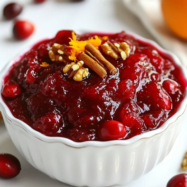- 12 oz fresh or frozen cranberries - 1 cup freshly squeezed orange juice - 1/2 cup granulated sugar - 1/4 cup packed brown sugar - 1 teaspoon ground cinnamon - 1/2 teaspoon ground nutmeg - 1/4 teaspoon ground cloves - Zest of 1 large orange - 1/4 cup coarsely chopped walnuts (optional) - Pinch of salt Gather these ingredients before you start. Fresh or frozen cranberries work well. The orange juice gives a bright taste. You can use store-bought juice if you like. Both sugars add sweetness and depth. The spices make this sauce warm and cozy. Use a fresh orange for zest to boost the flavor. If you want a crunch, add walnuts. They are optional but tasty. A pinch of salt balances the sweetness. With these items, you are ready to make a delicious spiced cranberry sauce! {{ingredient_image_2}} - Combine cranberries, orange juice, sugars, and salt in a saucepan. - Heat the mixture over medium heat until it simmers. - Reduce heat and let it simmer while stirring. Start by taking your fresh or frozen cranberries and putting them in a medium saucepan. Pour in a cup of orange juice. This juice adds a nice zesty flavor. Next, add a half cup of granulated sugar and a quarter cup of brown sugar. Don’t forget the pinch of salt; it balances the sweet taste. Stir everything well, so the sugars mix with the juice. Now, place the saucepan over medium heat. Keep stirring as the mixture warms. Soon, you will see it start to bubble gently. This means it’s time to lower the heat. Let it simmer for about 10 to 15 minutes. As it cooks, stir occasionally. You will notice the cranberries begin to burst and break down. This bursting releases all their juicy goodness. - Incorporate ground cinnamon, nutmeg, cloves, and orange zest. Once the cranberries are soft, it's time to add spices. Sprinkle in one teaspoon of ground cinnamon. This spice gives warmth. Then, add half a teaspoon of ground nutmeg for a little extra flavor. Next, stir in a quarter teaspoon of ground cloves. These spices will make your sauce smell amazing! Finally, don’t forget the zest of one large orange. This zest adds brightness and enhances the orange flavor. Stir it all together until the spices are mixed well. - Add walnuts (if using) and cook until thickened. - Cool and transfer to a serving container. If you want to add a bit of crunch, now is the time to fold in the walnuts. Use about a quarter cup of coarsely chopped walnuts. Let the sauce cook for a few more minutes until it thickens. When it looks good, remove the saucepan from the heat. Let it cool at room temperature. The sauce will thicken even more as it cools. Once cool, transfer your beautiful spiced cranberry sauce to a decorative serving dish or an airtight container. Store it in the fridge until you are ready to serve. Enjoy the burst of flavors! To avoid burning or sticking, keep the heat low once it simmers. Stir often, especially as the sauce thickens. The ideal cooking time is 10-15 minutes. This lets the flavors blend well without overcooking. Balancing sweetness and spice levels is key. Taste the sauce as it cooks. If it’s too tart, add a bit more sugar. If you want more spice, add a pinch of cinnamon or nutmeg. Spiced cranberry sauce pairs well with turkey, ham, or even on a cheese board. It adds a nice burst of flavor to your holiday plate. For presentation, serve the sauce in a pretty bowl. Garnish with a twist of orange peel or some chopped walnuts. This makes it look festive and inviting. Cranberries are low in calories but high in nutrients. They are rich in vitamins C and K. The spices also bring health perks. Cinnamon can help control blood sugar. Nutmeg may aid digestion. Together, these ingredients make your sauce tasty and good for you. Pro Tips Use Fresh Cranberries: Fresh cranberries will provide the best flavor and texture. If using frozen, ensure they are fully thawed and drained to avoid excess liquid. Balance the Sweetness: Adjust the amount of sugar based on your taste preference. If you prefer a tart sauce, reduce the sugar slightly. Spice It Up: Feel free to experiment with additional spices like ginger or allspice to customize the flavor profile to your liking. Storage Tips: This cranberry sauce can be made ahead of time and stored in an airtight container in the refrigerator for up to a week, making it a perfect dish for holiday meal prep. {{image_4}} You can change up the flavor of your spiced cranberry sauce by using lemon or grapefruit juice instead of orange juice. Lemon gives a tart twist, while grapefruit adds a unique sweetness. Just keep the same amount. This swap keeps the sauce fresh and zesty. For a more complex taste, try adding ginger or cardamom. Both spices bring a warm and spicy note to the sauce. You can also adjust the sweetness with honey or maple syrup. This change makes the sauce more natural and adds depth. Start with a small amount, then taste and add more if needed. If you want to make the sauce nut-free, you can leave out the walnuts. For a crunchy texture, try using seeds instead. Sunflower seeds or pumpkin seeds work well. They add a nice crunch without the nut allergy risk. To store leftover spiced cranberry sauce, place it in an airtight container. This keeps it fresh. You can keep it in the fridge for up to two weeks. If you want to enjoy it later, freezing is a great option. To freeze your sauce, start by letting it cool completely. Then, choose a strong container, like a freezer-safe jar or plastic container. Leave some space at the top for expansion. Seal the container well and label it with the date. When you want to use it, move it to the fridge to thaw overnight. When you're ready to serve, check the sauce's texture. If it seems thick, stir in a little orange juice to loosen it. You can gently heat it on the stove or in the microwave. Warm it slowly to keep the flavors bright. Serve it as a side dish or a topping. Enjoying this sauce is easy, even after storage! Homemade cranberry sauce lasts about one week in the fridge. Store it in an airtight container. If you freeze it, it can last for three to four months. Just make sure to use a freezer-safe container to avoid freezer burn. Yes, you can use dried cranberries. However, they are sweeter than fresh ones. To adapt the recipe, soak dried cranberries in warm water for about 30 minutes. Then, follow the same steps but reduce the sugar by half. This change helps balance the sweetness with the spices. Spiced cranberry sauce pairs well with many dishes. It shines on turkey or ham during holiday meals. You can also serve it with roasted vegetables or a cheese platter. The sauce adds a nice tang and sweetness to savory foods. This blog post covered how to make a delicious spiced cranberry sauce. We walked through the ingredients, prep steps, and tips for the perfect sauce. Remember to balance sweetness and spices for great flavor. You can freeze leftovers and heat them later for easy serving. Try new flavors and enjoy the health benefits of cranberries. This sauce will elevate your meals, adding a festive touch. Make it your own and share it with family and friends!