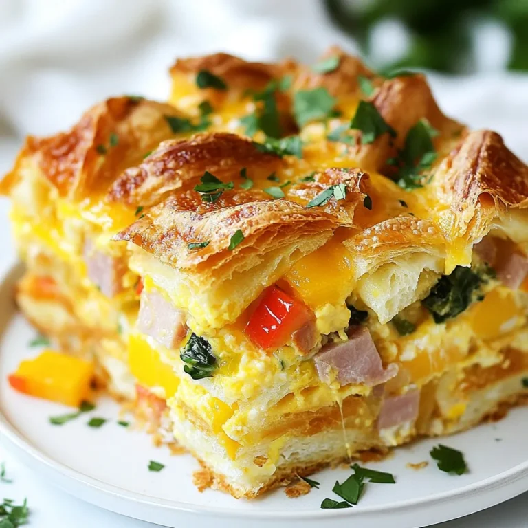 To make this tasty casserole, you need these main ingredients: - 6 large croissants, torn into bite-sized pieces - 6 large eggs - 2 cups whole milk - 1 cup shredded Gruyère cheese, divided - 1 cup diced cooked ham or turkey - 1 bell pepper, diced - 1 cup fresh spinach, chopped - 1 teaspoon garlic powder - ½ teaspoon salt - ½ teaspoon black pepper - 1 tablespoon Dijon mustard These simple ingredients come together to create a rich, flavorful dish. The croissants offer a buttery base, while the eggs and cheese provide creaminess. The ham or turkey adds protein, and the veggies bring freshness. You can customize the casserole to fit your taste. Here are some great options: - Swap the ham for cooked sausage or bacon for extra flavor. - Use different cheeses like cheddar or feta for a unique twist. - Add diced tomatoes or mushrooms for more veggies. - If you want a vegetarian option, leave out the meat entirely. These changes can make the dish your own and suit your family's preferences. Herbs can enhance the flavor and look of your casserole. Here are some tasty options: - Fresh parsley - Chives - Thyme - Basil Sprinkle these herbs on top before serving. They add color and a burst of fresh flavor. You can also serve the casserole with a light salad or fresh fruit for a balanced breakfast. {{ingredient_image_2}} Generously grease a 9x13 inch baking dish. You can use cooking spray or softened butter. This step helps the casserole come out easily after baking. Tear 6 large croissants into bite-sized pieces. Spread them evenly across the bottom of your baking dish. This layer is the base of your casserole. Next, sprinkle a cup of diced cooked ham or turkey on top. Add one diced bell pepper and a cup of chopped spinach for color and flavor. Finally, sprinkle ¾ cup of shredded Gruyère cheese over the top. This mix adds richness and texture. In a large bowl, whisk together 6 large eggs and 2 cups of whole milk. Add 1 teaspoon of garlic powder, ½ teaspoon of salt, and ½ teaspoon of black pepper. Don’t forget the 1 tablespoon of Dijon mustard for a little kick. Whisk until creamy and smooth. Pour this egg mixture over the layered croissants and fillings. Gently press down to make sure the croissant pieces soak up the mixture. Lastly, sprinkle the remaining ¼ cup of Gruyère cheese on top for a cheesy finish. To get the best flavor, soak your croissants well. Use a mix of eggs and milk. Whisk the eggs and milk together until smooth. Pour it over the croissants. Press them down gently to soak every piece. This helps the croissants soak up the mix. Let them sit in the fridge overnight. This makes them soft and tasty. For added flavor, try adding spices, like garlic powder or herbs. For a great cheese crust, use Gruyère cheese. It melts nicely and browns well. Sprinkle it on top before baking. This will create a golden and crispy layer. Don’t skip this step; it adds a lot of flavor. You can also mix in some Parmesan for extra taste. If you want a richer flavor, use aged cheese. To reheat leftovers, use an oven for the best results. Preheat your oven to 350°F (175°C). Place individual servings in an oven-safe dish. Cover with foil to keep them moist. Heat for about 15-20 minutes. If you want a crispy top, remove the foil for the last few minutes. You can also use a microwave, but the texture won’t be as good. Pro Tips Use Day-Old Croissants: For the best texture, use croissants that are a day or two old. They will absorb the egg mixture better without becoming too soggy. Customize Your Fillings: Feel free to mix and match your fillings! Try adding sautéed mushrooms, zucchini, or different types of cheese for a unique twist. Let It Rest: Allowing the casserole to rest in the refrigerator overnight is key. This gives the croissants time to soak up the custard, resulting in a fluffy texture. Garnish for Freshness: Adding fresh herbs before serving not only enhances the presentation but also brightens the flavors of the casserole. {{image_4}} You can make this dish vegetarian by skipping the meat. Use extra veggies instead. Try adding mushrooms or zucchini for more texture. You can also include diced tomatoes for a fresh burst of flavor. Spinach and bell peppers already add color and nutrients. This makes the dish hearty and filling without any meat. While Gruyère is rich and creamy, you can switch it up. Try mozzarella for a milder taste. Cheddar gives a sharp kick, which some may enjoy. Goat cheese adds a tangy twist that pairs well with the egg. Mix and match to find your favorite cheese blend. Each option changes the flavor in a fun way. You can adjust this casserole for different seasons. In fall, add pumpkin puree and spices like nutmeg or cinnamon. For winter, consider using sage or rosemary for a cozy flavor. In spring, fresh herbs like dill or basil can brighten the dish. Summer is great for fresh tomatoes and corn. Each season brings new tastes to enjoy. To keep your leftover casserole fresh, place it in an airtight container. Make sure to cover it tightly. Store it in the fridge for up to three days. This helps retain the flavors and texture of the dish. If you want to save some for later, freezing works well. Cut the casserole into portions. Place each piece in freezer-safe bags or containers. Label them with the date. You can freeze it for up to three months. To reheat, take the casserole out of the fridge or freezer. If frozen, let it thaw overnight in the fridge. Preheat your oven to 350°F (175°C). Place the casserole in a baking dish, cover with foil, and warm it for about 20-30 minutes. Check that it’s heated all the way through before serving. Enjoy your tasty breakfast! Yes, day-old croissants work great. They soak up the egg mixture better. Fresh croissants can be too soft and mushy. Day-old croissants hold their shape well and add a nice texture to the casserole. Just tear them into bite-sized pieces and layer them in your baking dish. You can store the casserole in the fridge for up to three days. Make sure to cover it well with plastic wrap. This keeps it fresh and prevents any odors from other foods in the fridge. Just reheat it before serving for a quick breakfast. Yes, you can make this dish gluten-free. Use gluten-free croissants instead of regular ones. Many stores sell these now, or you can make your own. Just ensure all other ingredients, like cheese and ham, are also gluten-free. This way, everyone can enjoy the casserole! Overnight croissant breakfast casserole is a tasty and easy dish to make. We covered key ingredients, from croissants to herbs. I shared step-by-step instructions to help you create it perfectly. Tips for soaking croissants and reheating leftovers ensure good results. You can also try variations like vegetarian options and seasonal flavors. This casserole is flexible and can fit any taste. Enjoy your cooking!