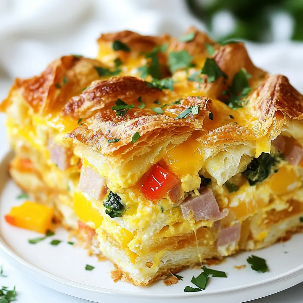 To make this tasty casserole, you need these main ingredients: - 6 large croissants, torn into bite-sized pieces - 6 large eggs - 2 cups whole milk - 1 cup shredded Gruyère cheese, divided - 1 cup diced cooked ham or turkey - 1 bell pepper, diced - 1 cup fresh spinach, chopped - 1 teaspoon garlic powder - ½ teaspoon salt - ½ teaspoon black pepper - 1 tablespoon Dijon mustard These simple ingredients come together to create a rich, flavorful dish. The croissants offer a buttery base, while the eggs and cheese provide creaminess. The ham or turkey adds protein, and the veggies bring freshness. You can customize the casserole to fit your taste. Here are some great options: - Swap the ham for cooked sausage or bacon for extra flavor. - Use different cheeses like cheddar or feta for a unique twist. - Add diced tomatoes or mushrooms for more veggies. - If you want a vegetarian option, leave out the meat entirely. These changes can make the dish your own and suit your family's preferences. Herbs can enhance the flavor and look of your casserole. Here are some tasty options: - Fresh parsley - Chives - Thyme - Basil Sprinkle these herbs on top before serving. They add color and a burst of fresh flavor. You can also serve the casserole with a light salad or fresh fruit for a balanced breakfast. {{ingredient_image_2}} Generously grease a 9x13 inch baking dish. You can use cooking spray or softened butter. This step helps the casserole come out easily after baking. Tear 6 large croissants into bite-sized pieces. Spread them evenly across the bottom of your baking dish. This layer is the base of your casserole. Next, sprinkle a cup of diced cooked ham or turkey on top. Add one diced bell pepper and a cup of chopped spinach for color and flavor. Finally, sprinkle ¾ cup of shredded Gruyère cheese over the top. This mix adds richness and texture. In a large bowl, whisk together 6 large eggs and 2 cups of whole milk. Add 1 teaspoon of garlic powder, ½ teaspoon of salt, and ½ teaspoon of black pepper. Don’t forget the 1 tablespoon of Dijon mustard for a little kick. Whisk until creamy and smooth. Pour this egg mixture over the layered croissants and fillings. Gently press down to make sure the croissant pieces soak up the mixture. Lastly, sprinkle the remaining ¼ cup of Gruyère cheese on top for a cheesy finish. To get the best flavor, soak your croissants well. Use a mix of eggs and milk. Whisk the eggs and milk together until smooth. Pour it over the croissants. Press them down gently to soak every piece. This helps the croissants soak up the mix. Let them sit in the fridge overnight. This makes them soft and tasty. For added flavor, try adding spices, like garlic powder or herbs. For a great cheese crust, use Gruyère cheese. It melts nicely and browns well. Sprinkle it on top before baking. This will create a golden and crispy layer. Don’t skip this step; it adds a lot of flavor. You can also mix in some Parmesan for extra taste. If you want a richer flavor, use aged cheese. To reheat leftovers, use an oven for the best results. Preheat your oven to 350°F (175°C). Place individual servings in an oven-safe dish. Cover with foil to keep them moist. Heat for about 15-20 minutes. If you want a crispy top, remove the foil for the last few minutes. You can also use a microwave, but the texture won’t be as good. Pro Tips Use Day-Old Croissants: For the best texture, use croissants that are a day or two old. They will absorb the egg mixture better without becoming too soggy. Customize Your Fillings: Feel free to mix and match your fillings! Try adding sautéed mushrooms, zucchini, or different types of cheese for a unique twist. Let It Rest: Allowing the casserole to rest in the refrigerator overnight is key. This gives the croissants time to soak up the custard, resulting in a fluffy texture. Garnish for Freshness: Adding fresh herbs before serving not only enhances the presentation but also brightens the flavors of the casserole. {{image_4}} You can make this dish vegetarian by skipping the meat. Use extra veggies instead. Try adding mushrooms or zucchini for more texture. You can also include diced tomatoes for a fresh burst of flavor. Spinach and bell peppers already add color and nutrients. This makes the dish hearty and filling without any meat. While Gruyère is rich and creamy, you can switch it up. Try mozzarella for a milder taste. Cheddar gives a sharp kick, which some may enjoy. Goat cheese adds a tangy twist that pairs well with the egg. Mix and match to find your favorite cheese blend. Each option changes the flavor in a fun way. You can adjust this casserole for different seasons. In fall, add pumpkin puree and spices like nutmeg or cinnamon. For winter, consider using sage or rosemary for a cozy flavor. In spring, fresh herbs like dill or basil can brighten the dish. Summer is great for fresh tomatoes and corn. Each season brings new tastes to enjoy. To keep your leftover casserole fresh, place it in an airtight container. Make sure to cover it tightly. Store it in the fridge for up to three days. This helps retain the flavors and texture of the dish. If you want to save some for later, freezing works well. Cut the casserole into portions. Place each piece in freezer-safe bags or containers. Label them with the date. You can freeze it for up to three months. To reheat, take the casserole out of the fridge or freezer. If frozen, let it thaw overnight in the fridge. Preheat your oven to 350°F (175°C). Place the casserole in a baking dish, cover with foil, and warm it for about 20-30 minutes. Check that it’s heated all the way through before serving. Enjoy your tasty breakfast! Yes, day-old croissants work great. They soak up the egg mixture better. Fresh croissants can be too soft and mushy. Day-old croissants hold their shape well and add a nice texture to the casserole. Just tear them into bite-sized pieces and layer them in your baking dish. You can store the casserole in the fridge for up to three days. Make sure to cover it well with plastic wrap. This keeps it fresh and prevents any odors from other foods in the fridge. Just reheat it before serving for a quick breakfast. Yes, you can make this dish gluten-free. Use gluten-free croissants instead of regular ones. Many stores sell these now, or you can make your own. Just ensure all other ingredients, like cheese and ham, are also gluten-free. This way, everyone can enjoy the casserole! Overnight croissant breakfast casserole is a tasty and easy dish to make. We covered key ingredients, from croissants to herbs. I shared step-by-step instructions to help you create it perfectly. Tips for soaking croissants and reheating leftovers ensure good results. You can also try variations like vegetarian options and seasonal flavors. This casserole is flexible and can fit any taste. Enjoy your cooking!