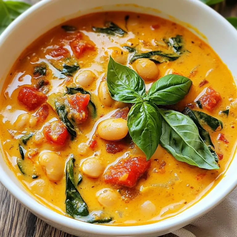 To make the creamy vegan tomato white bean stew, gather these simple ingredients: - 1 tablespoon olive oil - 1 medium onion, finely chopped - 3 cloves garlic, minced - 1 medium carrot, diced - 1 celery stalk, diced - 1 teaspoon dried oregano - 1 teaspoon smoked paprika - 1 (28-ounce) can crushed tomatoes - 2 cups vegetable broth - 1 (15-ounce) can white beans, rinsed and drained - 1 cup coconut milk - 2 cups fresh spinach, roughly chopped - Salt and freshly ground black pepper to taste - Fresh basil leaves for garnish (optional) You might want to add these optional ingredients for even more flavor: - A dash of red pepper flakes for heat - A squeeze of lemon juice for brightness - Nutritional yeast for a cheesy flavor - A bay leaf while simmering for depth If you need to swap some ingredients, here are a few ideas: - Use avocado oil instead of olive oil for a different taste. - Swap white beans for chickpeas or lentils if you prefer. - Coconut milk can be replaced with almond milk for a lighter stew. - If you don’t have fresh spinach, use kale or frozen spinach instead. These substitutions can help you customize the stew to your taste or what you have on hand. Enjoy creating your own version! {{ingredient_image_2}} Start by gathering your ingredients. You need olive oil, onion, garlic, carrot, celery, oregano, and smoked paprika. 1. In a large pot, heat 1 tablespoon of olive oil over medium heat until it shimmers. 2. Add 1 medium onion, finely chopped. Sauté for about 3 to 4 minutes. The onion should become soft and fragrant. 3. Next, add 3 minced garlic cloves, 1 diced carrot, and 1 diced celery stalk. Cook these for 5 minutes until they soften. You want the garlic to smell good. Now let’s add more flavor. 1. Sprinkle in 1 teaspoon each of dried oregano and smoked paprika. Stir for about 1 minute to mix the spices well. 2. Pour in 1 (28-ounce) can of crushed tomatoes and 2 cups of vegetable broth. Bring this mixture to a gentle simmer. 3. Let it simmer for about 15 minutes. This helps the flavors blend nicely. It’s time to finish your stew. 1. Add in 1 (15-ounce) can of rinsed white beans and 1 cup of coconut milk. Stir well to mix everything together. 2. Let it simmer for another 10 minutes. This will make your stew creamy and warm. 3. Finally, fold in 2 cups of roughly chopped fresh spinach. Cook for 2 to 3 more minutes until the spinach wilts. 4. Season with salt and freshly ground black pepper to fit your taste. Now, you have a deliciously creamy vegan tomato white bean stew ready to serve! To get the best flavor, start with fresh ingredients. Use ripe tomatoes and fresh herbs. Dried oregano and smoked paprika add depth. Sauté the onion and garlic until they are fragrant. This step helps build a strong base. Let your stew simmer for a while. This allows the flavors to blend well. Taste as you go, and adjust seasoning. A pinch of salt or pepper can make a big difference. For a creamier stew, use full-fat coconut milk. This gives a rich texture that enhances the dish. You can also blend a portion of the stew. This will create a thicker base without losing the chunky goodness. If you want even more creaminess, add a splash of plant-based cream. This small step can elevate the stew to new heights. Use a large, heavy-bottomed pot for even cooking. A Dutch oven works great for this recipe. It retains heat and helps with simmering. A wooden spoon is perfect for stirring. It prevents scratching and helps mix the ingredients well. Use a sharp knife for chopping vegetables. This makes prep work quicker and safer. Lastly, a good cutting board is essential. It keeps your workspace organized and clean. Pro Tips Use Fresh Herbs: Adding fresh basil or parsley just before serving enhances the flavor and aroma of the stew. Adjust Creaminess: For a richer texture, use full-fat coconut milk, or try a blend of coconut milk and cashew cream. Vegetable Variations: Feel free to add seasonal vegetables like zucchini or bell peppers for extra nutrition and flavor. Perfect Pairing: This stew pairs beautifully with crusty bread or over a bed of cooked quinoa for a complete meal. {{image_4}} You can add many vegetables to this stew. They will boost flavor and nutrition. Try bell peppers for a sweet crunch. Zucchini adds moisture and a nice texture. Mushrooms bring an earthy taste. You can also use kale or Swiss chard instead of spinach. They will add color and vitamins. If you want more protein, swap white beans for chickpeas or lentils. Both options are hearty and filling. Chickpeas add a nutty flavor. Lentils cook quickly and soak up the stew's taste. You can also try tofu. It adds protein and takes on the stew's flavor well. Changing herbs and spices can change the stew's taste. For a fresh zing, add thyme or rosemary. If you like heat, sprinkle in some red pepper flakes. A hint of curry powder gives it a warm vibe. Try adding fresh cilantro for a bright finish. These small changes will make your stew unique every time! After you enjoy your creamy vegan tomato white bean stew, store any leftovers in the fridge. Use an airtight container to keep it fresh. It will stay good for about 3 to 5 days. Before serving, check for any off smells or changes in texture. Proper storage keeps your stew safe and tasty. If you want to save the stew for later, freezing is a great option. Let the stew cool completely before transferring it to freezer-safe containers. Make sure to leave some space at the top, as the stew will expand when frozen. You can freeze it for up to 3 months. Label your containers with the date to keep track. To reheat your stew, the stovetop is the best method. Pour the stew into a pot and warm it over low heat. Stir it often to prevent sticking. If the stew seems too thick, add a splash of vegetable broth or water. You can also microwave it in a microwave-safe bowl. Heat it in short bursts, stirring in between. Enjoy your stew warm for the best flavor! Yes, you can easily make this stew nut-free. Instead of coconut milk, use a nut-free cream or extra vegetable broth. This keeps the creamy texture without using nuts. To thicken the stew, mash some of the white beans directly in the pot. You can also add a tablespoon of cornstarch mixed with water. This will help create a heartier stew. This stew pairs well with crusty bread for dipping. You can also serve it with a fresh salad or rice for a complete meal. For an extra touch, sprinkle fresh basil on top before serving. In this blog, we explored the key ingredients for a creamy vegan tomato white bean stew. We walked through the steps needed to prepare and cook the dish, ensuring rich flavors. I shared tips for the best results, variations to try, and important storage methods. Cooking should be fun and easy. With these tricks, you’ll create a tasty meal. Enjoy experimenting and making this stew your own. The joy of cooking lies in finding flavors that you love!